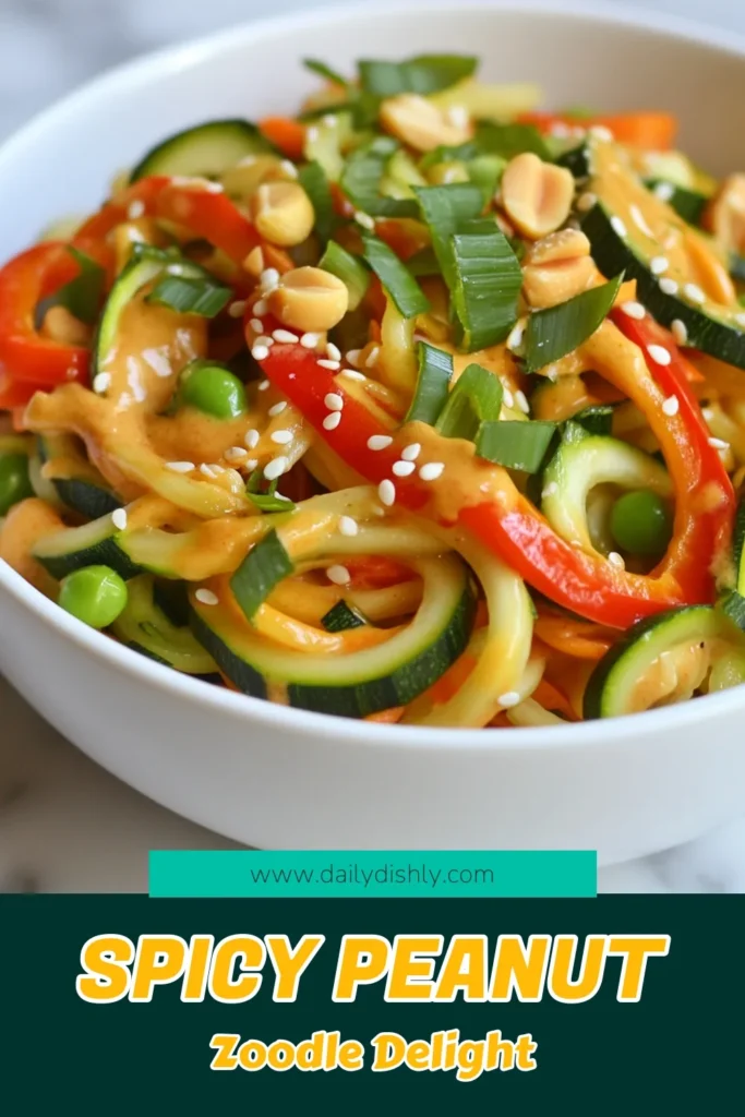 Discover this delicious Spicy Peanut Zoodle Bowl that combines the fresh crunch of zucchini noodles with a creamy peanut sauce. Our Spicy peanut zoodle recipe is not only gluten-free but also a quick and easy zoodle meal perfect for healthy eating. This healthy zoodle bowl recipe will satisfy your cravings while keeping your meals light. Save this recipe for a fast dinner idea tonight! #SpicyPeanutZoodles #HealthyRecipes #ZoodleBowl #GlutenFreeDish