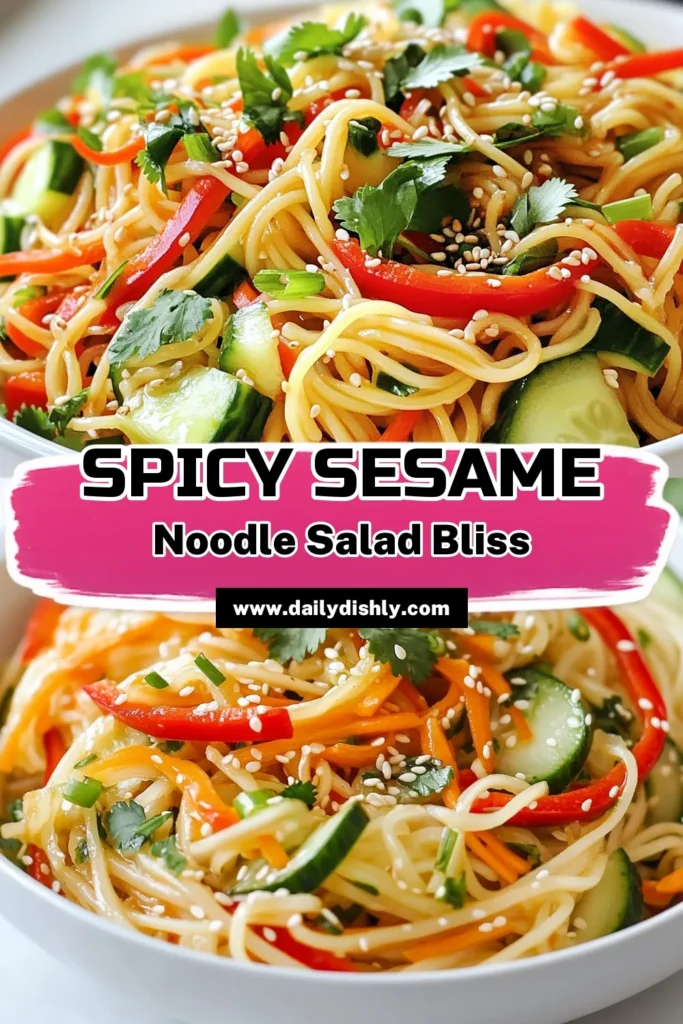 Discover the vibrant flavors of this Spicy Sesame Noodle Salad! This easy Rice Noodle Salad Recipe is perfect for a light meal or side dish. Enjoy the freshness of vegetables in this Cold Noodle Salad, where the combination of soy sauce, sesame oil, and sriracha brings all the flavors together. It's not just delicious, but it's also a satisfying Vegan Noodle Salad. Save this recipe for your next meal! #NoodleSalad #VeganRecipes #HealthyEating #AsianCuisine