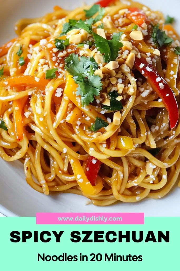 Discover the perfect quick noodle dinner recipe with these easy Spicy Szechuan Noodles! This Szechuan-style egg noodles recipe is packed with bold flavors and vibrant veggies, making it a delightful vegetarian option. Ready in just 20 minutes, it's ideal for busy weeknights. Bring spice to your table tonight! Try this easy spicy noodle recipe and enjoy a burst of flavor. Save it for later! #SpicySzechuanNoodles #QuickDinner #VegetarianRecipes #NoodleLovers