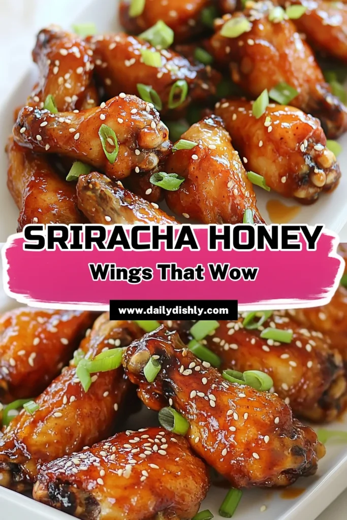 Spice up your game day with these irresistible Sriracha Honey Chicken Wings. This easy chicken wing marinade infuses juicy wings with a delightful honey sriracha glaze that will keep everyone coming back for more. Perfectly baked chicken wings are crispy on the outside and tender on the inside. Try this spicy chicken wing recipe for a delicious treat! Save this recipe for your next gathering and get ready for compliments! #SrirachaHoneyWings #ChickenWings #SpicyRecipe #BakedWings