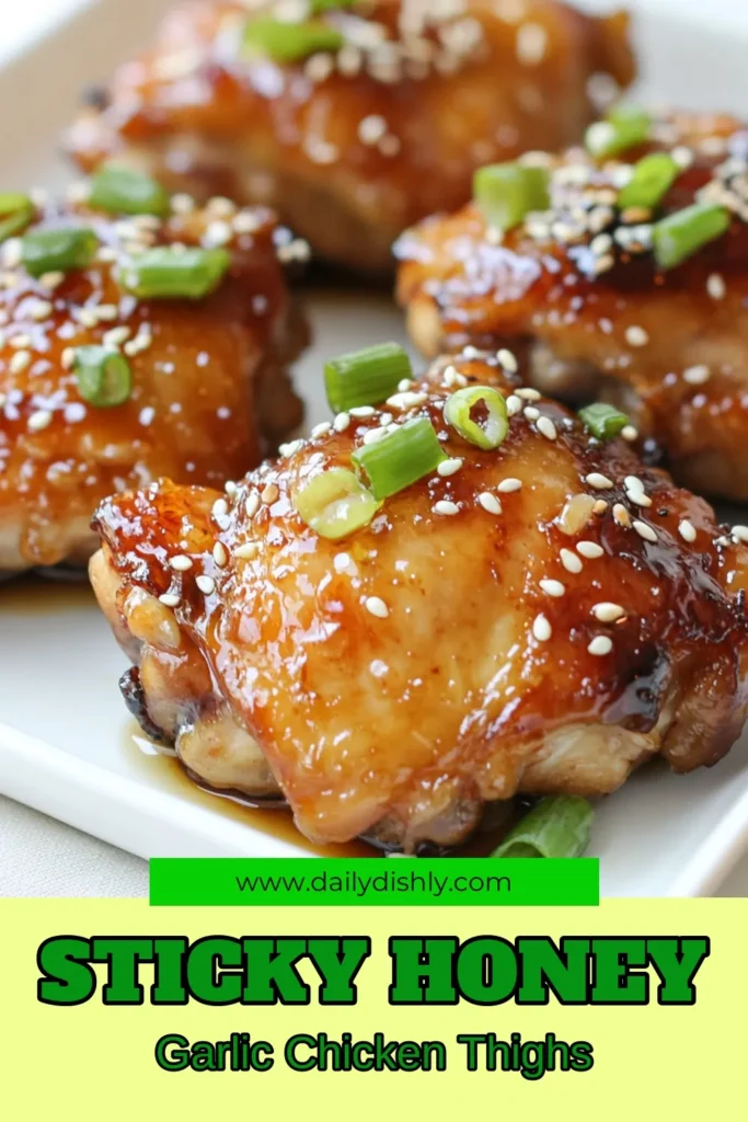 Try this irresistible honey garlic chicken thighs recipe for an easy and flavorful dinner! This sticky chicken recipe features a simple marinade of honey, garlic, and ginger, perfect for baking chicken thighs to crispy perfection. It's a must-try for anyone who loves Asian chicken recipes. Save this easy chicken marinade recipe for your next meal! #HoneyGarlicChicken #StickyChickenRecipe #BakedChickenThighs #AsianChickenRecipes