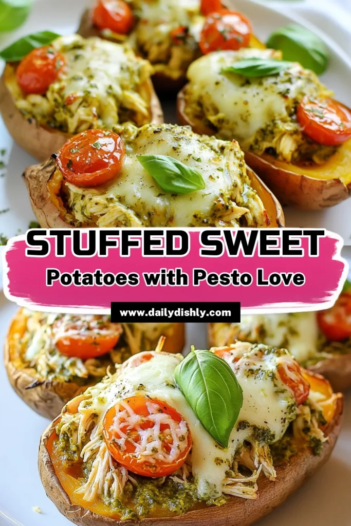 Discover how to make delicious pesto chicken stuffed sweet potatoes for a healthy stuffed sweet potatoes option that’s perfect for busy weeknights. This easy weeknight dinner recipe combines shredded chicken and pesto for a flavorful dinner that’s sure to impress. Topped with melted cheese, these cheesy sweet potato recipes are a crowd-pleaser! Try it tonight and enjoy the goodness! #HealthyEating #EasyDinner #SweetPotatoRecipes #PestoChicken