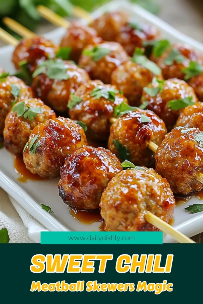 Elevate your appetizer game with these irresistible sweet chili meatball skewers! This easy meatball skewers recipe features juicy grilled meatballs made from ground beef, breadcrumbs, and a hint of garlic, all glazed in a sweet chili sauce. Perfect for parties or family gatherings, these ground beef skewers will be a hit! Try this delicious twist for your next get-together. Save this recipe now! #SweetChiliMeatballs #MeatballSkewers #EasyAppetizerRecipes #GrilledMeatballs