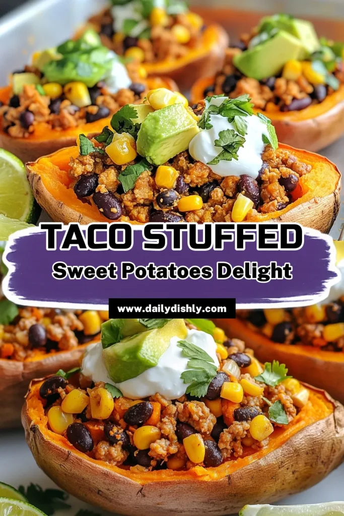 Discover the deliciousness of Taco Stuffed Sweet Potatoes, a healthy taco recipe featuring ground turkey and vibrant flavors. This easy stuffed sweet potatoes meal is perfect for a quick weeknight dinner. Transform your dinner routine with this flavorful sweet potato taco bowl, packed with black beans, corn, and topped with fresh toppings. Save this recipe for a nutritious family favorite! #TacoStuffedSweetPotatoes #HealthyEating #QuickMeals #SweetPotatoRecipes