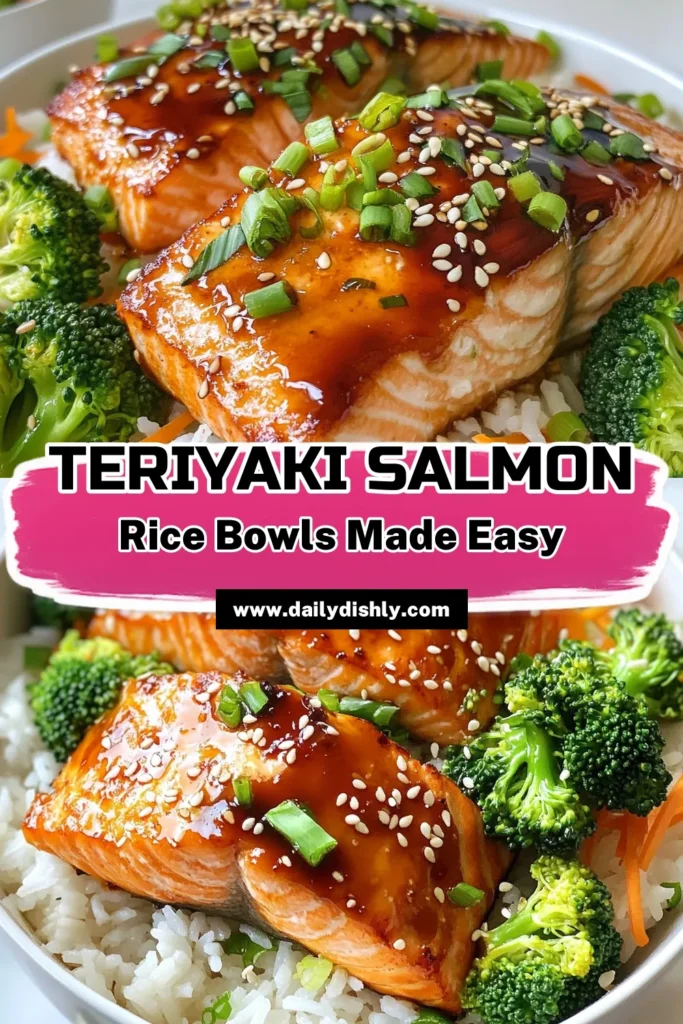 Discover a delicious and healthy teriyaki salmon bowl that's perfect for dinner! This salmon rice bowl recipe features tender salmon fillets glazed with a homemade teriyaki sauce, served over fluffy jasmine rice teriyaki. Packed with color and flavor, this easy salmon teriyaki dish also includes steamed broccoli and shredded carrots. Try it today for a nutritious meal! Save this easy recipe now! #TeriyakiSalmonBowl #HealthyRecipes #SalmonRiceBowl #EasyDinnerIdeas
