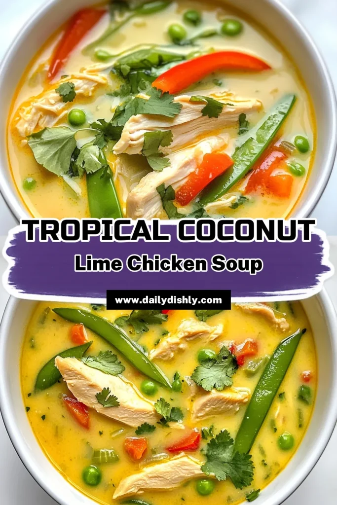 Discover a delicious and nourishing Coconut Lime Chicken Soup that's perfect for any meal! This easy chicken soup recipe combines tender chicken, creamy coconut milk, and fresh lime for a Thai-inspired chicken soup bursting with flavor. Ready in just 35 minutes, this healthy chicken soup recipe is perfect for weeknight dinners. Click to save this recipe and enjoy a warm bowl of comfort! #CoconutLimeChickenSoup #EasyChickenSoupRecipe #CoconutMilkSoup #HealthyChickenSoupRecipe