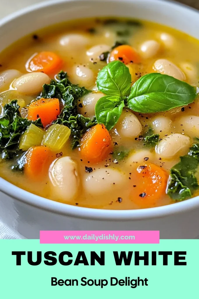 Discover the delicious Tuscan white bean soup recipe that brings comfort and flavor to your table! This vegetarian bean soup is loaded with healthy ingredients like kale and white beans, making it one of the best healthy soup recipes. Perfect for a cozy night in, this easy Italian soup is ready in just 45 minutes. Try it today and enjoy a bowl of goodness! Save this recipe for a healthy meal idea! #TuscanWhiteBeanSoup #VegetarianSoup #HealthyRecipes #ItalianCooking