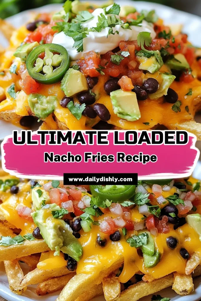 Craving a delicious snack? Try this loaded nacho fries recipe that will elevate your game night! These homemade nacho fries are crispy, cheesy, and topped with the best nacho fries toppings, including black beans, jalapeños, and creamy avocado. Perfectly oven-baked for a healthier twist, this cheesy loaded fries dish is sure to impress. Don't miss out, save this recipe for your next gathering! #NachoFries #CheesyFries #SnackIdeas #HomemadeRecipes