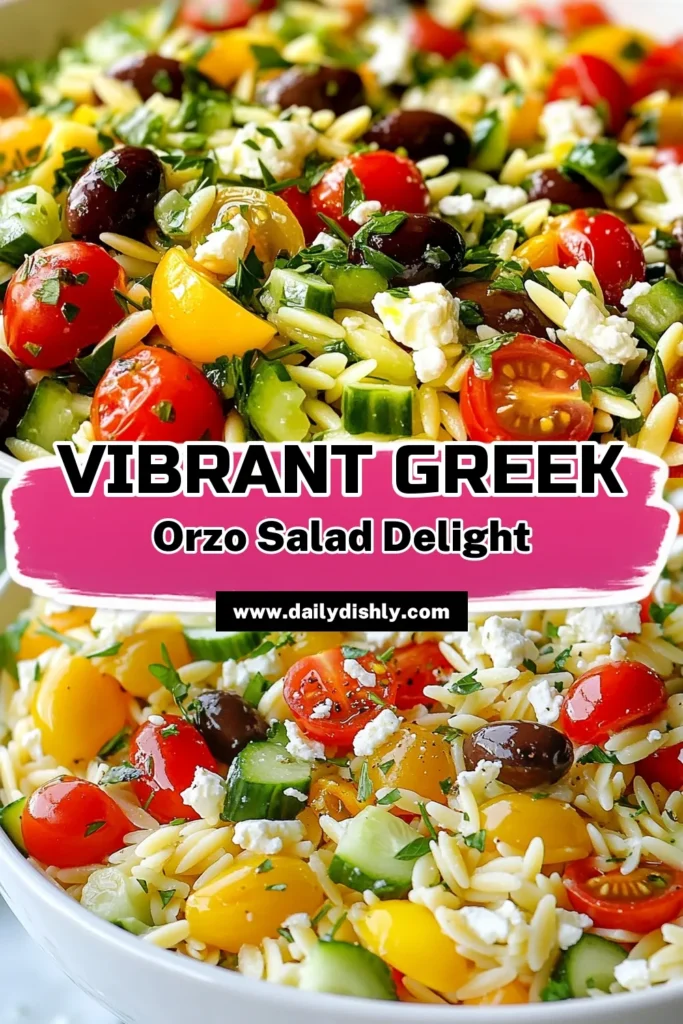 Discover the refreshing flavors of this Greek Orzo Salad with Feta! This easy Greek orzo salad recipe combines orzo pasta, crisp vegetables, and Kalamata olives for a delightful Mediterranean orzo salad that’s perfect for any occasion. Packed with healthy ingredients, this feta orzo salad is a nutritious option for lunch or dinner. Save this recipe and elevate your meals! #GreekOrzoSalad #FetaOrzoSalad #MediterraneanSalad #HealthyGreekSalad