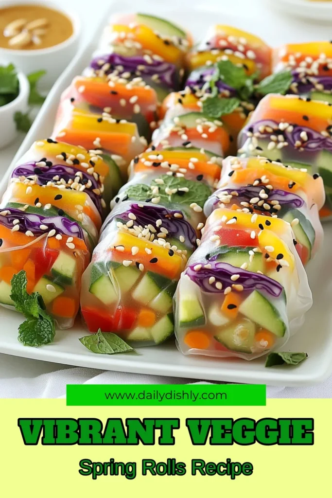 Colorful and healthy, these rainbow veggie spring rolls are a must-try! This fresh spring roll recipe makes vegan rice paper rolls packed with vibrant vegetables like red cabbage, carrots, and avocado. Pair them with a healthy dipping sauce for spring rolls that combines hoisin and peanut butter for the perfect finish. Ideal as colorful vegetable appetizers, these spring rolls are sure to impress. Save and try this delightful recipe today! #RainbowVeggieSpringRolls #VeganRecipe #HealthyDippingSauce #ColorfulAppetizers