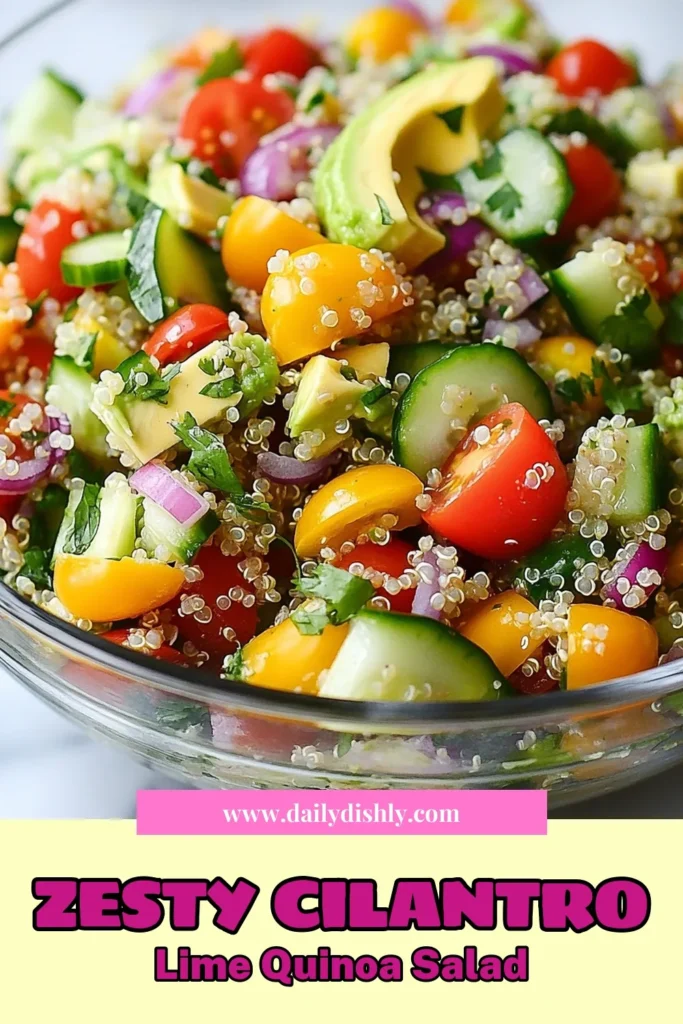 Discover the refreshing taste of this cilantro lime quinoa salad, the ultimate healthy quinoa salad recipe you'll love! This easy quinoa salad combines fluffy quinoa, juicy cherry tomatoes, crunchy cucumber, and creamy avocado to create a fresh salad packed with flavor. Perfect as a side dish or light meal, this vegetarian quinoa recipe is a must-try! Click to save and enjoy this vibrant dish! #QuinoaSalad #HealthyEating #VegetarianRecipes #SaladIdeas