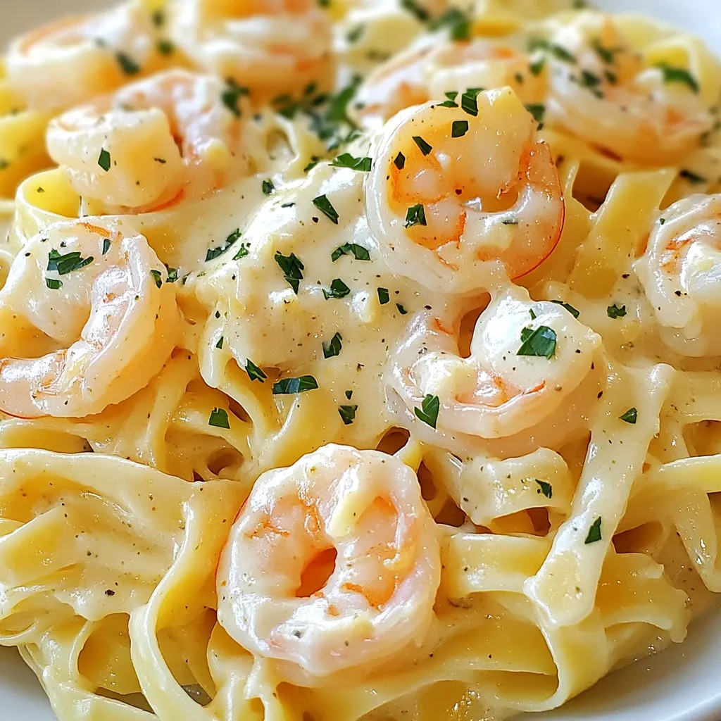 - 8 oz fettuccine pasta - 1 lb large shrimp, peeled and deveined - 4 tablespoons unsalted butter - 4 cloves garlic, minced - 1 cup heavy cream - 1 cup grated Parmesan cheese - 1 teaspoon Italian seasoning - Salt and black pepper to taste - Fresh parsley, chopped (for garnish) To make this creamy garlic shrimp Alfredo, you need to gather some key ingredients. First, get 8 ounces of fettuccine pasta. This pasta holds the sauce well and adds a nice texture. Next, pick up 1 pound of large shrimp. Make sure they are peeled and deveined for quick cooking. You will also need 4 tablespoons of unsalted butter. This gives a rich flavor to the dish. Don't forget 4 cloves of garlic, minced, for that aromatic punch. For the creamy base, use 1 cup of heavy cream. This will make the dish rich and smooth. Lastly, grab 1 cup of grated Parmesan cheese. This cheese adds depth and a savory touch. For seasoning, you will want Italian seasoning, salt, and black pepper to taste. Fresh parsley, chopped, makes a great garnish and adds color. With these ingredients ready, you can create a meal that tastes gourmet but is easy to make. {{ingredient_image_1}} 1. Boiling Water and Cooking Fettuccine: Start by filling a large pot with water. Add salt and bring it to a boil. Once boiling, add 8 ounces of fettuccine pasta. Cook it according to the package instructions until it is al dente, which should take about 8-10 minutes. 2. Reserving Pasta Water: Before you drain the pasta, remember to save ½ cup of the pasta water. This water helps in making the sauce creamy later. 1. Sautéing Shrimp in Butter: In a large skillet, melt 2 tablespoons of unsalted butter over medium heat. Once the butter is melted, add 1 pound of large shrimp that have been peeled and deveined. 2. Seasoning the Shrimp: Sprinkle some salt and black pepper over the shrimp. Cook them for about 2-3 minutes on each side until they turn pink and opaque. Once cooked, remove them from the skillet and set them aside. 1. Sautéing Garlic: In the same skillet, add the remaining 2 tablespoons of unsalted butter. Then, add 4 cloves of minced garlic. Sauté the garlic for about 1 minute until it becomes fragrant. Be careful not to burn it. 2. Creating the Cream Sauce: Pour in 1 cup of heavy cream and bring it to a gentle simmer. Stir occasionally to mix. Next, add 1 teaspoon of Italian seasoning, along with a pinch of salt and black pepper. 1. Adding Parmesan and Adjusting Consistency: Gradually stir in 1 cup of grated Parmesan cheese. Keep mixing until the cheese melts and the sauce thickens. If the sauce is too thick, add some reserved pasta water a little at a time until you reach the right consistency. 2. Mixing Pasta and Shrimp with Sauce: Now, add the drained fettuccine and cooked shrimp back into the skillet. Toss everything together so the pasta and shrimp are well coated in the creamy garlic sauce. Now you're ready to serve your Creamy Garlic Shrimp Alfredo! Enjoy! Fresh vs. Frozen When choosing shrimp, fresh is great if you can find it. Fresh shrimp should smell like the sea, not fishy. If fresh isn’t an option, frozen shrimp works well too. Just make sure to thaw them properly. You can do this overnight in the fridge or under cold running water. Size Matters Larger shrimp are better for this dish. They hold up well in the sauce and have more flavor. Look for shrimp labeled "large" or "jumbo." About 21-25 shrimp per pound is a good size for this recipe. How to Avoid Curdling To keep the sauce creamy, add the cream slowly. Make sure the heat is low when you pour it in. If the sauce curdles, it may be too hot. Stir continuously to help it stay smooth. Adjusting Thickness If the sauce is too thick, add a bit of the reserved pasta water. Start with a tablespoon and mix well. Keep adding until you reach your desired creaminess. The sauce should coat the pasta, not drown it. Additional Seasonings To kick up the flavor, try adding more herbs. Fresh basil or oregano work great. A pinch of red pepper flakes adds a nice kick too. Just be careful not to overpower the garlic. Optional Ingredients Feel free to mix in veggies. Spinach and peas are both great choices. You can also toss in sun-dried tomatoes for a pop of color and taste. Just remember to adjust cooking time for any added ingredients. Pro Tips Use Fresh Shrimp: Fresh shrimp will provide the best flavor and texture. If using frozen shrimp, ensure they are fully thawed and patted dry before cooking. Adjust the Creaminess: You can adjust the thickness of the sauce by adding more or less pasta water. Start with a small amount and gradually increase until you reach your desired consistency. Don't Overcook the Garlic: Garlic can burn quickly, becoming bitter. Sauté it just until fragrant—about 1 minute—before adding the cream. Garnish for Freshness: Fresh parsley not only adds color but also a burst of freshness to the dish. Feel free to experiment with other herbs like basil or chives for different flavors. {{image_2}} Alternatives for Heavy Cream If you want a lighter dish, use half-and-half or whole milk. Coconut cream can work for a dairy-free option. Just know that these will change the flavor slightly. Using Different Pasta Types Fettuccine is great, but you can switch it up with penne or spaghetti. Choose a pasta shape that holds sauce well. This helps create a tasty bite every time. Popular Options (e.g., Spinach, Peas) Adding vegetables boosts nutrition and flavor. Spinach wilts nicely and adds color. Peas bring a sweet pop to the dish. Both pair well with shrimp and creamy sauce. Cooking Tips for Vegetables Sauté vegetables for a few minutes before adding them to the sauce. This keeps them tender yet crisp. Always season your veggies with salt for the best taste. Adding Heat (e.g., Red Pepper Flakes) For a spicy kick, sprinkle in red pepper flakes. Start with a small amount, then taste. You can always add more if you like it hot! Experimenting with Herbs Fresh herbs like basil or thyme can elevate your dish. Toss them in just before serving for vibrant flavor. Dried herbs also work well and add depth to your creamy sauce. To store leftovers, let the dish cool first. Place it in an airtight container. This keeps the flavors fresh. You can store it in the fridge for up to three days. If you want to enjoy it later, make sure to check for any changes in smell or texture before eating. To freeze Alfredo, let it cool completely. Then, transfer it to a freezer-safe container. It’s best to freeze it in smaller portions. This way, you can thaw only what you need. The dish can last in the freezer for about two months. For thawing, move the container to the fridge overnight. This keeps the sauce from breaking down. Avoid thawing in the microwave as it can cook unevenly. You can reheat your Alfredo in two ways: the microwave or stovetop. If using a microwave, heat in short bursts. Stir between each burst. This helps it warm evenly. For stovetop, add a splash of water or broth. Heat on low, stirring gently. This keeps the sauce creamy. To prevent the sauce from separating, stir continuously. This ensures a smooth, delicious meal. The best way to reheat creamy Alfredo pasta is on the stovetop. Start with a non-stick skillet. Add a splash of water or milk to keep the sauce smooth. Heat over medium-low heat, stirring gently. This helps heat the pasta evenly without drying it out. You can also use the microwave, but add water or milk too, and heat in short bursts. Stir in between to avoid hot spots. Yes, you can make this dish without cream. You have a few options. Use milk mixed with flour for a creamy texture. You can also use Greek yogurt for a lighter dish. Another choice is to use cashew cream for a dairy-free version. Each alternative will give a unique taste but still keep it creamy. To make this recipe gluten-free, choose gluten-free pasta. Many brands offer fettuccine made from rice or corn. Be sure to check that your Parmesan cheese is gluten-free. Most are, but it’s good to verify. Follow the same cooking steps, and you’ll enjoy a tasty gluten-free dish. Creamy Garlic Shrimp Alfredo pairs well with simple side dishes. A fresh garden salad with a light vinaigrette is great. Roasted vegetables like asparagus or broccoli add color and crunch. Garlic bread also complements the dish nicely. These sides balance the creaminess of the Alfredo. Leftovers of Creamy Garlic Shrimp Alfredo will last in the fridge for about three days. Store them in an airtight container. If you want to keep them longer, consider freezing. However, the texture may change after thawing. Make sure to check for freshness before eating leftovers. To recap, we explored how to make a delicious Creamy Garlic Shrimp Alfredo. We covered main ingredients like fettuccine pasta, shrimp, garlic, and Parmesan. I provided step-by-step cooking tips to ensure perfect results. You learned about variations and how to store leftovers properly. This dish is creamy, flavorful, and easy to customize. You can enjoy it your way. Now you have the knowledge to impress at your next meal. Happy cooking!
