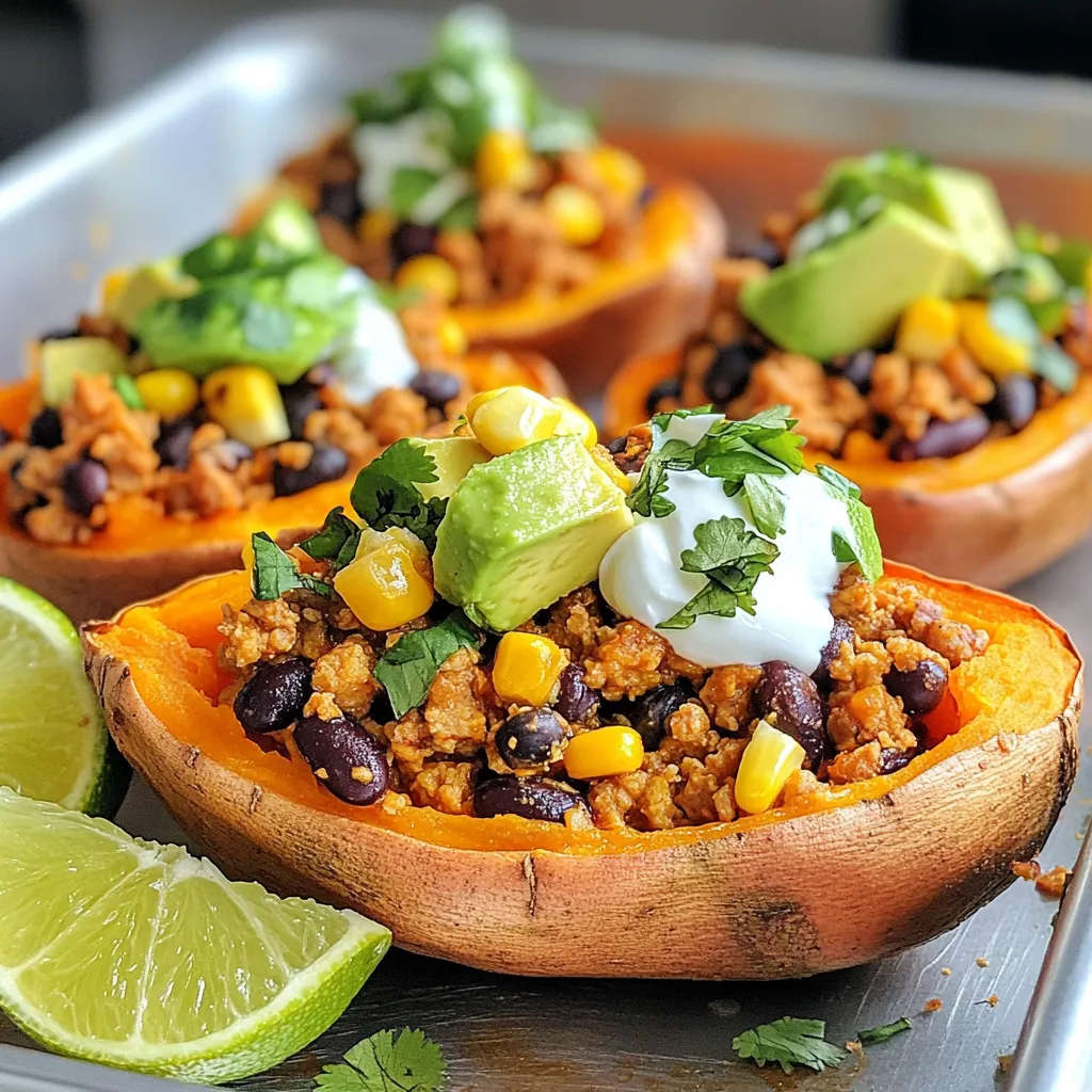 - 4 medium sweet potatoes - 1 lb ground turkey (or beef) - 1 can (15 oz) black beans, rinsed and drained - 1 cup corn (fresh, frozen, or canned) - 1 small red onion, diced - 2 cloves garlic, minced - 1 tablespoon taco seasoning - 1 teaspoon cumin - 1 teaspoon paprika - Salt and pepper to taste - 1 cup diced tomatoes (fresh or canned, drained) - 1 avocado, diced - ½ cup Greek yogurt or sour cream (for topping) - Fresh cilantro, chopped (for garnish) - Lime wedges (for serving) In this recipe, you will need sweet potatoes, which are sweet and nutritious. They give a great base for the taco filling. You can choose either ground turkey or beef as your protein. I often opt for turkey to keep it leaner. Next, we add vegetables and legumes. Black beans add protein and fiber. Corn brings sweetness and crunch. Diced red onion and minced garlic enhance the flavor burst. Spices and seasonings are important to bring everything together. Taco seasoning, cumin, and paprika create that classic taco taste. Don’t forget salt and pepper to balance the flavors. Finally, for toppings and garnishes, we have diced tomatoes for freshness, avocado for creaminess, and Greek yogurt or sour cream for tang. Fresh cilantro adds a nice touch, while lime wedges give a bright finish. Each ingredient plays a role in making these taco stuffed sweet potatoes a hit! {{ingredient_image_1}} - Preheating the oven: Start by setting your oven to 400°F (200°C). This heat will cook the sweet potatoes just right. - Preparing the sweet potatoes: Take four medium sweet potatoes. Use a fork to poke them several times. This step helps steam escape while baking. Place them on a baking sheet and slide them into the oven. Bake for 45 to 60 minutes. Check if they are soft by piercing them with a knife. - Sautéing red onion and garlic: While the sweet potatoes bake, heat a large skillet over medium heat. Add one small diced red onion and sauté for about 3 to 4 minutes. Wait until the onion softens and turns a bit clear. - Browning the meat: Next, add two minced garlic cloves and one pound of ground turkey or beef to the skillet. Cook this for about 6 to 8 minutes. Break the meat apart as it cooks. Make sure it is browned all over. - Mixing in spices and vegetables: Now, stir in one tablespoon of taco seasoning, one teaspoon of cumin, and one teaspoon of paprika. Add salt and pepper to taste. Mix well to coat the meat. Then, add one can of rinsed and drained black beans, one cup of corn, and one cup of diced tomatoes. Stir this mixture and let it simmer for 5 to 7 minutes. This allows all the flavors to blend nicely. - Slicing and mashing sweet potatoes: Once the sweet potatoes are baked, take them out of the oven. Let them cool for a bit. Slice each potato open lengthwise, but do not cut all the way through. - Filling the potatoes: Use a fork to gently mash the insides of the sweet potatoes. This creates space for the taco filling. Scoop the taco mixture into each sweet potato. - Adding toppings: Top each potato with diced avocado and a dollop of Greek yogurt or sour cream. Finish with fresh chopped cilantro and serve with lime wedges. Enjoy your tasty and colorful meal! To bake sweet potatoes just right, set your oven to 400°F (200°C). This temperature ensures nice, soft potatoes. Pierce each potato with a fork several times. This helps steam escape during baking. Place the sweet potatoes on a baking sheet. Bake them for 45 to 60 minutes. Check them by piercing with a knife. They should feel soft and tender. For even cooking, try to choose sweet potatoes of similar size. This helps them bake evenly. If you have larger potatoes, you may need to increase the time. To boost the flavor of your taco filling, adjust the spices. You can add more taco seasoning if you like it spicy. Fresh herbs like cilantro or parsley add brightness. Chop them finely and mix them in at the end. Another idea is to use lime juice in the filling. It gives a fresh, zesty taste. You can also experiment with other spices, like chili powder or cayenne for heat, based on your taste. Serve your taco stuffed sweet potatoes warm for the best flavor. They taste great right out of the oven. Pair them with lime wedges. Squeezing fresh lime juice on top adds a nice zing. For a complete meal, consider adding a side salad or some tortilla chips. The crunch of the chips balances the soft texture of the sweet potatoes. Enjoy your delicious meal! Pro Tips Choose the Right Sweet Potatoes: Opt for medium-sized sweet potatoes for the perfect balance of sweetness and texture. They cook evenly and provide ample filling space. Enhance Flavor with Fresh Herbs: Adding fresh cilantro not only garnishes your dish but also elevates the flavor profile. Consider mixing in other herbs like parsley or green onions for added freshness. Customize Your Toppings: Feel free to mix and match toppings. Consider adding shredded cheese, jalapeños, or a homemade salsa for different flavor dimensions. Meal Prep for the Week: Prepare the taco mixture in advance and store it in the fridge. Stuff the sweet potatoes when you're ready to eat for a quick and delicious meal. {{image_2}} You can make taco stuffed sweet potatoes vegetarian by swapping the meat. Use black beans or lentils instead of ground turkey or beef. Both give great protein and flavor. Add more vegetables to the mix. Try bell peppers, zucchini, or mushrooms. These will add texture and nutrients. You can also toss in some spinach or kale for extra greens. Toppings can change the game for your sweet potatoes. Use shredded cheese, salsa, or pico de gallo for a fresh kick. For a twist, try pickled onions or jalapeños. They add a nice crunch and zing. You can also use guacamole for creamy goodness. Love heat? Kick it up a notch with jalapeños or hot sauce in the taco mix. A sprinkle of cayenne works well, too. For toppings, use spicy salsa or a drizzle of chili oil. These will give your dish a fiery edge. If you want to cool it down, serve with lime wedges to balance the spice. Store your taco stuffed sweet potatoes in the fridge. Use an airtight container for best results. This keeps them fresh for up to four days. If you have extra taco filling, store it separately. This way, the sweet potatoes stay soft and tasty. You can reheat the sweet potatoes in the microwave or oven. For the microwave, place the potato on a plate. Heat for about 1-2 minutes. If using the oven, preheat it to 350°F (175°C). Wrap the sweet potato in foil and heat for about 15-20 minutes. This helps keep the skin crisp and the inside soft. Yes, you can freeze taco stuffed sweet potatoes! To freeze, let them cool completely first. Wrap each potato tightly in plastic wrap. Then, place in a freezer bag. They can stay in the freezer for about three months. To thaw, leave them in the fridge overnight. Reheat as mentioned above for best taste. Yes, you can use other potatoes. Russet or Yukon gold work well. They have a nice texture and flavor. However, sweet potatoes add a sweet taste that pairs great with taco fillings. If you prefer, just keep the cooking time in mind. They may need longer to bake than sweet potatoes. This dish is easy to make gluten-free. The main ingredients are already gluten-free. Just ensure your taco seasoning does not have gluten. Many brands offer gluten-free options. Always check the labels. If you don't have Greek yogurt or sour cream, try these swaps. Use cottage cheese for a similar texture. You can also use mashed avocado for creaminess. Another option is to use a dairy-free yogurt. Just make sure it's unsweetened for the best taste. In this post, we explored making taco stuffed sweet potatoes. We covered the key ingredients, step-by-step cooking, and helpful tips. You can use your favorite proteins and spices. Remember, creativity matters in toppings and variations. Finally, enjoy experimenting with leftovers or trying new herbs. This dish is fun, easy, and versatile. You now have all the tools to make it your own. Happy cooking!