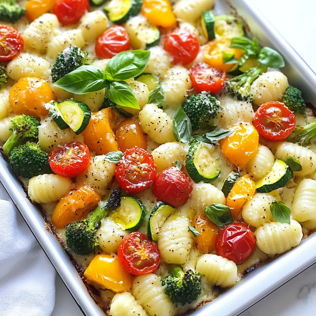 - 1 pound gnocchi (store-bought or homemade) - 1 cup cherry tomatoes, halved - 1 cup bell peppers (mixed colors), diced - 1 cup zucchini, sliced - 1 cup broccoli florets - 1 cup asparagus, trimmed and cut into pieces - 3 tablespoons olive oil - 2 teaspoons Italian seasoning - Salt and pepper to taste - 1/2 cup shredded mozzarella cheese - Fresh basil leaves for garnish These ingredients come together to create a bright and colorful dish. The gnocchi is soft and chewy, while the veggies add crunch and flavor. - Red onion, sliced - Spinach or kale, for greens - Parmesan cheese, for a nutty twist - Lemon zest, to brighten flavors Adding these options can enhance your dish. A splash of lemon zest makes everything pop. You can also mix in some greens for more texture and color. - Extra virgin olive oil, drizzled on top - Freshly cracked pepper for spice - Pine nuts or walnuts for crunch These toppings elevate the dish. A drizzle of olive oil adds richness. Fresh pepper gives a bit of heat, and nuts add a lovely crunch. Feel free to experiment with your favorite toppings! {{ingredient_image_1}} Start by preheating your oven to 425°F (220°C). This will ensure even cooking. Line a large baking sheet with parchment paper. This keeps the gnocchi and veggies from sticking. In a large bowl, add 1 pound of gnocchi, 1 cup of halved cherry tomatoes, 1 cup of diced bell peppers, 1 cup of sliced zucchini, 1 cup of broccoli florets, and 1 cup of trimmed asparagus cut into pieces. This mix gives a colorful and tasty dish. Drizzle 3 tablespoons of olive oil over the mixture. Sprinkle 2 teaspoons of Italian seasoning, salt, and pepper to taste. Toss it all together well. You want everything coated nicely with oil and seasonings. Spread the gnocchi and vegetable mix in an even layer on your baking sheet. This helps everything cook evenly. Place the sheet in the preheated oven and roast for 20 minutes. Halfway through, take it out and toss the mix. This step ensures that every piece gets golden and tender. After 20 minutes, check if they look cooked. If they do, take the sheet out. Sprinkle 1/2 cup of shredded mozzarella cheese evenly over the top. This adds a nice cheesy layer. Put the baking sheet back in the oven for another 5-7 minutes. Keep an eye on it until the cheese melts and bubbles. Once done, take it out and let it cool for a minute. Finally, garnish with fresh basil leaves. This adds a pop of color and flavor. Serve the dish directly from the sheet pan for a fun touch! When I pick vegetables, I look for bright colors and firm textures. Choose cherry tomatoes that are plump and shiny. The bell peppers should feel heavy and have smooth skin. For zucchini, pick ones that are small to medium-sized. Broccoli florets should be bright green and tight. Asparagus should snap easily when bent. Always smell the veggies. Fresh ones have a crisp, clean scent. To get gnocchi just right, don’t overcook them. Boil them until they float, usually 2-3 minutes. If using store-bought gnocchi, follow the package instructions. When you roast them, they get a nice crisp outside and a soft inside. Toss them gently with the veggies for even cooking. This way, every bite is tender yet chewy. If you are short on time, here are my top tips. First, prep your veggies ahead of time. Cut them the night before and store in the fridge. Second, use a pre-made gnocchi. It saves time and still tastes great. Third, clean as you go. This makes the kitchen less messy and cooking more fun. Finally, don’t forget to use the oven! Roasting all at once saves energy and effort. Pro Tips Choose Fresh Vegetables: Use seasonal vegetables for the best flavor and nutrition. Fresh produce will enhance the overall taste of your dish. Don't Overcrowd the Pan: Ensure there's enough space between the vegetables and gnocchi when roasting. This allows for proper browning and crispiness. Experiment with Cheese: While mozzarella is delicious, feel free to mix in other cheeses like Parmesan or feta for added flavor complexity. Garnish for Color: Fresh basil not only adds flavor but also a vibrant color to your dish. Consider adding other herbs like parsley or chives for variety. {{image_2}} You can swap in any veggies you have at home. Try using carrots, peas, or squash. If you find fresh corn, add that for a sweet crunch. For a fall twist, use butternut squash or Brussels sprouts. Just make sure the veggies are cut into similar sizes. This helps everything cook evenly. To make this dish vegan, leave out the cheese. You can add nutritional yeast for a cheesy taste. For gluten-free gnocchi, look for brands made with rice or potato flour. Many stores offer great gluten-free options. Always check labels to ensure they meet your needs. Add fresh herbs to boost the flavor. Basil, parsley, or thyme work great. You can mix in garlic powder or crushed red pepper for some heat. A squeeze of lemon juice before serving can brighten up the dish. Experiment with flavors you love to make this meal your own. To store your Sheet Pan Gnocchi Primavera, first let it cool. Then, place it in an airtight container. Keep it in the fridge for up to three days. If you want to enjoy it later, store the leftovers separately from the mozzarella cheese. This helps keep the cheese from getting soggy. When you’re ready to eat, reheat your gnocchi in the oven. Preheat the oven to 350°F (175°C). Place the gnocchi in an oven-safe dish. Cover it with foil to keep moisture in. Bake for about 15 minutes, or until it's hot. You can also reheat it in the microwave. Use a microwave-safe bowl and heat in 30-second bursts. Stir between heating to warm it evenly. If you want to freeze your gnocchi dish, do it right after cooking. Let it cool completely. Then, portion it into freezer bags or containers. Remove as much air as possible before sealing. Label each bag with the date. It can last up to three months in the freezer. To reheat, thaw it overnight in the fridge first. Then, follow the reheating steps above. This helps keep the taste and texture great when you enjoy it later. Yes, you can use homemade gnocchi. Fresh gnocchi adds a unique touch. Just make sure they are cooked before adding them to the pan. If you make them from scratch, use potatoes, flour, and eggs. This will give your dish a special flavor. The cooking time may vary slightly, so keep an eye on them while roasting. Many vegetables work great with gnocchi. Here are some tasty options: - Cherry tomatoes - Bell peppers - Zucchini - Broccoli - Asparagus - Spinach - Mushrooms These veggies add color and flavor. You can mix and match based on what you like. Seasonal veggies bring freshness and taste to your meal. To stop gnocchi from sticking, use parchment paper. It creates a non-stick surface. Make sure to coat the gnocchi and veggies with olive oil. Toss them well to ensure even coverage. Spreading them out in a single layer also helps. This way, they roast nicely without clumping together. This blog post covered how to make sheet pan gnocchi primavera. We explored the main and optional ingredients to boost flavor. I shared step-by-step instructions for prep and cooking. I also offered tips for fresh veggies, texture, and time-saving methods. Remember, you can vary this dish with seasonal veggies and dietary needs. Store leftovers properly to enjoy them later. With these insights, you’re set for a great meal. Enjoy your cooking!