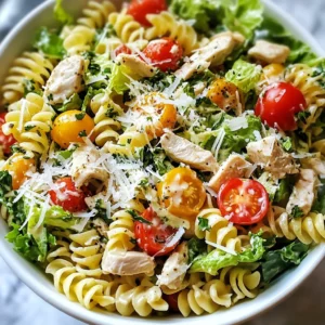 To make Chicken Caesar Pasta Salad, gather these items: - 2 cups rotini pasta - 2 cups cooked chicken breast, diced - 1 cup romaine lettuce, chopped - ½ cup cherry tomatoes, halved - ½ cup Parmesan cheese, shredded - ¼ cup Caesar dressing (store-bought or homemade) - 1 tablespoon olive oil - 1 clove garlic, minced - Salt and pepper to taste - Fresh parsley, chopped for garnish (optional) You will need a few tools to prepare this salad: - Large pot for boiling pasta - Large mixing bowl for combining ingredients - Small skillet for sautéing garlic - Knife and cutting board for chopping - Measuring cups and spoons for accuracy - Colander for draining pasta These garnishes can enhance the look and taste: - Fresh parsley, chopped - Extra Parmesan cheese for serving - Croutons for added crunch {{ingredient_image_1}} First, bring a large pot of salted water to a boil. Add 2 cups of rotini pasta. Cook it according to the package instructions. You want it to be al dente, which means it should still have a little bite. This usually takes about 8-10 minutes. Once the pasta is done, drain it well in a colander. Rinse it under cold water to stop the cooking process. This helps keep the pasta firm and cool for the salad. If your chicken is not cooked yet, grill or bake 2 cups of chicken breast. Make sure it cooks fully. The chicken should reach an internal temperature of 165°F. Let it cool for a few minutes, then dice it into bite-sized pieces. If you have leftover chicken, you can use that too. It saves time and adds great flavor. In a large mixing bowl, combine the cooled pasta, diced chicken, 1 cup of chopped romaine lettuce, and ½ cup of halved cherry tomatoes. Sprinkle in ½ cup of shredded Parmesan cheese for that cheesy goodness. In a small skillet, heat 1 tablespoon of olive oil and add 1 clove of minced garlic. Sauté it for about 1 minute until it smells nice. Be careful not to let it brown. Once it's cool, drizzle Caesar dressing over your salad mix. Toss everything together until it’s well coated. Add salt and pepper to taste. For the best flavor, cover your salad and chill it in the fridge for at least 30 minutes. Before serving, toss it again and add chopped parsley if you like. Enjoy! To get great pasta, start with a big pot of salted water. Use about one tablespoon of salt for every quart of water. Bring the water to a rolling boil. Then, add the rotini pasta. Cook it until it is al dente, which means it should still have a little bite. This usually takes about 8 to 10 minutes. After cooking, drain the pasta and rinse it with cold water. This stops the cooking. It will also cool the pasta for your salad. You can use any cooked chicken for this salad. I prefer grilled or baked chicken breast. It has a nice flavor and stays juicy. Make sure the chicken reaches 165°F inside. You can also use rotisserie chicken for ease. Just shred it into bite-sized pieces. Both options work well and add protein to your dish. To boost the taste, try adding fresh herbs. Chopped parsley adds color and a fresh taste. You can also add a dash of lemon juice for brightness. If you want more flavor, sprinkle in some black pepper and a pinch of salt. For a kick, try adding red pepper flakes. These simple additions can take your salad to the next level! Pro Tips Cook Pasta Al Dente: For the best texture, ensure the rotini pasta is cooked al dente. This prevents it from becoming mushy when mixed with the dressing. Use Fresh Ingredients: Fresh romaine lettuce and ripe cherry tomatoes enhance the flavor and texture of your salad. Avoid wilted or overripe produce for the best results. Customize Your Dressing: Feel free to adjust the amount of Caesar dressing to your taste. You can also add a squeeze of lemon juice for extra brightness. Let It Chill: Allowing the salad to chill for at least 30 minutes helps the flavors meld together, making for a more delicious dish when served. {{image_2}} You can make a tasty vegetarian version of Chicken Caesar Pasta Salad. Instead of chicken, use chickpeas or grilled tofu. Both options add protein and texture. You can also add nuts for crunch. Try walnuts or almonds for a nice twist. Want to boost the nutrition? Add more veggies! Some great choices are bell peppers, cucumbers, or even broccoli. These add color and flavor. You can also toss in spinach or kale for extra greens. Just chop them up and mix them in. Switching up the dressing can change the whole salad. Use a yogurt-based Caesar for a lighter touch. You can also try ranch or Italian dressing. For a spicy kick, a chipotle dressing works well. Don't be afraid to experiment with flavors that you enjoy! To store leftovers, place the Chicken Caesar Pasta Salad in an airtight container. Make sure to cool it first. This helps keep the salad fresh. You can refrigerate it for up to three days. If you want to keep it longer, consider freezing. You can freeze Chicken Caesar Pasta Salad, but it may change texture. To freeze, place it in a freezer-safe container. Leave some space at the top for expansion. It’s best to eat it within two months. When ready to eat, thaw it in the fridge overnight. To keep your salad fresh, store the dressing separately. Add it just before serving. This keeps the pasta and veggies crisp. Avoid using metal containers, as they can react with the dressing. Use glass or plastic instead. Always check for freshness before eating. Yes, you can use any pasta you like. Bowtie, penne, or fusilli all work well. Just remember to cook it until al dente. The shape can change the texture, but the taste remains great. Chicken Caesar Pasta Salad can last for about 3 to 4 days in the fridge. Make sure to store it in an airtight container. If you notice any change in smell or color, toss it out. Absolutely! You can prepare this salad a day before serving. Just keep it in the fridge. This allows the flavors to meld nicely. Before serving, give it a quick toss to refresh the ingredients. This blog post covered how to make a tasty Chicken Caesar Pasta Salad. We went over the key ingredients, tools you need, and optional garnishes to bring out flavor. I shared step-by-step instructions for cooking pasta, chicken, and assembling your salad. You learned tips for perfect pasta, the best chicken types, and flavor ideas. We also noted variations like vegetarian options, extra veggies, and storage tips. Remember, this salad is flexible and fun. Enjoy your cooking!