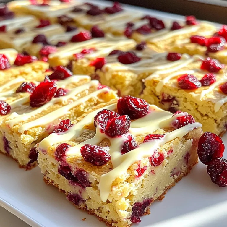 - 1 cup unsalted butter, melted - 1 cup packed light brown sugar - 1/2 cup granulated sugar - 2 large eggs - 2 teaspoons vanilla extract - 2 cups all-purpose flour - 1 teaspoon baking powder - 1/2 teaspoon baking soda - 1/4 teaspoon salt - 1 cup white chocolate chips - 1 cup dried cranberries (chopped if large) To make cranberry white chocolate blondies, gather these simple ingredients. First, we use unsalted butter. It gives the blondies a rich flavor. Next, light brown sugar adds sweetness and moisture. Granulated sugar balances this out. Eggs make the texture soft and chewy. Vanilla extract brings warmth and depth. For the dry mix, we need all-purpose flour, baking powder, baking soda, and salt. The baking powder and soda help the blondies rise. Salt enhances all the flavors. Now, the stars of the show: white chocolate chips and dried cranberries. They add sweetness and a pop of tartness. You can chop the cranberries if they are large. This helps distribute them better in the batter. You can find these ingredients at your local grocery store. Get ready to whip up these delightful treats! 1. Preheat your oven to 350°F (175°C). This step helps your blondies bake evenly. 2. Grease and line an 8x8-inch baking dish with parchment paper. Leave some overhang. This makes removing the blondies easy. 3. In a large mixing bowl, whisk together the melted butter, brown sugar, and granulated sugar until the mixture is smooth and well combined. 4. Add the eggs, one at a time, mixing well after each addition. Stir in the vanilla extract for flavor. 5. In another bowl, sift together the flour, baking powder, baking soda, and salt. This helps the dry mix blend well. 1. Gradually add the dry ingredients to the wet mixture. Stir until just combined. Be careful not to overmix, or your blondies may become tough. 2. Fold in the white chocolate chips and dried cranberries. This gives a sweet and tart flavor to every bite. 1. Pour the batter into the prepared baking dish. Spread it evenly with a spatula. This helps ensure even baking. 2. Bake in the preheated oven for 25-30 minutes. Check for doneness by inserting a toothpick into the center. It should come out with a few moist crumbs. 3. Once baked, remove from the oven and let the blondies cool in the pan for about 10-15 minutes. Use the parchment paper to lift them out. 4. Transfer to a wire rack to cool completely. Slice into squares for serving. How to avoid overmixing To keep your blondies soft, mix gently. When combining wet and dry ingredients, stir just until no flour is visible. Overmixing can make them tough. I often use a spatula to fold the batter. This method helps keep the texture light. Ensuring even baking For even baking, spread the batter evenly in the pan. Use a spatula to smooth the top. Check your oven's temperature with an oven thermometer. Sometimes, ovens can be off by a few degrees. Rotate the pan halfway through baking. This step helps all sides bake evenly. Presentation tips with white chocolate drizzle Serve the blondies on a pretty platter. Drizzle melted white chocolate over the top for a nice touch. You can use a spoon or a piping bag to create designs. Sprinkle some extra chopped cranberries on top for color. Ideas for accompaniments or toppings Pair the blondies with vanilla ice cream for a tasty treat. You can also serve them with whipped cream or a scoop of yogurt. A sprinkle of sea salt can enhance the sweet flavors. Enjoy these blondies as a snack or dessert! {{image_2}} You can easily change the taste of your cranberry white chocolate blondies. Here are a few fun ideas: - Adding nuts for crunch: Chopped walnuts or pecans add a nice crunch. Just mix in about half a cup when you add the white chocolate chips and cranberries. The nuts give extra flavor and texture. - Using different types of chocolate or fruits: Instead of white chocolate, try dark or milk chocolate chips. You can also swap dried cranberries for dried cherries or blueberries. This change gives a new twist to each bite. You can make these blondies fit special diets too: - Making it gluten-free: Use a gluten-free flour blend instead of all-purpose flour. This swap will keep the blondies soft and chewy without gluten. - Vegan substitutions for eggs and butter: Replace the eggs with 1/4 cup of unsweetened applesauce for each egg. For the butter, use vegan butter or coconut oil. These swaps keep the blondies tasty and plant-based. To keep your cranberry white chocolate blondies fresh, store them in an airtight container. This method helps to maintain their soft texture and flavor. Make sure to cool the blondies completely before storing them. If you stack them, place parchment paper between layers to prevent sticking. - Use a glass or plastic container with a tight lid. - Keep them at room temperature for up to 3 days. - For longer storage, refrigerate them for about a week. If you want to save some blondies for later, freezing is a great option. Start by wrapping each blondie tightly in plastic wrap. This step prevents freezer burn and keeps them moist. Then, place the wrapped blondies in a freezer-safe bag or container. - Freeze for up to 3 months for the best taste. - To thaw, move them to the fridge overnight. - For quicker thawing, leave them at room temperature for about an hour. This way, your delicious blondies stay tasty and ready to enjoy whenever you like! Can I use fresh cranberries instead of dried? Yes, you can use fresh cranberries. Fresh cranberries add a tart flavor. However, they have more moisture. You may need to adjust the baking time slightly. Chop the fresh cranberries into smaller pieces. This helps them mix well in the batter. How do I make my blondies more fudgy? To make your blondies fudgier, reduce the flour by a quarter cup. This change adds more moisture. You can also bake them for a shorter time. Start checking for doneness around 20 minutes. The edges should be set, but the center stays soft. What can I substitute for white chocolate chips? If you want a substitute for white chocolate chips, try using butterscotch chips. They add a nice sweetness. You can also use dark chocolate chips for a richer taste. Another option is to use chopped nuts for added texture. This blog post covered how to make delicious cranberry white chocolate blondies. You learned about the key ingredients, step-by-step instructions, and baking tips. I shared helpful storage info and common FAQs too. Making blondies is fun and easy. You can adjust flavors and even try gluten-free or vegan options. Experiment with toppings to make your blondies special. Enjoy sharing your tasty treats with friends and family!