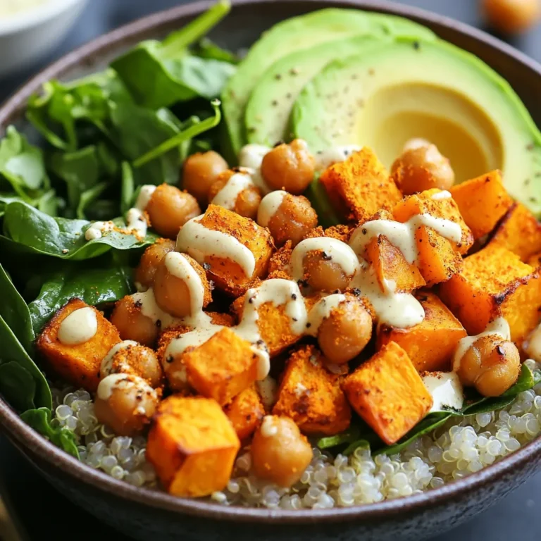 - 2 medium sweet potatoes, peeled and cubed - 1 can (15 oz) chickpeas, drained and rinsed - 2 tablespoons olive oil - 1 teaspoon smoked paprika - 1 teaspoon garlic powder - Salt and pepper to taste - 2 cups cooked quinoa - 2 cups spinach leaves - 1 avocado, sliced - ¼ cup tahini - 2 tablespoons lemon juice - Water (as needed for dressing) For this Sweet Potato Chickpea Buddha Bowl, I love using fresh and simple ingredients. Sweet potatoes offer natural sweetness and are rich in vitamins. Chickpeas add protein and fiber, which makes the meal filling. Olive oil brings a nice richness and helps roast the veggies. I use smoked paprika and garlic powder for a warm, savory flavor. You can adjust salt and pepper to your taste. Quinoa serves as a hearty base, giving you great texture. Fresh spinach adds a pop of color and nutrition. Avocado slices bring creaminess and healthy fats. Finally, tahini dressing ties it all together. It’s easy to make and adds a zesty touch. Enjoying this bowl is like a hug in a dish. Each bite is tasty and good for you! {{ingredient_image_1}} First, preheat your oven to 425°F (220°C). This hot temperature helps our veggies roast nicely. Next, prepare a baking sheet by lining it with parchment paper. This makes cleanup easy and keeps the sweet potatoes and chickpeas from sticking. In a large bowl, toss 2 medium sweet potatoes, peels removed and cubed, with 1 can (15 oz) chickpeas that you’ve drained and rinsed. Add 2 tablespoons olive oil, 1 teaspoon smoked paprika, 1 teaspoon garlic powder, and salt and pepper to taste. Mix well until all pieces are coated evenly. Spread the sweet potato and chickpea mix on the prepared baking sheet in a single layer. This step is key for even roasting. Roast them in the oven for 25-30 minutes. Stir halfway through to make sure they cook evenly. Check doneness by poking a sweet potato cube with a fork. If it’s soft, you’re ready! While the veggies roast, let’s make the tahini dressing. In a small bowl, whisk together ¼ cup tahini and 2 tablespoons lemon juice. Add salt for flavor. Pour in water a little at a time until the dressing is smooth and easy to drizzle. This should take just a minute or two. Once the sweet potatoes and chickpeas are roasted and golden, it’s time to build your Buddha bowl. Start with a base of 2 cups cooked quinoa in each bowl. Next, add your roasted sweet potatoes and chickpeas. Pile on some fresh 2 cups spinach leaves and 1 sliced avocado for creaminess. Finally, drizzle your tahini dressing generously over the top. Enjoy right away for a tasty and healthy meal! - Checking for doneness: After about 25 minutes, check the sweet potatoes and chickpeas. They should be soft and slightly golden. Use a fork to poke a sweet potato. If it goes in easily, it's done. - Avoiding sogginess: To prevent sogginess, spread the sweet potato and chickpeas in a single layer on your baking sheet. This allows them to roast evenly. If they are too crowded, they will steam instead. - Suggestions for different dressings: Try different dressings like balsamic vinaigrette or a yogurt sauce. A spicy sriracha sauce can add a kick. - Adjusting flavors to personal preference: You can change the tahini dressing by adding herbs like cilantro or dill. More lemon juice can brighten the flavor. Taste and adjust until it’s just right for you. - Storing leftovers: Keep any leftovers in an airtight container in the fridge. They will stay fresh for up to four days. - Reheating suggestions: Reheat the bowl in the microwave or on the stove. Add a splash of water to keep the quinoa moist. Enjoy the flavors again with ease! Pro Tips Roast for Flavor: For an extra depth of flavor, consider adding a pinch of cayenne pepper or a dash of balsamic vinegar to the sweet potato and chickpea mixture before roasting. Perfectly Creamy Dressing: If your tahini is too thick, gradually add water until you achieve the desired consistency. This will make the dressing smoother and easier to drizzle. Quinoa Prep: Rinse quinoa under cold water before cooking to remove its natural coating, which can make it taste bitter. This step enhances the flavor! Meal Prep Friendly: Assemble the Buddha bowls in separate containers for easy meal prep. Keep the dressing separate until you're ready to eat to maintain freshness. {{image_2}} You can change up the grains in your Buddha bowl. Quinoa is great, but try brown rice or farro for a different texture. If you want a lower-carb option, use cauliflower rice instead. For vegetables, swap in what you have on hand. Roasted Brussels sprouts or steamed broccoli work well. You can also use kale or arugula instead of spinach for a fresh twist. To add more protein, consider grilled chicken or tofu. Both will boost the meal's nutrition and keep you full. You can also try chickpea patties for a fun change. Fresh herbs make a big difference. Add cilantro, parsley, or basil for extra flavor. A sprinkle of green onions or mint can brighten the dish too. In spring, use fresh peas or asparagus for a bright, crisp taste. In summer, add ripe tomatoes or cucumbers for a refreshing crunch. In fall, consider roasted butternut squash or carrots for warmth. Finally, in winter, you can include hearty root vegetables like parsnips or turnips to keep things cozy. To keep your Sweet Potato Chickpea Buddha Bowl fresh, refrigerate leftovers. Place them in an airtight container. This helps keep out air and moisture. If you use a regular container, food can spoil faster. An airtight container protects your meal for longer. Each part of the bowl has a different shelf life: - Cooked quinoa: Lasts about 4-5 days in the fridge. - Roasted sweet potatoes and chickpeas: Good for 3-5 days. - Fresh spinach: Should be eaten within 2 days. - Avocado: Best used the same day, but can last up to 2 days if cut. - Tahini dressing: Lasts for a week if stored in the fridge. Check for signs of spoilage. If anything smells off or looks slimy, it’s time to toss it. You can freeze some parts of the Buddha bowl. Here's what you should know: - Sweet potatoes and chickpeas: Freeze well. Spread them out on a tray, then transfer to a bag after they freeze. - Cooked quinoa: Also freezes nicely. Store in bags, removing as much air as possible. - Fresh spinach and avocado: Not ideal for freezing. They turn mushy once thawed. To reheat frozen components, use a microwave or oven. Heat until warm, but avoid overcooking. Enjoy your meal fresh and tasty! A Buddha bowl is a colorful, healthy meal served in one bowl. It usually has grains, veggies, and proteins. The name comes from the idea of a bowl full of food, like a Buddha's belly. You can mix and match ingredients based on what you like. It's a great way to enjoy many flavors and textures in one dish. Yes, this Buddha bowl is vegan-friendly! The main ingredients, like sweet potatoes and chickpeas, are already plant-based. You can use any plant-based oil instead of olive oil. For the dressing, tahini is a great choice. Just make sure your tahini is pure and doesn't contain any animal products. To boost protein, you can add more chickpeas or lentils. Tofu or tempeh are also good options. You can roast or sauté them with spices for extra flavor. Adding nuts or seeds, like pumpkin seeds or almonds, will also give you a protein punch. These additions make the meal more filling and nutritious. You can serve this bowl with a side salad for freshness. A light soup, like tomato or vegetable, pairs well too. If you want something crunchy, try some pita chips. You could also add a side of roasted veggies to keep it colorful and tasty. For a drink, consider herbal tea or a light lemon water. This blog shared how to make a Sweet Potato Chickpea Buddha Bowl. We covered the key ingredients, like sweet potatoes, quinoa, and tahini dressing. I provided step-by-step instructions for roasting and assembling the bowl. You learned tips for perfect roasting and meal prep. We explored variations to fit your taste, including ingredient swaps and seasonal adjustments. Finally, I covered storage methods and answered your burning questions. Enjoy this dish as a healthy, tasty meal that you can customize. It's a fun way to cook and eat well every day.
