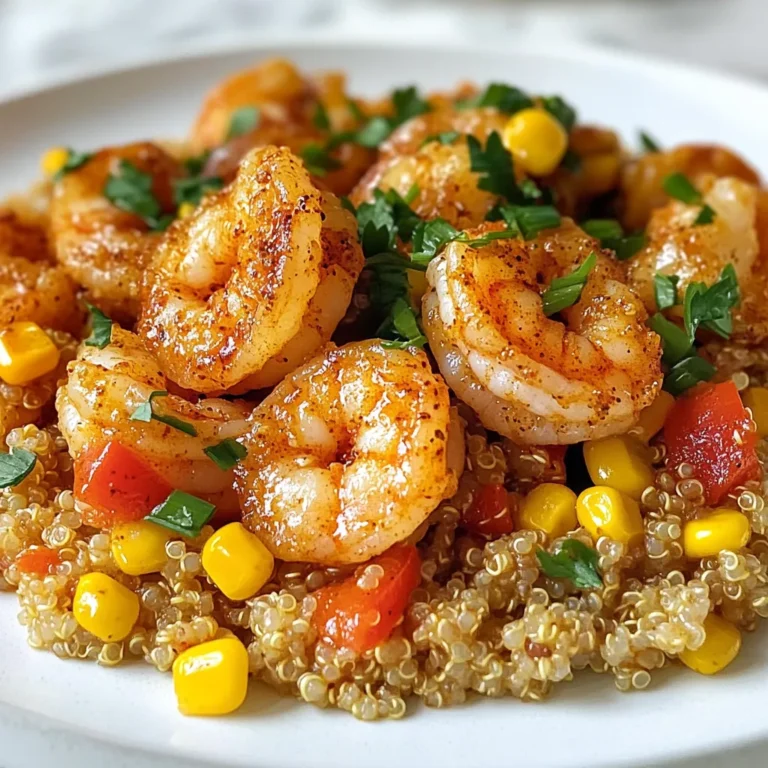 - 1 cup quinoa, rinsed - 2 cups vegetable broth - 1 lb shrimp, peeled and deveined - 1 red bell pepper, diced - 1 yellow bell pepper, diced - 1 cup corn (fresh or frozen) - 1 small red onion, diced - 3 cloves garlic, minced - 2 tablespoons Cajun seasoning - 1 tablespoon olive oil - Salt and pepper to taste - 2 green onions, sliced (for garnish) - Fresh parsley, chopped (for garnish) You can swap quinoa for rice or couscous if needed. Use chicken broth instead of vegetable broth for a richer flavor. If you want to skip shrimp, try chicken or tofu. Bell peppers can be replaced with zucchini or carrots for a different crunch. Garlic powder or onion powder works if you lack fresh garlic or onion. For Cajun seasoning, you can mix paprika, cayenne, and dried herbs to make your own blend. This dish serves four people and is packed with nutrients. Each serving contains about: - Calories: 350 - Protein: 25g - Carbohydrates: 45g - Fat: 10g - Fiber: 5g - Sodium: 500mg This meal is not only delicious but also offers a good mix of protein, fiber, and vitamins. Enjoy the flavor and the health benefits in every bite! {{ingredient_image_1}} Start by rinsing 1 cup of quinoa under cold water. This step removes any bitter taste. Next, boil 2 cups of vegetable broth in a medium saucepan. Once it boils, add the quinoa. Lower the heat to low and cover the pot. Let it simmer for 15 minutes. After 15 minutes, check if the quinoa is fluffy and the liquid is gone. If it looks good, set it aside. While the quinoa cooks, grab a large skillet. Heat 1 tablespoon of olive oil over medium heat. Add 1 small diced red onion and 3 minced garlic cloves. Sauté them for 2-3 minutes. You want the onion to turn soft and clear. Then, add 1 lb of peeled and deveined shrimp. Sprinkle 2 tablespoons of Cajun seasoning on top. Stir well to coat the shrimp. Cook for about 3-4 minutes. The shrimp should turn pink and opaque. Now, it’s time to mix everything. Add 1 diced red bell pepper, 1 diced yellow bell pepper, and 1 cup of corn to the skillet. Cook for 3-5 more minutes until the peppers soften. After that, fluff the cooked quinoa with a fork. Gently fold the quinoa into the skillet. Make sure all the shrimp and veggies are mixed in well. Adjust the taste with salt and pepper. Finally, remove the skillet from heat. Garnish with sliced green onions and chopped parsley before serving. Enjoy your meal! For the best results, rinse the quinoa. This helps remove bitter flavors. Use a medium saucepan. Bring vegetable broth to a boil before adding the quinoa. Cook it on low heat. Cover it to keep the steam in. In just 15 minutes, it will be fluffy and ready. While the quinoa cooks, focus on the shrimp. Use a large skillet for even cooking. Heat olive oil over medium heat. Add diced red onion and minced garlic first. Cook until the onion is soft. This step builds a rich base for flavor. Cajun seasoning is key to this dish. Use a good mix with paprika, cayenne, and herbs. You can add more if you want extra heat. Fresh garlic also boosts the flavor. Don’t skip the green onions and parsley for garnish. They add freshness and color to your meal. Serve this dish warm for the best taste. A light salad goes great on the side. Try a simple arugula or mixed greens salad. You can also serve it with crusty bread. This helps soak up any leftover sauce. Enjoy your flavorful weeknight meal with family and friends! Pro Tips Fresh Shrimp is Best: Whenever possible, use fresh shrimp for a more tender and flavorful dish. If using frozen, ensure they are fully thawed for even cooking. Customize the Heat: Adjust the amount of Cajun seasoning to suit your spice preference. Start with less, and you can always add more to taste. Vegetable Variations: Feel free to mix in other vegetables like zucchini or spinach to add more color and nutrients to your skillet. Let it Rest: After combining all ingredients, let the dish sit for a few minutes off the heat. This allows the flavors to meld beautifully. {{image_2}} You can switch shrimp for other proteins. Chicken works well in this dish. Use diced chicken breast for a heartier meal. Cook it until golden, just like the shrimp. You can also try sausage. Andouille sausage adds great flavor. Just slice it and sauté it with the onions and garlic. To make it vegetarian, skip the shrimp and use more veggies. Add mushrooms or zucchini for texture. For a vegan dish, use tofu instead of shrimp. Press and cube firm tofu, then sauté it until golden. This gives a nice bite to the meal. Use vegetable broth, as in the original recipe. Use fresh, seasonal veggies to boost flavor. In spring, add asparagus or peas. In summer, toss in zucchini or cherry tomatoes. In fall, consider adding butternut squash. You can also adjust the spices based on the season. Fresh herbs like basil or cilantro can add brightness, too. To store leftovers of your Cajun shrimp quinoa skillet, let it cool to room temperature. Place the meal in an airtight container. This will keep it fresh. Store it in the fridge for up to three days. If you want to save it longer, freezing is a great option. When you are ready to eat your leftovers, take them out of the fridge. You can reheat in the microwave. Place the skillet in a microwave-safe bowl and cover it. Heat for about 2-3 minutes, stirring halfway. If you prefer the stove, warm it in a skillet over low heat. Add a splash of broth if it seems dry. To freeze your Cajun shrimp quinoa skillet, use a freezer-safe container. Make sure to leave some space at the top for expansion. Label the container with the date. This dish can stay fresh for up to three months in the freezer. When you are ready to eat it, thaw it overnight in the fridge before reheating. Yes, you can use frozen shrimp. Just make sure to thaw them first. Place the shrimp in cold water for about 10-15 minutes. This quick thawing helps the shrimp cook evenly. They will still taste great with the Cajun spice! If you want to swap out quinoa, try brown rice or couscous. Both options are easy to cook and have a nice texture. Brown rice gives a nutty flavor, while couscous cooks quickly. Choose what fits your meal best! No, this dish is not a true one-pot meal. You need two pots: one for the quinoa and another for the shrimp and veggies. However, both are easy and quick to make. You can still enjoy a fast and tasty dinner! In this blog post, we covered how to create a delicious shrimp dish. We started with the right ingredients, explored cooking methods, and shared useful tips. Remember to try different proteins and flavors to keep it exciting. Storing leftovers properly helps keep your meal fresh. Don't hesitate to experiment with seasonal ingredients. This dish offers variety and is easy to make. Enjoy the fun of cooking and sharing with others.