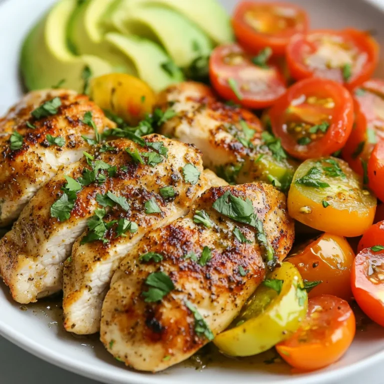 For the Cilantro Lime Chicken Skillet, you need key ingredients that make this dish pop. Here’s what you’ll need: - 4 boneless, skinless chicken breasts - 2 tablespoons olive oil - 1 teaspoon garlic powder - 1 teaspoon onion powder - 1 teaspoon cumin - 1 teaspoon smoked paprika - Salt and pepper to taste - Juice of 2 limes - Zest of 1 lime - 1 cup fresh cilantro, chopped - 1 bell pepper (red or yellow), sliced - 1 cup cherry tomatoes, halved - 1 avocado, sliced (for serving) These ingredients blend together to create a lively meal. The lime juice brightens the chicken. The spices add warmth and depth. Fresh cilantro gives it a fresh touch. You will need a few tools to make this dish. Grab a large skillet for cooking. A spatula will help you flip the chicken. Use a knife and cutting board to slice the bell pepper and tomatoes. A measuring spoon will help with the spices. Having these items ready will make cooking smooth and easy. While the dish is delicious on its own, some garnishes can enhance it. Consider adding: - Sliced avocado for creaminess - Extra chopped cilantro for freshness - Lime wedges for an extra zesty kick These garnishes not only look great but also add new flavors. They can take your meal to the next level, making it even more enjoyable. {{ingredient_image_1}} Start by heating 2 tablespoons of olive oil in a large skillet over medium-high heat. While the oil warms up, grab 4 boneless, skinless chicken breasts. Season them well with 1 teaspoon each of garlic powder, onion powder, cumin, and smoked paprika. Add salt and pepper to taste. Make sure each piece is coated evenly. Once the oil is hot, carefully place the chicken breasts in the skillet. Cook them for about 6-7 minutes on each side. The chicken should turn golden brown and reach 165°F (75°C) inside. When done, remove the chicken and let it rest on a plate. Cover it with foil to keep warm. In the same skillet, it’s time to add flavor. Toss in 1 sliced bell pepper, either red or yellow, along with 1 cup of halved cherry tomatoes. Sauté these veggies for 4-5 minutes, stirring occasionally. You want them to become tender but not mushy. The skillet should still have some oil and flavor left from the chicken, which will help the veggies shine. Now, let’s bring everything together. Add the juice and zest of 2 limes, plus 1 cup of chopped fresh cilantro, to the skillet with the veggies. Stir everything well. Allow the mixture to cook for another minute. This step helps the flavors blend nicely. Finally, return the cooked chicken to the skillet. Coat the chicken in the cilantro-lime mixture and heat for another 2 minutes. You want the chicken to soak up that fresh flavor before serving. To cook chicken just right, start with even thickness. You can pound the chicken breasts to make them uniform. This helps them cook evenly. Use a meat thermometer to check the internal temperature. It should reach 165°F (75°C). Let the chicken rest after cooking. This keeps it juicy and tasty. For extra flavor, try adding fresh lime zest. It gives a bright taste. You can also mix in some fresh garlic. Chopped jalapeños add heat if you like spice. Marinating the chicken in lime juice and spices for an hour can deepen the flavor. This makes each bite zesty and fresh. You can swap chicken for other proteins. Try shrimp or pork if you like. For a vegetarian dish, use firm tofu or chickpeas. You could also add different veggies like zucchini or corn. Each choice will change the dish’s taste, keeping it exciting and new. Pro Tips Rest the Chicken: Letting the chicken rest for a few minutes after cooking allows the juices to redistribute, resulting in a more tender and flavorful piece of meat. Customize the Spice: Feel free to adjust the spices to your liking. Adding a pinch of cayenne pepper can give a nice kick if you prefer some heat. Try Different Veggies: Experiment with other vegetables like zucchini or corn to add different textures and flavors to the dish. Serve with Rice or Quinoa: For a complete meal, serve the chicken and veggies over a bed of rice or quinoa to soak up the delicious cilantro-lime sauce. {{image_2}} You can easily swap the chicken for other proteins. Try shrimp or fish for a lighter meal. Both cook quickly and soak up the flavors well. Adjust cooking times as needed. For shrimp, cook for about 3-4 minutes on each side. If you use fish, aim for 4-5 minutes per side, depending on thickness. If you want a vegetarian dish, replace the chicken with tofu or tempeh. Press and cube the tofu for best results. Sauté it until golden brown, just like the chicken. You can also use chickpeas for a heartier option. They add protein and texture while soaking up all the lime and cilantro goodness. You can change the flavor with different spices or herbs. Try adding chili powder for heat or oregano for earthiness. Fresh basil or parsley can also work instead of cilantro if you want a different taste. Citrus zest from oranges or lemons can brighten the dish too. These small changes can make a big impact on your meal! After you make your Cilantro Lime Chicken Skillet, let it cool down first. Once cool, place it in an airtight container. This way, it stays fresh for up to three days in the fridge. Keep the chicken and veggies together for best flavor. You can freeze the chicken skillet for later meals. Place it in a freezer-safe container. It will stay good for up to three months. Make sure to label the container with the date. This helps you keep track of what you have. To reheat, take the chicken out of the fridge or freezer. If frozen, let it thaw overnight in the fridge. Then, heat it in a skillet over medium heat. Stir it often until it's warm. You can also use the microwave. Heat for one to two minutes, checking to avoid overcooking. Make sure it reaches 165°F (75°C) before serving again. Enjoy your meal just like the first time! You can check if the chicken is fully cooked by using a meat thermometer. The safe internal temperature for chicken is 165°F (75°C). Insert the thermometer into the thickest part of the chicken breast. If it reads 165°F, your chicken is done. If you don't have a thermometer, cut the chicken open. The meat should be white, not pink, and the juices should run clear. Yes, you can make Cilantro Lime Chicken Skillet ahead of time. Cook the chicken and veggies, then let them cool. Place them in an airtight container. Store them in the fridge for up to three days. When you're ready to eat, reheat the dish on the stove or in the microwave. This makes meal prep easy for busy days. Several side dishes go well with this flavorful chicken. Here are some ideas: - Rice (white, brown, or cilantro-lime rice) - Quinoa - Salad (mixed greens or avocado salad) - Roasted or steamed vegetables (like zucchini or broccoli) - Tortillas for wraps These sides complement the bright flavors of the chicken and add variety to your meal. Enjoy your cooking! This blog post teaches you about making a flavorful Cilantro Lime Chicken Skillet. You learned about key ingredients, step-by-step cooking instructions, and helpful tips for perfect results. I shared variations to suit your taste and storage tips for making meals last. Cooking can be fun and rewarding. You now have the tools to try this dish with confidence. Enjoy the process and share your results!