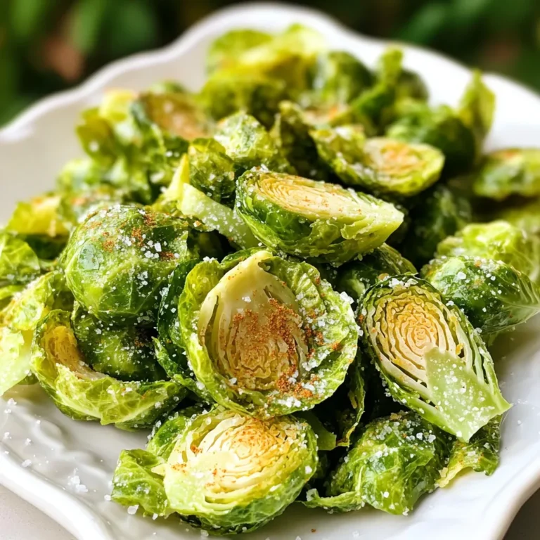- 1 lb Brussels sprouts - 2 tablespoons olive oil - 1 teaspoon garlic powder - 1 teaspoon smoked paprika - ½ teaspoon sea salt - ¼ teaspoon black pepper - 1 tablespoon nutritional yeast (optional) These simple ingredients make a tasty snack. I love using fresh Brussels sprouts. They get so crispy and flavorful in the air fryer. - Cayenne pepper for heat - Lemon zest for brightness - Parmesan cheese for a savory touch - Italian herbs for a twist Seasonings add extra fun. Try these options to find your favorite mix. You can easily change the flavor each time. Brussels sprouts are low in calories and high in nutrients. One serving offers: - Calories: 120 - Protein: 4g - Fat: 8g - Carbohydrates: 12g - Fiber: 4g These chips are a healthy snack choice. You get good nutrition without the guilt. Enjoy them while feeling great about what you eat! Start by preheating your air fryer to 375°F (190°C). Rinse the Brussels sprouts under cold water. Trim the ends and look for any yellow or damaged leaves. These need to go. Slice each Brussels sprout in half from top to bottom. This helps them cook evenly and become crispy. Now, grab a large bowl. Add the halved Brussels sprouts to the bowl. Pour in 2 tablespoons of olive oil. Then, sprinkle in 1 teaspoon of garlic powder, 1 teaspoon of smoked paprika, ½ teaspoon of sea salt, and ¼ teaspoon of black pepper. If you want a cheesy flavor, add 1 tablespoon of nutritional yeast. Toss everything together until the sprouts are well coated. This step boosts the flavor and helps them crisp up. Next, place the seasoned Brussels sprouts in the air fryer basket in a single layer. If your air fryer is small, you may need to cook in batches. Set the timer for 8-10 minutes. Halfway through, give the basket a good shake. This ensures even cooking. After 10 minutes, check if they are crispy. If you like them crunchier, cook for an extra 2-3 minutes. Keep an eye on them to avoid burning. Once done, take the Brussels sprouts chips out and let them cool for a few minutes. They will get even crispier as they cool. Enjoy your snack! To make your Brussels sprouts chips crispy, follow these steps. First, slice your sprouts thinly. Thin slices fry better. Use enough oil to coat them lightly. This helps with crisping. Shake the air fryer basket halfway. This ensures even cooking. If you want extra crunch, cook them longer. Keep an eye on them to avoid burning. The best temperature for Brussels sprouts chips is 375°F (190°C). This heat cooks them quickly while crisping the edges. If your chips are not crispy after 10 minutes, cook them for 2-3 more minutes. Each air fryer is different, so check often. Adjust the time as needed. Experiment to find your ideal crunch. These chips taste great on their own. You can also pair them with dips. Try hummus, ranch, or guacamole for a fun twist. Add them to a salad for crunch. You can also serve them with a sandwich. They add a nice texture. Enjoy your crispy Brussels sprouts chips however you like! {{image_2}} You can change the flavors of your Brussels sprouts chips. Here are some ideas: - Cajun Spice: Use Cajun seasoning for a kick. - Italian Herbs: Mix dried oregano and basil for a fresh taste. - Lemon Zest: Add lemon zest for a bright, zesty flavor. - Cinnamon: Try a pinch of cinnamon for a sweet twist. Cheese can make your chips even better. Here are some fun toppings: - Parmesan Cheese: Sprinkle grated Parmesan on top after cooking. - Cheddar Cheese: Use shredded cheddar for a rich taste. - Nutritional Yeast: This gives a cheesy flavor without dairy. - Chili Flakes: Add chili flakes for a spicy cheese kick. You don't need to stick to the listed ingredients. Here are some swaps: - Olive Oil: Use avocado oil or coconut oil instead. - Garlic Powder: Fresh garlic works well too; just chop it fine. - Nutritional Yeast: Skip it if you don’t like the flavor. - Brussels Sprouts: Try kale or cabbage for a new crispy snack. To keep your Brussels sprouts chips fresh, store them in an airtight container. This helps prevent them from getting soft. Make sure the chips are completely cool before sealing them. If you don’t have an airtight container, a resealable plastic bag will work too. Just squeeze out as much air as possible. If you have leftover chips, you can reheat them in the air fryer. Set the air fryer to 350°F (175°C). Cook for about 3-5 minutes. This will help restore their crunch. Avoid using the microwave, as it makes the chips soggy. You can freeze Brussels sprouts chips, but they might lose some crunch. To freeze, place them in a single layer on a baking sheet. Once frozen, transfer them to a freezer-safe bag. When you are ready to eat them, thaw in the fridge overnight. Reheat in the air fryer to regain some crispiness. Yes, you can use frozen Brussels sprouts. They will not be as crispy as fresh ones. Thaw them first and pat them dry. This step helps remove moisture. Follow the same steps for seasoning and air frying. Keep in mind that cooking time may vary. Check for crispiness as they cook. To spice up your Brussels sprouts chips, add more seasoning. Try adding cayenne pepper or chili powder. You can also use hot sauce in the oil mixture. Mix in a bit of crushed red pepper for extra heat. Experiment with different spices to find your favorite blend. Brussels sprouts chips are a healthy snack. They are low in calories and high in fiber. They also provide vitamins C and K. Using olive oil adds healthy fats. This recipe is much better than regular chips. Enjoy these chips guilt-free while satisfying your crunch cravings. Brussels sprouts chips are a tasty and healthy snack. We covered ingredients, step-by-step instructions, and tips for crispiness. You learned about seasoning options and how to store them well. In my view, these chips offer a fun twist on a classic veggie. Try your favorite flavors and enjoy a crunchy snack that’s good for you. With a little practice, you’ll master this easy recipe. Enjoy making your own Brussels sprouts chips!