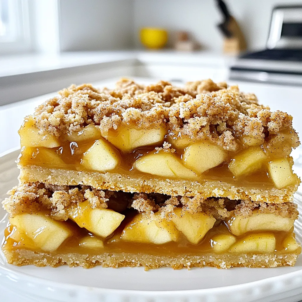 - 2 cups all-purpose flour - 1 cup rolled oats - 1 cup brown sugar, packed - 1/2 cup granulated sugar - 1/2 teaspoon baking powder - 1/2 teaspoon baking soda - 1 teaspoon cinnamon - 1/4 teaspoon salt - 1 cup unsalted butter, melted - 1 1/2 cups apples, peeled and diced (about 2 medium apples) - 1 cup caramel sauce (store-bought or homemade) - 1/2 cup chopped walnuts or pecans (optional) - Additional cinnamon and sugar for sprinkling You can swap the apples for pears if you want. Pears add a soft, sweet flavor. Use coconut oil instead of butter for a dairy-free option. If you want a nut-free version, leave out the walnuts or pecans. You can also try other nuts, like almonds or hazelnuts. - 1 cup = 240 ml - 1 tablespoon = 15 ml - 1 teaspoon = 5 ml - 1/2 cup = 120 ml - 1/4 teaspoon = 1.25 ml These conversions help if you use different measuring tools. You can make your baking easier by knowing these conversions. Keeping these handy ensures every recipe turns out just right! First, gather all your ingredients. You need flour, oats, sugars, and spices. Make sure your apples are peeled and diced. For a richer taste, set your butter to melt in the microwave. Preheat your oven to 350°F (175°C). Grease a 9x13 inch baking dish with butter or cooking spray. In a large mixing bowl, combine the flour, oats, both sugars, baking powder, baking soda, cinnamon, and salt. Mix these dry ingredients well. Then, pour in the melted butter. Stir until it resembles a crumbly dough. Reserve one cup of this dough for the topping. Press the rest into the bottom of your baking dish to form the crust. Bake this crust for about 15 minutes, until it turns a light golden brown. While your crust bakes, prepare the apple filling. In a separate bowl, mix your diced apples with caramel sauce. Stir until the apples are well coated. If you like, add chopped walnuts or pecans for crunch. Once the crust is ready, take it out of the oven. Pour the apple mixture evenly over the crust. Use a spatula to spread it out. Now, crumble the reserved dough over the apples. This will create a nice streusel topping. For an extra kick, sprinkle some cinnamon and sugar on top. Return the dish to the oven. Bake for 25 to 30 minutes, or until the topping is golden brown. The apples should be tender. Once baked, let the bars cool completely in the pan. This helps them set, making them easier to slice. When picking apples, go for firm ones. Look for apples that are bright and free of blemishes. I like using Granny Smith apples for their tartness. They balance the sweet caramel well. Honeycrisp apples also work great for their crisp texture. Always taste a slice before baking to ensure they have good flavor. Store leftover bars in an airtight container. Keep them in the fridge for up to five days. If you want to reheat, just pop them in the microwave for a few seconds. You can also warm them in the oven at 350°F for about 10 minutes. This brings back the gooey caramel and soft apples. To make these bars even better, try adding spices. A pinch of nutmeg or ginger adds warmth. You can also mix in dried fruits like cranberries for a twist. Drizzling extra caramel sauce before serving gives a nice touch. For crunch, sprinkle more nuts on top after baking. Each change adds a new layer of taste. {{image_2}} You can make these bars gluten-free easily. Use gluten-free flour instead of all-purpose flour. Look for a blend that works well in baking. You should also check that your oats are certified gluten-free. This way, you can enjoy the same great flavor without the gluten. To make this recipe vegan, swap out the butter for plant-based butter. Use a flaxseed or chia seed egg instead of a regular egg. Mix one tablespoon of flaxseed with two tablespoons of water, and let it sit for five minutes. For the caramel, choose a vegan brand or make your own at home. These changes keep the bars tasty and animal-friendly. You can spice up these bars. Add a dash of nutmeg or ginger for a warm flavor. If you like a crunch, toss in some chopped nuts such as walnuts or pecans. For a fun twist, try adding raisins or dried cranberries to the apple mix. Each variation changes the taste, making every batch unique and delicious. To keep your caramel apple streusel bars fresh, let them cool completely. Once cool, cut them into squares. Place the squares in an airtight container. Store them at room temperature for up to three days. If you want to keep them longer, refrigerate them. They will last up to a week in the fridge. To freeze these bars, wrap each square tightly in plastic wrap. You can also place them in a freezer bag. Make sure to remove as much air as possible. These bars can freeze well for up to three months. When you’re ready to enjoy them, thaw in the fridge overnight. These bars are delightful on their own. For a special treat, serve them warm with extra caramel sauce drizzled on top. A scoop of vanilla ice cream adds a creamy touch. Try garnishing with chopped nuts or a sprinkle of cinnamon for added flavor. Yes, you can make these bars ahead of time. Bake them and let them cool completely. Then, store them in an airtight container. They stay fresh for up to three days at room temperature. For longer storage, put them in the fridge. If you don’t have caramel sauce, you can use dulce de leche. This sweet treat adds a similar rich flavor. You can also make your own caramel sauce at home using sugar and cream. Just be careful not to burn it! To keep the bars moist, do not overbake them. Bake until the top is golden, about 25-30 minutes. Adding more apples can also help. The moisture from the apples keeps the bars soft. The best apples for baking are Granny Smith, Honeycrisp, or Fuji. These apples hold their shape and add a nice balance of sweet and tart. Avoid soft apples, as they become mushy when baked. Absolutely! You can add chopped nuts, chocolate chips, or raisins for extra flavor. A sprinkle of oats or coconut on top can add texture. Just make sure to adjust the baking time if you add a lot of extras. In this blog post, we explored how to make delicious Caramel Apple Streusel Bars. We covered the essential ingredients and offered helpful substitutions. I shared my step-by-step baking method, along with tips to enhance flavor and texture. You also learned about storage options and variations, like gluten-free and vegan versions. Making these bars is fun and rewarding. With the right ingredients and techniques, you can impress everyone. Enjoy creating this sweet treat, and don’t hesitate to personalize your recipe!