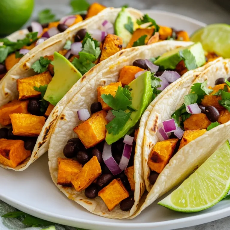 - 2 medium sweet potatoes, peeled and diced - 1 can (15 oz) black beans, drained and rinsed - 1 tablespoon olive oil - 1 teaspoon ground cumin - 1 teaspoon smoked paprika - 1/2 teaspoon garlic powder - 1/2 teaspoon onion powder - Salt and pepper to taste - 8 small corn tortillas - 1 avocado, sliced - 1/4 cup red onion, finely chopped - Fresh cilantro, for garnish - Lime wedges, for serving To make tasty sweet potato black bean tacos, you need a few key ingredients. Sweet potatoes give a natural sweetness and a creamy texture. Black beans add protein and heartiness. Seasoning like cumin and smoked paprika brings warmth and depth. Olive oil helps with roasting and adds flavor. Soft corn tortillas hold everything together. You can swap sweet potatoes for other root veggies like butternut squash or carrots. If you prefer different beans, try pinto or kidney beans. For a gluten-free choice, use corn tortillas. If you want it spicier, add jalapeños or hot sauce. Each taco packs about 230 calories. They contain good amounts of fiber and protein. Sweet potatoes are rich in vitamins A and C. Black beans bring iron and magnesium. This meal is filling and healthy, making it great for any day. {{ingredient_image_1}} To start, peel and dice two medium sweet potatoes. Aim for small, even pieces. This helps them cook quickly and evenly. In a large bowl, add the diced sweet potatoes. Pour in one tablespoon of olive oil. Then, sprinkle one teaspoon of ground cumin, one teaspoon of smoked paprika, half a teaspoon of garlic powder, and half a teaspoon of onion powder. Add salt and pepper to taste. Toss everything well until the sweet potatoes are coated. Next, preheat your oven to 400°F (200°C). Spread the seasoned sweet potatoes on a baking sheet in a single layer. Bake for 20 to 25 minutes. Stir them halfway through to ensure even cooking. The sweet potatoes are done when they are tender and have a nice caramelized look. While the sweet potatoes bake, it’s time to heat the black beans. Open a 15-ounce can of black beans, draining and rinsing them first. Place the beans in a small saucepan over medium heat. Add a pinch of salt and pepper for flavor. Stir occasionally for about five minutes until the beans are hot. This simple step adds protein and richness to your tacos. Now for the fun part: assembling your tacos! Start by warming the corn tortillas in a dry skillet over medium heat. Heat them for about 30 seconds on each side. This makes them pliable and tasty. On each tortilla, spoon a generous amount of the roasted sweet potatoes. Add a spoonful of the heated black beans next. For extra flavor, top with slices of fresh avocado, a sprinkle of finely chopped red onion, and fresh cilantro. Serve your tacos with lime wedges on the side for an extra zesty kick. Enjoy your delicious creation! To get the best texture for your sweet potatoes, roasting is key. Here’s how I do it: - Cut uniform pieces: Dice the sweet potatoes into small, even cubes. This helps them cook evenly. - Use olive oil: Toss the sweet potatoes with olive oil. A thin coat helps them caramelize. - Don’t overcrowd the pan: Spread the sweet potatoes in a single layer. This allows them to roast, not steam. - Stir halfway: Turn the sweet potatoes halfway through cooking. This ensures they brown on all sides. For the tortillas, I recommend: - Warming them up: Heat the corn tortillas in a dry skillet. This makes them soft and easy to fold. - Keep them covered: After warming, place them under a clean towel. This keeps them warm and pliable. Garnishes can take your tacos to the next level. Here are my favorites: - Fresh cilantro: A sprinkle of cilantro adds a burst of flavor. - Red onion: Finely chopped red onion brings a nice crunch. - Sliced avocado: Creamy avocado balances the spices and adds texture. - Lime wedges: Serve lime wedges on the side. A squeeze of lime brightens the taste. To boost the flavor even more, consider these spices: - Add chili powder: A pinch of chili powder gives a nice kick. - Try fresh herbs: Fresh herbs like parsley or dill can add depth. - Experiment with cumin: Adding more cumin can enhance the earthy flavor. Pair these tacos with sides for a complete meal. Here are some ideas: - Serve with rice: A side of cilantro lime rice complements the tacos well. - Offer a salad: A fresh salad with a citrus dressing adds a light touch. - Include chips and salsa: Crunchy chips with salsa are always a hit. For meal prep, these tacos hold up nicely. Here’s how to handle leftovers: - Store filling separately: Keep the sweet potatoes and black beans in separate containers. This helps retain their texture. - Reheat before serving: Warm the filling on the stove or in the microwave. Then, assemble fresh tacos. - Make extra tortillas: If you have leftovers, consider making extra tortillas for quick meals later. Pro Tips Perfectly Roasted Sweet Potatoes: To achieve that delicious caramelization, make sure to spread the sweet potatoes in a single layer on the baking sheet. Overcrowding can lead to steaming instead of roasting. Warm Tortillas: For the best texture, heat your corn tortillas in a dry skillet rather than in the microwave. This will keep them from becoming soggy and enhance their flavor. Bean Variations: Feel free to experiment with different types of beans! Black beans are great, but pinto or even chickpeas can add a unique twist to your tacos. Garnish with Flavor: Fresh herbs like cilantro add not just color but also a burst of flavor. Don’t skip the lime wedges; they brighten up the dish significantly! {{image_2}} You can change up the beans in this recipe. Try using pinto beans or chickpeas instead of black beans. Both add great flavor. If you want more veggies, add bell peppers or zucchini. These options will give your tacos a unique taste. For toppings, think outside the box. Instead of avocado, try using mango or pineapple salsa. This adds a sweet and fresh twist. You can also add sliced radishes or jalapeños for some extra crunch and heat. Feeling creative? You can turn these tacos into burritos. Just add more fillings and wrap them up tightly. For a salad option, toss the sweet potatoes and beans with greens. Serve this with a lime dressing for a refreshing meal. Taco bowls are another fun idea. Use a base of rice or quinoa, then layer on sweet potatoes and beans. Top with your favorite salsa, avocado, and cilantro for a filling dish. If you’re watching carbs, swap the corn tortillas for lettuce wraps. This keeps all the flavors while reducing carbs. You can also use cauliflower rice as a base for taco bowls. For those wanting more protein, add grilled chicken or tofu. This boosts the protein content and keeps your meal satisfying. Adding nuts or seeds is another great way to increase protein while keeping it plant-based. After you enjoy your tacos, store the leftovers in an airtight container. This keeps them fresh and prevents any strong smells. Properly stored, the tacos stay good in the fridge for about 3 days. If you have extra filling, store it separately from the tortillas. This helps keep everything fresh and tasty. To freeze the tacos, wrap each taco in plastic wrap. Place them in a freezer-safe bag, squeezing out as much air as possible. You can also freeze the sweet potato and black bean filling separately. This allows you to use them later. For the best taste, use the frozen tacos within 2 months. When you're ready to eat, defrost them overnight in the fridge. You can reheat your tacos in the microwave or oven. For the microwave, place the taco on a plate and cover it with a damp paper towel. Heat for about 30-60 seconds. In the oven, preheat to 350°F (175°C). Place the tacos on a baking sheet and heat for 10-15 minutes. This method keeps the tortillas crispy. To retain texture, avoid using high heat in the microwave. This helps keep your tacos delicious! You can cook sweet potatoes in several ways. Roasting gives them a nice, caramelized flavor. To roast, preheat your oven to 400°F (200°C). Toss diced sweet potatoes with olive oil and spices. Spread them on a baking sheet and bake for 20-25 minutes. Stir halfway through for even cooking. You can also steam sweet potatoes. This method keeps them soft and moist. Just peel, chop, and steam until tender. Boiling is another option but may dilute flavor. Roasting is my go-to for tacos because it adds depth and sweetness. Yes, you can prepare these tacos ahead of time. Bake the sweet potatoes and warm the black beans in advance. Store each filling in airtight containers in the fridge. They stay fresh for up to three days. When you're ready to eat, just reheat the sweet potatoes and beans. Warm the tortillas on a skillet for the best texture. This way, you can enjoy quick, delicious meals throughout the week. Absolutely! Sweet Potato Black Bean Tacos are great for meal prep. They are easy to make in batches. You can prepare enough for several meals. To keep them fresh, store each ingredient separately. This helps maintain texture and flavor. You can mix and match fillings as you like. It makes for a fun and varied week of meals. Sweet Potato Black Bean Tacos offer a tasty and healthy meal option. We covered essential ingredients, their benefits, and cooking steps. You learned helpful tips for texture and flavor, plus ways to customize your dish. Storing and reheating methods keep your tacos fresh for later enjoyment. Embrace these simple recipes and make them your own. Enjoy delicious, nutritious tacos that everyone will love!