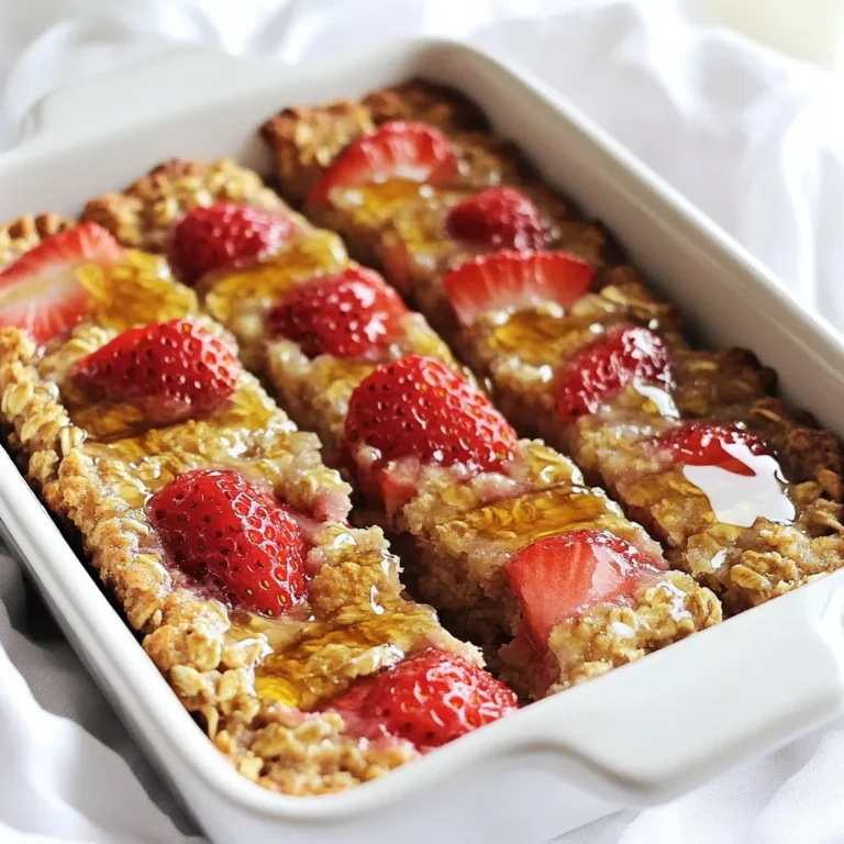 - 1 ½ cups rolled oats - ½ cup almond flour - 1 cup fresh strawberries, hulled and chopped - 1/4 cup honey or maple syrup The main ingredients form the base of these tasty bars. Rolled oats give a hearty texture. Almond flour adds a nice nutty flavor and keeps the bars soft. Fresh strawberries bring in brightness and sweetness. You can choose honey or maple syrup for a natural sweet touch. - 1/3 cup almond milk (or any milk of choice) - 2 tablespoons coconut oil, melted - ½ teaspoon cinnamon Optional ingredients can enhance the bars. Almond milk helps keep the mixture moist. Coconut oil adds flavor and richness. A hint of cinnamon can warm up the taste. You can customize these bars based on what you have at home. Feel free to mix and match ingredients to fit your taste! 1. Preheat your oven to 350°F (175°C). This step ensures even baking. 2. Prepare your baking dish by lining an 8x8 inch dish with parchment paper. Let some paper hang over the sides. This makes it easier to lift the bars out later. 3. Mix your dry ingredients in a large bowl. Combine the rolled oats, almond flour, baking powder, cinnamon, and a pinch of salt. Stir well until everything is blended nicely. 1. Whisk the wet ingredients in a separate bowl. Add honey or maple syrup, almond milk, melted coconut oil, and vanilla extract. Mix until smooth and creamy. 2. Fold in the strawberries gently. Pour the wet mix into the dry mix and stir until they just come together. Be careful not to crush the strawberries. They add flavor and color to your bars. 1. Transfer the mixture to your prepared baking dish. Spread the mix evenly with a spatula. Make sure it covers the bottom well. 2. Bake the bars in the preheated oven for 25-30 minutes. The edges should turn golden brown. To check readiness, insert a toothpick in the center. It should come out clean. These steps will guide you to make delicious Strawberry Oatmeal Breakfast Bars. Enjoy the process and the tasty results! To make sure your strawberry oatmeal bars cook evenly, follow these tips: - Use Parchment Paper: Line your baking dish with parchment paper. This helps with easy removal. Leave some paper hanging over the edges. - Check the Oven Temperature: Always preheat your oven. This ensures even baking from the start. - Spread Evenly: When you transfer the mixture to the baking dish, use a spatula to spread it out evenly. This helps all parts cook at the same rate. - Check Doneness with a Toothpick: Insert a toothpick into the center of the bars. If it comes out clean, they are done. If not, give them a few more minutes. You can customize your strawberry oatmeal bars with these easy swaps: - Sweeteners: If you don’t have honey, try maple syrup, agave, or brown sugar. Each sweetener gives a different taste but works well. - Flour Options: Instead of almond flour, you can use whole wheat flour or oat flour. Each type offers a unique flavor and texture. These adjustments let you make the bars fit your taste and needs. Enjoy experimenting! {{image_2}} You can easily change the taste of your bars. Adding nuts or seeds gives a nice crunch. I love using walnuts or sunflower seeds. They add protein and healthy fats. Just mix in about half a cup when you combine the wet and dry ingredients. If you want to switch things up, try using other fruits. You can replace strawberries with blueberries or raspberries. These fruits work well with the oats. Just remember to chop them if they are large. The flavor will change, but it will still taste great. You can make these bars gluten-free. Just swap the rolled oats with certified gluten-free oats. This way, everyone can enjoy them. It’s a simple switch that keeps the texture intact. Want to make them dairy-free? Use almond milk or any milk substitute. Coconut milk gives a nice flavor too. You can also replace the honey with maple syrup to keep it plant-based. These small changes keep the bars tasty and good for many diets. Store your strawberry oatmeal breakfast bars in an airtight container. This keeps them fresh and moist. Choose a container that fits the bars snugly. You want to avoid any air that can dry them out. For best results, refrigerate your bars. Keeping them cool helps preserve their flavor and texture. Place a piece of parchment paper between layers if you stack them. This will stop them from sticking together. These bars last up to a week in the fridge. They make a great grab-and-go snack! After five days, check for any signs of spoilage. If you want to keep them longer, freezing works well. To freeze, wrap each bar in plastic wrap. Then, place them in a freezer bag. They can last up to three months in the freezer. When you're ready to eat, just thaw them in the fridge overnight. Enjoy your tasty snack whenever you want! Can I use frozen strawberries? Yes, you can use frozen strawberries. Just thaw them first. Drain any extra water. This keeps your bars from getting soggy. Chopped frozen strawberries work great in this recipe. How do I make these bars vegan? To make these bars vegan, replace honey with maple syrup. Use almond milk or any plant-based milk. These swaps keep the bars tasty and plant-friendly. Caloric content per serving Each bar has about 150 calories. This gives you a filling snack without too many calories. Health benefits of ingredients used - Rolled oats provide fiber, which helps digestion. - Almond flour adds healthy fats and protein. - Strawberries are rich in vitamins and antioxidants. - Honey or maple syrup gives natural sweetness with nutrients. These ingredients make a balanced snack that fuels your day. In this blog post, we explored how to make tasty strawberry oatmeal breakfast bars. We covered essential ingredients like rolled oats and fresh strawberries. You learned step-by-step instructions, from mixing to baking. I shared tips for perfect bars and variations to keep things fun. Storing tips help keep your bars fresh. These bars are easy to modify for different diets and preferences. Enjoy making these healthy treats and feel great about what you eat!