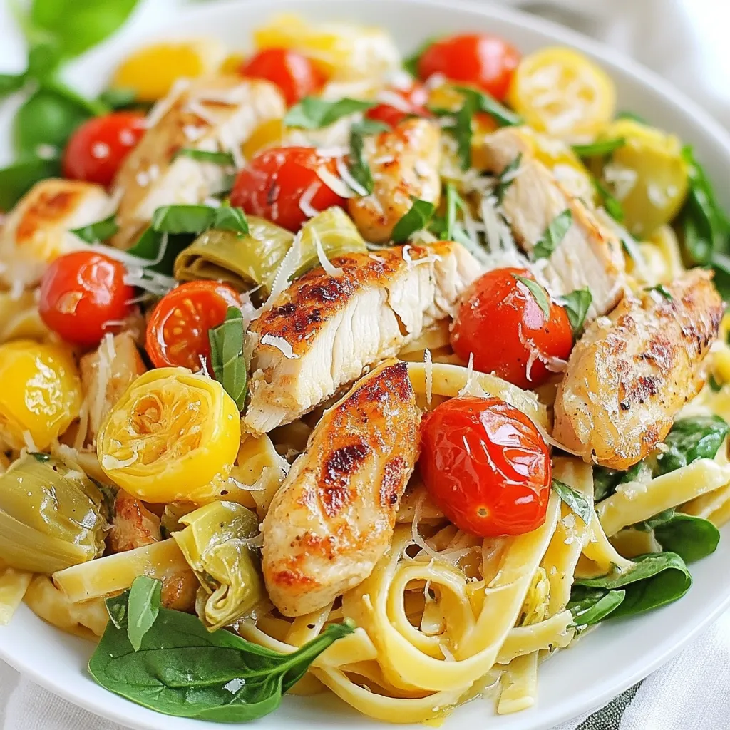 - 2 boneless, skinless chicken breasts - 8 oz fettuccine pasta - 1 can (14 oz) artichoke hearts, drained and quartered - 2 tablespoons olive oil - 3 cloves garlic, minced - Zest and juice of 1 lemon - 1 cup cherry tomatoes, halved - 1 cup spinach, fresh - Fresh basil for garnish - 1/4 teaspoon red pepper flakes (optional) - Salt and pepper to taste - 1/4 cup grated Parmesan cheese (optional for serving) When I make Lemon Artichoke Chicken Pasta, I love using fresh and simple ingredients. The main stars are the chicken, pasta, and artichokes. The chicken breasts give you protein, while the fettuccine pasta provides a great base. The artichoke hearts add a unique taste and texture. For flavor, I use olive oil, garlic, and lemon. You can’t go wrong with that combo! The lemon zest and juice bring brightness to the dish. Adding cherry tomatoes and fresh spinach makes it colorful and healthy. I always like to use fresh basil for a lovely garnish. If you want some heat, red pepper flakes are a nice touch. Finish it off with Parmesan cheese if you like. This dish is not just simple but also delicious. It’s a perfect meal for any night! {{ingredient_image_1}} First, boil water in a large pot. Add the fettuccine and cook until it's al dente. This means it should still have a little bite. Once done, drain the pasta but save ½ cup of the pasta water. This water will help make the sauce later. While the pasta cooks, take the chicken breasts. Season them with salt, pepper, and lemon zest. Heat olive oil in a large skillet over medium heat. Add the chicken breasts and cook for 5 to 6 minutes on each side. Look for a golden brown color and ensure it’s fully cooked. After cooking, let the chicken rest for a few minutes. Then, slice it into thin strips. Now, it’s time to bring everything together. In the same skillet, add minced garlic and sauté it for about one minute. The smell will be amazing! Next, toss in the artichoke hearts, cherry tomatoes, and fresh spinach. Cook this mix for about 3 to 4 minutes, or until the spinach wilts and the tomatoes soften. Add the cooked pasta and sliced chicken to the skillet. Pour in the lemon juice and any red pepper flakes if you want some heat. Toss everything well, using the reserved pasta water to create a light sauce. Take a moment to taste your dish. Adjust the seasoning with more salt, pepper, or lemon juice if needed. Once it’s right, remove the skillet from heat. Serve the pasta warm and add grated Parmesan cheese and fresh basil for a delightful finish. Enjoy your Lemon Artichoke Chicken Pasta! To ensure juicy chicken, always start by seasoning well. Use salt, pepper, and lemon zest. This adds flavor right from the start. Cook the chicken in a hot skillet for 5-6 minutes on each side. Use a meat thermometer to check for doneness. The internal temperature should reach 165°F. Let the chicken rest before slicing. This helps keep the juices inside. Using reserved pasta water is key for a smooth sauce. After cooking the pasta, save about half a cup of this water. It helps to thin out the sauce. When mixing in the pasta, add a little water at a time. This creates a light, flavorful coating. Balancing flavors is crucial. Taste as you go. You may want more lemon juice or salt. A pinch of red pepper flakes adds a nice kick, too. Presentation makes a big difference. Serve the pasta in wide bowls to showcase its colors. Top with fresh basil and a sprinkle of Parmesan cheese. This adds a gourmet touch. For side dishes, a simple green salad works well. You can also serve garlic bread alongside. This adds flavor and crunch to the meal. Pro Tips Use Fresh Ingredients: Fresh artichoke hearts and tomatoes will elevate the dish, giving it a vibrant flavor and texture. Perfectly Cooked Chicken: Ensure the chicken is cooked to an internal temperature of 165°F for safety and to keep it juicy. Reserve Pasta Water: The starchy water helps bind the sauce and gives a silky texture to the dish, so don’t forget to save some! Garnish Wisely: Fresh basil and Parmesan add not only flavor but also a beautiful presentation to your dish. {{image_2}} If you want to make this dish vegetarian, you can easily swap chicken for tofu or chickpeas. Both options add protein and texture. Use firm tofu for the best results. You can sauté the tofu until golden brown. Chickpeas provide a nice bite and work well with the sauce. You can also add other vegetables. Try bell peppers, zucchini, or mushrooms. These add color and flavor. Just sauté them along with the garlic. To change the flavor, consider adding herbs like oregano or thyme. These herbs complement the lemon and artichoke nicely. Fresh herbs bring out the best in your dish. You can also switch up the pasta. Fettuccine is great, but penne or spaghetti works too. The choice of pasta can change the dish's look and feel. If you like heat, add more spices. Incorporate diced jalapeños or a dash of cayenne pepper. They will give your dish a kick. You can adjust the red pepper flakes to your taste. Start with a little, then add more if you want it spicier. To keep your Lemon Artichoke Chicken Pasta fresh, store it in an airtight container. Make sure it cools down before sealing. This dish stays good in the fridge for about 3 to 4 days. If you want to enjoy it later, label the container with the date. When you reheat, the key is not to dry it out. Use a microwave-safe bowl and add a splash of water. Cover it with a lid or a damp paper towel. Heat in short bursts, stirring in between for even warmth. If you prefer the stovetop, place it in a skillet over low heat. Add a little olive oil and stir until warm. Yes, you can freeze Lemon Artichoke Chicken Pasta. Portion it into freezer-safe containers. It keeps well for about 2 to 3 months. To thaw, move it to the fridge overnight. Reheat as mentioned above, adding a bit of water if needed. Enjoy your tasty meal without any fuss! Lemon Artichoke Chicken Pasta is a bright and tasty dish. It features tender chicken, artichoke hearts, and fresh veggies. The lemon zest and juice add a zesty flavor. This dish is light yet filling, perfect for any meal. Yes, you can use frozen artichoke hearts. They are a great option when fresh ones are not available. Just thaw them before cooking. Frozen artichokes save time and still taste good. You can use several pasta types instead of fettuccine. Spaghetti, penne, or even gluten-free pasta work well. Choose what you have on hand or prefer. Each type gives a different texture but tastes great with the sauce. To make this dish gluten-free, choose gluten-free pasta. There are many options made from rice or chickpeas. These options cook well and taste good in this recipe. Just follow the cooking time on the package. This dish serves four and is balanced. Each serving has about 400 calories. It has protein from chicken and fiber from veggies. You get healthy fats from olive oil. Adjust the cheese and olive oil for a lighter meal. This blog post covers how to make Lemon Artichoke Chicken Pasta from scratch. We looked at ingredients, cooking steps, tips for perfect chicken, and fun variations for your dish. You can easily adapt this recipe based on your taste. Don’t forget to store leftovers properly to enjoy them later. I hope you feel ready to create this dish with confidence. Enjoy your cooking and the bright flavors in every bite!