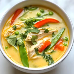To make a tasty Coconut Lime Chicken Soup, gather these main ingredients: - 1 pound boneless, skinless chicken breasts, diced - 1 can (13.5 oz) coconut milk - 4 cups chicken broth - 1 cup mushrooms, sliced - 1 red bell pepper, thinly sliced - 1 cup snap peas - 2 cloves garlic, minced - 1 tablespoon ginger, minced - 2 tablespoons fish sauce (or soy sauce for a vegetarian option) - Juice and zest of 2 limes - Salt and pepper to taste - 2 tablespoons vegetable oil These ingredients come together to create a bright and flavorful soup. The chicken adds protein, while coconut milk gives it a creamy texture. The veggies add crunch and color, making it beautiful. You can enhance the soup with these optional garnishes: - Fresh cilantro, chopped - Lime wedges - Sliced green onions Adding garnishes boosts flavor and makes the soup look great. Fresh cilantro brings a nice herbal touch, while lime wedges add a zesty kick. If you need to make changes, here are some substitutions: - Use tofu or beans instead of chicken for a vegetarian option. - Swap coconut milk with almond or cashew milk for a lighter soup. - Try different vegetables like carrots or spinach for added nutrition. These options keep the soup delicious while fitting different diets and tastes. Feel free to experiment with what you have at home! {{ingredient_image_1}} To start, you need a large pot. Heat 2 tablespoons of vegetable oil on medium-high. Once hot, add 1 pound of diced chicken. Season it with salt and pepper. Cook the chicken for 5-7 minutes until it turns brown. Remove the chicken and set it aside. Next, in the same pot, add 2 cloves of minced garlic and 1 tablespoon of minced ginger. Sauté them for about 1 minute until they smell great. Now, add 1 cup of sliced mushrooms, 1 thinly sliced red bell pepper, and 1 cup of snap peas. Cook these veggies for 3-4 minutes until they start to soften. Pour in 4 cups of chicken broth and 1 can of coconut milk. Stir in 2 tablespoons of fish sauce (or soy sauce if you prefer). Add the juice and zest of 2 limes for a zesty kick. Bring everything to a simmer. Finally, return the cooked chicken to the pot. Let it simmer for another 10-15 minutes. This allows all the flavors to mix well. Taste and adjust with more salt and pepper if needed. Browning the chicken adds flavor. Make sure the pot is hot before adding the chicken. If the pot is not hot enough, the chicken will steam instead of brown. Cook the chicken in batches if your pot is small. This way, each piece gets nice and brown. Use a wooden spoon to stir the chicken gently. Avoid overcrowding the pot, which can lower the temperature. When it’s done, the chicken should be golden and cooked through. Simmering is key to a great soup. After adding the liquid, bring it to a light boil. Then, reduce the heat to low. You want the soup to bubble gently. This helps develop the flavors without overcooking the ingredients. Keep an eye on the soup. Stir occasionally to prevent sticking. If you see large bubbles, turn the heat down a bit. A gentle simmer allows the chicken to stay tender and the veggies to keep their crunch. Enjoy the process! To make this soup truly shine, use fresh ingredients. Fresh lime juice adds bright notes. When you cook the chicken, ensure it’s browned well. This step adds depth to your soup. Sauté garlic and ginger until fragrant. This step brings out their full flavor. Don’t rush the simmering stage. Let the chicken soak in the broth for at least ten minutes. This melds all the flavors together beautifully. One common mistake is overcooking the chicken. It should be tender but not dry. Another pitfall is using low-quality coconut milk. Choose a full-fat version for creaminess. Also, be careful not to skip the lime zest. It boosts the soup’s aroma and taste. Lastly, don’t forget to taste and adjust the seasoning. A little more salt can make a big difference. Serve the soup hot in deep bowls. Top each serving with fresh cilantro. You can also offer lime wedges on the side. A sprinkle of red pepper flakes adds heat for spice lovers. Pair the soup with warm crusty bread for a complete meal. If you like, serve it with a side salad for a refreshing crunch. Enjoy your flavorful comfort in every spoonful! Pro Tips Marinate the Chicken: For enhanced flavor, marinate the diced chicken in lime juice, garlic, and ginger for at least 30 minutes before cooking. Choose Fresh Ingredients: Using fresh vegetables and herbs will elevate the taste of your soup significantly, making it more vibrant and aromatic. Adjust the Consistency: If you prefer a thicker soup, you can blend a portion of the soup and stir it back in, or add a cornstarch slurry to achieve the desired thickness. Garnish Generously: Don't skimp on the cilantro; a generous sprinkle right before serving adds a burst of freshness that complements the coconut and lime beautifully. {{image_2}} To make this soup vegetarian or vegan, swap the chicken for tofu or chickpeas. Tofu adds a nice texture, and chickpeas boost protein. Use vegetable broth instead of chicken broth. Replace fish sauce with soy sauce or tamari for a gluten-free option. You can also add more vegetables like spinach or carrots for extra nutrients. If you want to change the protein, try shrimp or fish. Both cook fast and add great flavor. For a heartier option, use beef or pork. Just make sure to adjust cooking times for different proteins. For example, shrimp only needs a few minutes to cook. To adjust the spice level, add more or less ginger and garlic. If you like heat, toss in some red pepper flakes or sliced jalapeños. For a milder soup, reduce these spices or omit them altogether. Remember, you can always add more spice later, but you can't take it out once it's in! To store leftovers, let the soup cool down first. Pour it into an airtight container. You can keep it in the fridge for up to three days. Always label your container with the date. This way, you will know when it’s time to enjoy it again. You can freeze this soup for later. Use freezer-safe containers or heavy-duty bags. Leave some space at the top since the soup will expand. Label the containers with the date. It will stay fresh for about three months in the freezer. To reheat, take the soup out of the fridge or freezer. If frozen, let it thaw overnight in the fridge. Heat the soup in a pot over medium heat. Stir it often until it’s hot. If needed, add a splash of broth or water to loosen it up. Enjoy your comforting bowl of soup! You can use almond milk or soy milk as a substitute. They offer a light flavor and creamy texture. If you want a thicker soup, try using cashew cream. It has a rich taste and blends well with the other ingredients. For a dairy option, heavy cream works too, but it changes the flavor a bit. Yes, you can make this soup a day in advance. Just let it cool down before storing. Keep it in the fridge in an airtight container. When you are ready to eat, reheat it on the stove. This allows the flavors to deepen, making the soup taste even better. To add heat, you can include sliced jalapeños or red pepper flakes. Add them during cooking for a nice kick. Another option is to stir in some sriracha or hot sauce right before serving. Start with a little, then taste and adjust as needed. Serve the soup hot in bowls. Garnish with fresh cilantro for a burst of color and flavor. You can also add lime wedges on the side for extra zing. Pair it with crusty bread or rice for a complete meal. This soup is perfect for a cozy night in or for sharing with friends. Coconut lime chicken soup is a tasty and fun dish. We covered main ingredients, tips for cooking, and how to avoid common mistakes. You can also explore different versions, like vegan options or spice levels. Storing leftovers and reheating is easy. Remember to use fresh ingredients for the best flavor. This soup can be your go-to meal for any day. Enjoy making it and customizing it to your taste. Happy cooking!