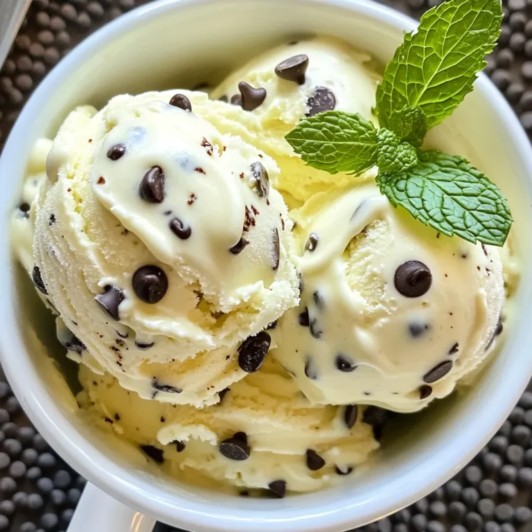 To whip up a delightful batch of no-churn mint chocolate chip ice cream, gather these key ingredients: - 2 cups heavy whipping cream - 1 can (14 oz) sweetened condensed milk - 1 teaspoon peppermint extract - A few drops of green food coloring (optional) - 1 cup chocolate chips (dark or semi-sweet) - Pinch of salt These simple items make a rich and creamy treat. The heavy cream gives it a smooth texture. The sweetened condensed milk adds sweetness and creaminess. Mint extract brings the refreshing flavor, while chocolate chips provide a lovely crunch. To ensure your ice cream turns out perfect, measure your ingredients carefully. Here are some tips: - Use a liquid measuring cup for heavy cream. Fill it to the 2-cup mark. - For sweetened condensed milk, use a can opener and pour it into a bowl. - A teaspoon is great for measuring the peppermint extract. Avoid spilling it to keep the flavor right. - If using food coloring, add a tiny drop. You can always add more later. Accurate measuring helps balance flavors and textures in your ice cream. You can tweak the ingredients to fit your taste or needs. Here are some options: - Heavy whipping cream: Try coconut cream for a dairy-free version. - Sweetened condensed milk: Use a homemade version made with coconut milk and sugar. - Peppermint extract: Swap it for vanilla extract or almond extract for a different flavor. - Chocolate chips: You can use white chocolate chips or even chopped nuts for crunch. These alternatives keep the spirit of the recipe while allowing you to customize your ice cream. Enjoy experimenting! {{ingredient_image_1}} First, grab a large mixing bowl. Pour in 2 cups of heavy whipping cream. Use an electric mixer on medium-high speed. Whip the cream for 3-5 minutes. The cream should form stiff peaks. This step adds air and volume. The whipped cream makes the ice cream fluffy and light. Next, take a separate bowl. Add 1 can of sweetened condensed milk. Mix in 1 teaspoon of peppermint extract. If you want a fun color, add a few drops of green food coloring. Finally, add a pinch of salt. Stir until all ingredients blend well. This mixture will give your ice cream its sweet and minty taste. Now, it’s time to combine the mixtures. Gently fold the whipped cream into the condensed milk mixture. Use a spatula and be careful not to deflate the whipped cream. Once mixed, fold in 1 cup of chocolate chips. Save a few for a topping later. Pour the ice cream mixture into a freezer-safe container. Smooth the top with your spatula. Sprinkle the reserved chocolate chips on top. Cover the container tightly and freeze for at least 6 hours. Your ice cream needs to set completely. Enjoy your mint chocolate chip delight! To make great whipped cream, use cold heavy cream. Chill your mixing bowl too. This helps it whip up faster. Start mixing on low speed, then increase to medium-high. Whip until you see stiff peaks. Be careful not to over-whip. If you do, it can turn into butter! One common mistake is not chilling your tools. Warm bowls or cream can lead to flat whipped cream. Another mistake is mixing too fast. This can cause splatter. Always fold gently when adding whipped cream to the other mix. This keeps the air in, making your ice cream light and fluffy. Want to boost flavor? Try adding a pinch of sea salt to the whipped cream. This will enhance the sweet taste. You can also add a splash of vanilla extract for depth. For texture, use mini chocolate chips instead of regular ones. They mix in better and give you a nice crunch. Pro Tips Chill Your Equipment: For a creamier texture, chill your mixing bowl and beaters in the freezer for about 15 minutes before whipping the cream. This helps the cream whip faster and increases volume. Use Quality Chocolate Chips: Opt for high-quality dark or semi-sweet chocolate chips to enhance the flavor of your ice cream. They will melt beautifully and provide a richer taste. Customize Your Mint Flavor: Feel free to adjust the amount of peppermint extract to suit your taste preferences. Start with a teaspoon and add more if you want a stronger mint flavor. Prevent Ice Crystals: To avoid ice crystals forming in your ice cream, make sure to store it in an airtight container. This helps maintain a smooth texture as it freezes. {{image_2}} You can have fun with flavors in no-churn ice cream. Try using vanilla extract instead of peppermint. You could also mix in fresh fruits like strawberries or mangoes. For a spicy twist, add a dash of cinnamon. Each flavor brings its own joy, making ice cream a fun creation. Chocolate types can change the taste of your ice cream. Dark chocolate gives a rich, bold flavor. Semi-sweet chocolate is sweet but not too much. You could even use white chocolate for a creamy treat. Each type of chocolate offers something special. Mix and match to find your favorite combo. Making dairy-free ice cream is easy! Use coconut cream instead of heavy cream. You can also choose almond milk or oat milk. For sweetening, use maple syrup or agave nectar. These swaps keep your dessert creamy and tasty. Everyone can enjoy this mint chocolate chip delight! To keep your no-churn mint chocolate chip ice cream fresh, follow these tips: - Use a freezer-safe container with a tight lid. - Make sure to smooth the top before sealing. This helps reduce ice crystals. - Avoid opening the freezer too often. This keeps the ice cream at a steady temperature. - If you have space, place the container in the back of the freezer. This spot stays coldest. You can re-use old containers for your ice cream. Here’s how: - Clean the container thoroughly. Make sure it is free from any old food or odors. - Label the container with the date and contents. This way, you won't forget what's inside. - If the container has a lid, ensure it fits tightly. If not, cover it well with plastic wrap. No-churn mint chocolate chip ice cream can last a while if stored right: - In the freezer, it stays good for about 2-3 weeks. - For best taste, eat it within the first week. - If you notice ice crystals forming, it may have been opened too much. This can affect the texture. - Always check for off smells or tastes before serving. If it seems off, it's best to toss it. Yes, you can! Almond extract or vanilla extract works well too. Each will give a unique flavor. If you prefer fruity flavors, try using orange or lemon extract. Just remember to use the same amount as the peppermint. This keeps the flavor balanced. It takes at least 6 hours to freeze. For the best texture, freeze it overnight. This gives the ice cream time to set fully. If you want to scoop it sooner, check after 6 hours. It should be firm but still creamy. Absolutely! You can add crushed cookies, nuts, or even fruit. Just fold them in gently. Make sure to keep some chocolate chips aside for topping. Mix-ins add fun flavors and textures. You can get creative with what you like! You learned how to make no-churn mint chocolate chip ice cream from scratch. We covered ingredients, measuring tips, and flavors. You saw the steps for whipping cream and mixing everything together. I shared tips for the best results, common mistakes, and fun variations. Finally, we discussed storage for keeping your ice cream fresh. Enjoying this simple treat can make your day special. I hope you feel ready to make your own delicious ice cream at home.