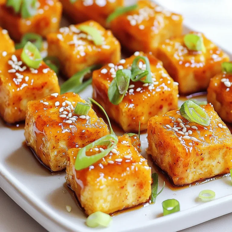 - Firm tofu - Cornstarch - Vegetable oil - Garlic - Sweet chili sauce - Soy sauce - Rice vinegar - Sesame oil - Green onion - Sesame seeds Use one block of firm tofu that weighs 14 ounces. You need ½ cup of cornstarch to coat the tofu. Use 3 tablespoons of vegetable oil for frying. You will need 4 cloves of minced garlic for flavor. For the sauce, measure out ¼ cup of sweet chili sauce, 2 tablespoons of soy sauce, 1 tablespoon of rice vinegar, and 1 teaspoon of sesame oil. Finally, garnish with 1 sliced green onion and some sesame seeds. If you want to use a different oil, try canola or peanut oil. For a gluten-free version, use tamari instead of soy sauce. This keeps the dish friendly for everyone! Start by pressing the tofu. This helps remove extra water, which makes it crispy. Wrap the block of tofu in a clean kitchen towel. Place something heavy on top for 15-20 minutes. This weight helps squeeze out moisture. After pressing, cut the tofu into bite-sized cubes. Aim for even pieces so they cook well. Next, toss the cubed tofu in cornstarch. This layer helps create a crispy crust. Make sure each piece is coated evenly. Then, heat vegetable oil in a large non-stick skillet over medium-high heat. Once the oil is hot, add the tofu cubes in a single layer. Cook them for about 4-5 minutes on each side, until they turn golden and crispy. Remove the tofu and set it aside for later. Now, let’s make the sauce. Lower the heat and add minced garlic to the same skillet. Sauté it for about 30 seconds. You want the garlic to smell good but not burn. Then, pour in sweet chili sauce, soy sauce, rice vinegar, and sesame oil. Stir everything together and let it simmer gently. After a few minutes, add the crispy tofu back into the skillet. Gently toss the tofu in the sauce for 2-3 minutes. This lets the flavors mix and coat the tofu. Remove from heat and garnish with sliced green onions and sesame seeds. To get crispy tofu bites, start by pressing the tofu. This step is key. It removes moisture and helps the tofu crisp up nicely. Wrap the tofu in a kitchen towel and place a heavy item on top. Let it sit for 15 to 20 minutes. After pressing, cut the tofu into small cubes. Next, coat the tofu cubes in cornstarch. This creates a crunchy layer when you cook it. Make sure each piece is covered well. You can use a bowl to toss them gently until coated. This method keeps the tofu from sticking and helps it brown evenly. To boost flavor, think about adding spices or herbs. For example, try adding some black pepper or a pinch of paprika. You can even mix in fresh herbs like basil or cilantro for more taste. Adjusting the sweetness of the sauce is also important. If you like it sweeter, add a bit more sweet chili sauce. If you prefer it less sweet, add a splash of soy sauce or rice vinegar. This gives you control over your snack’s flavor. For plating, serve the tofu bites on a nice platter. Drizzle any extra sauce over the top. This not only adds flavor but also looks appealing. You can arrange the tofu with fresh cilantro leaves for a vibrant touch. Garnishing is simple. Use sliced green onions and sesame seeds to add color and texture. This makes the dish look even more inviting. Remember, we eat with our eyes first! {{image_2}} To make your Sweet Chili Garlic Tofu Bites even more exciting, you can add heat. A pinch of chili flakes gives a nice kick. If you like it spicier, try adding sriracha. Mix it into the sauce for that extra zing. You can adjust the spice based on your taste. Just remember, a little goes a long way! If you want a different protein, try tempeh or seitan. Both have great flavors and textures. Tempeh is nutty and packed with protein. Seitan has a chewy texture that many enjoy. You can use them in the same way as tofu. Just make sure to adjust the cooking time for each protein. Each choice gives a new twist to your dish. These tofu bites are great with rice or noodles. Serve them over a bed of jasmine rice for a filling meal. You can also toss them with noodles and veggies. A light stir-fry works well too. Top with fresh herbs or lime for added flavor. Your family and friends will love this tasty combo! To keep your Sweet Chili Garlic Tofu Bites fresh, store them in an airtight container. Place parchment paper between layers to avoid sticking. Refrigerate within two hours of cooking to ensure safety. These bites last for about 3-4 days in the fridge. To reheat and keep the tofu crispy, use an oven or air fryer. Preheat your oven to 375°F (190°C). Spread the tofu on a baking sheet and heat for about 10-15 minutes. If using an air fryer, heat at 350°F (175°C) for about 5-7 minutes. Avoid microwaving, as it makes the tofu soggy. You can freeze the tofu bites, but it may change the texture. To freeze, place cooled tofu in a single layer on a baking sheet. Once frozen, transfer to a freezer bag. They can last up to 3 months. To thaw, move them to the fridge overnight before reheating. I recommend using firm or extra-firm tofu for this recipe. Firm tofu has a nice texture that holds up well when cooked. Extra-firm tofu is even denser and offers a chewier bite, making it great for frying. Both types will provide a satisfying crunch when you coat them in cornstarch. Yes, this recipe is already vegan! All the ingredients, including sweet chili sauce and soy sauce, are plant-based. Just ensure that the sweet chili sauce you choose does not contain any animal products. This makes it easy for anyone to enjoy this tasty dish. To change the heat, you can add chili flakes or sriracha to the sauce. If you prefer less spice, reduce the amount of sweet chili sauce or skip the chili flakes. You can also serve the tofu bites with a cooling dip, like vegan yogurt, to balance the heat. Adjust the flavors to suit your taste! This recipe provides a tasty dish with firm tofu and a sweet chili sauce. You learned how to prepare, cook, and present this meal. I shared tips for getting crispy tofu and tasty flavors. You can also try variations with spices or different proteins. If you follow my storage guidelines, leftovers can last and taste great too. Enjoy making this dish your own, and let your creativity shine!