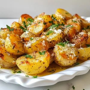 - 1.5 lbs baby potatoes, halved - 3 tablespoons olive oil - 4 cloves garlic, minced - 1 teaspoon dried oregano - 1 teaspoon paprika - ½ cup grated Parmesan cheese - Salt and pepper to taste - Fresh parsley, chopped (for garnish) Choosing the right type of potatoes is key for great flavor. I recommend using baby potatoes for their creamy texture. They cook evenly and become tender inside while staying crispy outside. Fresh herbs bring bright flavors. If you can, use fresh garlic instead of dried. It makes a big difference. When using dried herbs, keep them fresh and stored in a cool place. You will need a few simple tools. A mixing bowl is great for combining ingredients. A baking sheet helps in roasting. Don’t forget parchment paper; it makes cleanup easy and helps the potatoes cook evenly. {{ingredient_image_1}} To start, you need to halve the baby potatoes. Use a sharp knife for this. Cut each potato in half lengthwise. This helps them cook evenly. Next, place the halved potatoes in a large bowl. Add the olive oil, minced garlic, oregano, paprika, salt, and pepper. Toss the mix well. Ensure each potato is coated in oil and spices. This step adds lots of flavor. First, preheat your oven to 425°F (220°C). Spread the seasoned potatoes in a single layer on a baking sheet lined with parchment paper. Make sure they have space. Crowding them can make them soggy. Roast the potatoes for 25 minutes. They should start to get soft and golden. After 25 minutes, remove the baking sheet from the oven. Now, sprinkle the grated Parmesan cheese over the potatoes. This cheese will create a crispy layer when roasted. Return the baking sheet to the oven and roast for another 10 to 15 minutes. You want them to be golden brown and crispy. Once the potatoes are done, take them out of the oven. Let them cool for a couple of minutes. This helps them firm up a bit. Finally, garnish with freshly chopped parsley before serving. The green parsley adds a nice touch of color and freshness. Enjoy your crispy garlic Parmesan potatoes! To make your potatoes super crispy, spread them out in a single layer. This helps the hot air flow around each potato piece. If you have a convection oven, use it! The fan circulates hot air, giving you a nice, even crispness. You can add more flavor with extra spices. Try a pinch of cayenne for heat or some rosemary for a fresh taste. If you want a cheese swap, use feta or cheddar instead of Parmesan. Each brings a unique taste to the dish. Serve your crispy garlic Parmesan potatoes on a large platter. For a pop of color, sprinkle fresh parsley over the top. Add a few lemon wedges on the side for a bright touch. This not only looks great but also adds a zesty flavor when you squeeze it on the potatoes. Pro Tips Choose the Right Potatoes: Baby potatoes are ideal for this recipe due to their naturally creamy texture and ability to crisp up nicely. If you can't find baby potatoes, try using small red or yellow potatoes instead. Don't Rush the Roasting: Ensuring the potatoes are spread out in a single layer on the baking sheet allows for even cooking and maximum crispiness. Avoid overcrowding to get that perfect golden brown finish. Fresh Garlic for Best Flavor: While you can use pre-minced garlic, fresh garlic will give the potatoes a much richer and more aromatic flavor. Mince it just before using for the best results. Experiment with Seasonings: Feel free to add other herbs and spices to complement the flavor, such as rosemary, thyme, or even a pinch of cayenne for heat. Customizing the seasoning can make this dish your own! {{image_2}} When making crispy garlic Parmesan potatoes, the type of potato matters. I often use baby potatoes because they cook evenly and have a great texture. However, you can try other types too: - Yukon Gold: These potatoes are creamy and buttery. They crisp up well and have a nice flavor. - Red Potatoes: Their skin is thin and they hold their shape well. I like them for a colorful dish. - Fingerlings: These small, elongated potatoes offer a unique shape. They have a nutty taste that pairs nicely with garlic and cheese. Each type brings its own twist to the recipe. Experiment with what you like best! Parmesan cheese is a classic choice for this dish, but you can switch it up. Here are some cheese ideas: - Pecorino Romano: This cheese is saltier and has a stronger flavor. It adds a nice kick. - Asiago: A bit milder than Parmesan, Asiago melts well and gives a smooth finish. - Cheddar: For a richer taste, use sharp cheddar. It brings a different depth to the potatoes. Mix and match cheeses to find your favorite combination! To make this dish a full meal, consider adding proteins. Here are some tasty options: - Chicken: Grilled or roasted chicken pairs well with the crispy potatoes. It makes for a hearty dish. - Shrimp: If you want seafood, shrimp works great. Toss them in with the potatoes during the last few minutes of roasting. - Bacon: Adding crispy bacon pieces gives a smoky flavor that many love. These proteins not only enhance the meal but also make it more filling. Enjoy being creative with your combinations! To keep your crispy garlic Parmesan potatoes fresh, store them in an airtight container. Place them in the fridge within two hours after cooking. This way, they stay tasty for about 3 days. If you want to prevent sogginess, do not cover them tightly. Instead, leave a little space for air to flow. When reheating, aim to keep that lovely crispiness. The best method is to use an oven. Preheat your oven to 400°F (200°C). Spread the potatoes on a baking sheet. Heat them for about 10-15 minutes. This method helps restore their crunch. You can also use an air fryer if you have one. It works great for getting them crispy again. Can you freeze crispy potatoes? Yes, but they may lose their crunch. If you want to freeze them, let them cool first. Place them in a freezer-safe bag, removing as much air as possible. They can last up to a month in the freezer. When you’re ready to eat, thaw them overnight in the fridge. Then, reheat in the oven as mentioned above for the best results. To add spice, try these options: - Cayenne pepper: Add a pinch for heat. - Chili powder: This gives a smoky flavor. - Red pepper flakes: Sprinkle some on before roasting. You can mix these spices in with the garlic and olive oil. Make sure to taste as you go. Adjust the spice level to your liking. This way, you get a kick without losing the potato's savory flavor. Yes, you can prep these potatoes ahead of time. Here’s how: 1. Wash and halve the baby potatoes. 2. Mix the seasonings: Combine olive oil, garlic, oregano, paprika, salt, and pepper in a bowl. 3. Toss the potatoes: Coat the halved potatoes in the seasoning mix. 4. Store: Place them in the fridge in an airtight container. You can keep them like this for up to 24 hours. When you are ready, just spread them on a baking sheet and roast as usual. This saves time on busy days! These potatoes pair well with many dishes. Here are some ideas: - Grilled chicken: The flavors complement each other well. - Steak: A hearty meal with rich flavors. - Roasted vegetables: Add color and nutrition to your plate. - Salad: A fresh green salad balances the crispy texture. You can also serve them as a snack with your favorite dipping sauce. Enjoy mixing and matching! You now have a clear guide to making Crispy Garlic Parmesan Potatoes. We covered ingredients, tools, and all the steps. Remember, using quality ingredients makes a big difference. Roasting techniques and garnishing tips help boost flavor and presentation. Try different potatoes or cheeses for tasty variations. Don't forget proper storage and reheating methods for leftovers. Enjoy creating this dish and experimenting with your own ideas. Keep cooking fun and simple!