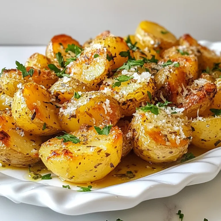 - 1.5 lbs baby potatoes, halved - 3 tablespoons olive oil - 4 cloves garlic, minced - 1 teaspoon dried oregano - 1 teaspoon paprika - ½ cup grated Parmesan cheese - Salt and pepper to taste - Fresh parsley, chopped (for garnish) Choosing the right type of potatoes is key for great flavor. I recommend using baby potatoes for their creamy texture. They cook evenly and become tender inside while staying crispy outside. Fresh herbs bring bright flavors. If you can, use fresh garlic instead of dried. It makes a big difference. When using dried herbs, keep them fresh and stored in a cool place. You will need a few simple tools. A mixing bowl is great for combining ingredients. A baking sheet helps in roasting. Don’t forget parchment paper; it makes cleanup easy and helps the potatoes cook evenly. {{ingredient_image_1}} To start, you need to halve the baby potatoes. Use a sharp knife for this. Cut each potato in half lengthwise. This helps them cook evenly. Next, place the halved potatoes in a large bowl. Add the olive oil, minced garlic, oregano, paprika, salt, and pepper. Toss the mix well. Ensure each potato is coated in oil and spices. This step adds lots of flavor. First, preheat your oven to 425°F (220°C). Spread the seasoned potatoes in a single layer on a baking sheet lined with parchment paper. Make sure they have space. Crowding them can make them soggy. Roast the potatoes for 25 minutes. They should start to get soft and golden. After 25 minutes, remove the baking sheet from the oven. Now, sprinkle the grated Parmesan cheese over the potatoes. This cheese will create a crispy layer when roasted. Return the baking sheet to the oven and roast for another 10 to 15 minutes. You want them to be golden brown and crispy. Once the potatoes are done, take them out of the oven. Let them cool for a couple of minutes. This helps them firm up a bit. Finally, garnish with freshly chopped parsley before serving. The green parsley adds a nice touch of color and freshness. Enjoy your crispy garlic Parmesan potatoes! To make your potatoes super crispy, spread them out in a single layer. This helps the hot air flow around each potato piece. If you have a convection oven, use it! The fan circulates hot air, giving you a nice, even crispness. You can add more flavor with extra spices. Try a pinch of cayenne for heat or some rosemary for a fresh taste. If you want a cheese swap, use feta or cheddar instead of Parmesan. Each brings a unique taste to the dish. Serve your crispy garlic Parmesan potatoes on a large platter. For a pop of color, sprinkle fresh parsley over the top. Add a few lemon wedges on the side for a bright touch. This not only looks great but also adds a zesty flavor when you squeeze it on the potatoes. Pro Tips Choose the Right Potatoes: Baby potatoes are ideal for this recipe due to their naturally creamy texture and ability to crisp up nicely. If you can't find baby potatoes, try using small red or yellow potatoes instead. Don't Rush the Roasting: Ensuring the potatoes are spread out in a single layer on the baking sheet allows for even cooking and maximum crispiness. Avoid overcrowding to get that perfect golden brown finish. Fresh Garlic for Best Flavor: While you can use pre-minced garlic, fresh garlic will give the potatoes a much richer and more aromatic flavor. Mince it just before using for the best results. Experiment with Seasonings: Feel free to add other herbs and spices to complement the flavor, such as rosemary, thyme, or even a pinch of cayenne for heat. Customizing the seasoning can make this dish your own! {{image_2}} When making crispy garlic Parmesan potatoes, the type of potato matters. I often use baby potatoes because they cook evenly and have a great texture. However, you can try other types too: - Yukon Gold: These potatoes are creamy and buttery. They crisp up well and have a nice flavor. - Red Potatoes: Their skin is thin and they hold their shape well. I like them for a colorful dish. - Fingerlings: These small, elongated potatoes offer a unique shape. They have a nutty taste that pairs nicely with garlic and cheese. Each type brings its own twist to the recipe. Experiment with what you like best! Parmesan cheese is a classic choice for this dish, but you can switch it up. Here are some cheese ideas: - Pecorino Romano: This cheese is saltier and has a stronger flavor. It adds a nice kick. - Asiago: A bit milder than Parmesan, Asiago melts well and gives a smooth finish. - Cheddar: For a richer taste, use sharp cheddar. It brings a different depth to the potatoes. Mix and match cheeses to find your favorite combination! To make this dish a full meal, consider adding proteins. Here are some tasty options: - Chicken: Grilled or roasted chicken pairs well with the crispy potatoes. It makes for a hearty dish. - Shrimp: If you want seafood, shrimp works great. Toss them in with the potatoes during the last few minutes of roasting. - Bacon: Adding crispy bacon pieces gives a smoky flavor that many love. These proteins not only enhance the meal but also make it more filling. Enjoy being creative with your combinations! To keep your crispy garlic Parmesan potatoes fresh, store them in an airtight container. Place them in the fridge within two hours after cooking. This way, they stay tasty for about 3 days. If you want to prevent sogginess, do not cover them tightly. Instead, leave a little space for air to flow. When reheating, aim to keep that lovely crispiness. The best method is to use an oven. Preheat your oven to 400°F (200°C). Spread the potatoes on a baking sheet. Heat them for about 10-15 minutes. This method helps restore their crunch. You can also use an air fryer if you have one. It works great for getting them crispy again. Can you freeze crispy potatoes? Yes, but they may lose their crunch. If you want to freeze them, let them cool first. Place them in a freezer-safe bag, removing as much air as possible. They can last up to a month in the freezer. When you’re ready to eat, thaw them overnight in the fridge. Then, reheat in the oven as mentioned above for the best results. To add spice, try these options: - Cayenne pepper: Add a pinch for heat. - Chili powder: This gives a smoky flavor. - Red pepper flakes: Sprinkle some on before roasting. You can mix these spices in with the garlic and olive oil. Make sure to taste as you go. Adjust the spice level to your liking. This way, you get a kick without losing the potato's savory flavor. Yes, you can prep these potatoes ahead of time. Here’s how: 1. Wash and halve the baby potatoes. 2. Mix the seasonings: Combine olive oil, garlic, oregano, paprika, salt, and pepper in a bowl. 3. Toss the potatoes: Coat the halved potatoes in the seasoning mix. 4. Store: Place them in the fridge in an airtight container. You can keep them like this for up to 24 hours. When you are ready, just spread them on a baking sheet and roast as usual. This saves time on busy days! These potatoes pair well with many dishes. Here are some ideas: - Grilled chicken: The flavors complement each other well. - Steak: A hearty meal with rich flavors. - Roasted vegetables: Add color and nutrition to your plate. - Salad: A fresh green salad balances the crispy texture. You can also serve them as a snack with your favorite dipping sauce. Enjoy mixing and matching! You now have a clear guide to making Crispy Garlic Parmesan Potatoes. We covered ingredients, tools, and all the steps. Remember, using quality ingredients makes a big difference. Roasting techniques and garnishing tips help boost flavor and presentation. Try different potatoes or cheeses for tasty variations. Don't forget proper storage and reheating methods for leftovers. Enjoy creating this dish and experimenting with your own ideas. Keep cooking fun and simple!