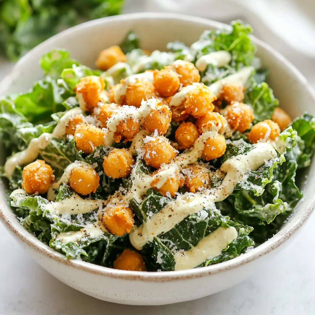 - 4 cups kale, stems removed and leaves chopped - 1 can (15 oz) chickpeas, drained and rinsed - 1/4 cup tahini - 2 tablespoons lemon juice - 1 teaspoon Dijon mustard - 1 teaspoon garlic powder - 1 teaspoon smoked paprika - 1/4 cup nutritional yeast - Salt and pepper to taste - Freshly cracked black pepper for garnish - Grated Parmesan cheese (optional) Kale is the star of this salad. It has a strong flavor and a hearty texture. You need to remove the tough stems and chop the leaves. This makes the kale easier to eat. The chickpeas add a nice crunch. I use a can for convenience, but feel free to cook dried ones if you prefer. The dressing brings everything together. Tahini gives a creamy base. Lemon juice adds brightness. Dijon mustard adds a slight kick. Nutritional yeast gives a cheesy flavor without dairy. For seasonings, garlic powder and smoked paprika enhance the taste. Salt and pepper help round out the flavors. You can add grated Parmesan cheese for a non-vegan option. Don't forget the freshly cracked black pepper for garnish! These ingredients work together to create a tasty and healthy dish. The salad is perfect for lunch or dinner. Enjoy this vibrant meal with your family or friends! {{ingredient_image_1}} Preheat your oven to 400°F (200°C). This step is key for crispy chickpeas. Next, line a baking sheet with parchment paper. This prevents sticking and makes cleanup easy. In a bowl, add the drained chickpeas. Pour in 1 tablespoon of olive oil. Then, sprinkle garlic powder, smoked paprika, salt, and pepper on top. Toss the chickpeas until they are evenly coated. Spread the chickpeas in a single layer on the baking sheet. This helps them roast evenly. Roast them in the oven for 25-30 minutes. Shake the pan halfway through to ensure they cook well. When they are golden and crispy, take them out. Let them cool slightly before adding them to the salad. While the chickpeas roast, make the dressing. In a small bowl, whisk together tahini, lemon juice, Dijon mustard, and nutritional yeast. Add the remaining 2 tablespoons of olive oil. Slowly mix in water until the dressing is smooth and pourable. Season with salt and pepper to taste. Now, prepare the kale. In a large bowl, add the chopped kale with a pinch of salt. Use your hands to massage the kale for 2-3 minutes. This softens the leaves and boosts flavor. Drizzle the tahini dressing over the massaged kale. Toss the kale well to coat every leaf. Once the chickpeas are crispy, add them to the salad. Toss everything gently to mix. Your Kale Caesar Salad with Crispy Chickpeas is ready to serve! Enjoy the crunch and flavor in every bite. To get the best crispy chickpeas, you need to dry them well. After rinsing, let them sit on a towel for a few minutes. This helps them crisp up in the oven. Use a single layer on the baking sheet. This way, they roast evenly. For seasoning, try different spices. You can use cumin for warmth or chili powder for heat. Mix garlic powder with a hint of lemon zest for a fresh taste. Experiment with your favorite flavors! When massaging kale, use clean hands. Add a pinch of salt to the chopped kale. Gently squeeze and rub the leaves for about two to three minutes. This breaks down the fibers and makes it softer. The color will darken, showing it's ready. You can mix in other greens too. Spinach or arugula add different textures and flavors. They can lighten the salad while still keeping it healthy. You can customize the tahini dressing to fit your taste. If you like it creamier, add more tahini or a bit of yogurt. For a tangy twist, add more lemon juice. For a vegan option, stick to tahini and water. To make it non-vegan, mix in some grated Parmesan for extra richness. This adds a nice cheesy touch to your salad. Pro Tips Choose Fresh Kale: Opt for kale that is vibrant and crisp, avoiding any yellow or wilting leaves to ensure the best flavor and texture in your salad. Perfectly Crispy Chickpeas: Make sure to dry the chickpeas thoroughly after rinsing to achieve maximum crispiness when roasting. Adjusting the Dressing: Feel free to tweak the tahini dressing by adding more lemon juice for brightness or adjusting the water for your desired consistency. Massaging the Kale: Don’t skip the massaging step! It helps to break down the tough fibers in the kale, making it more tender and enjoyable to eat. {{image_2}} You can make this salad heartier by adding protein. Grilled chicken gives a tasty twist. It adds a nice flavor and makes it filling. Shrimp also works great. Just grill or sauté the shrimp until they are pink and cooked. If you want plant-based protein, try adding black beans. They mix well with kale and chickpeas. Each option adds more nutrition and keeps you full. To change the taste, try different dressings. A classic ranch or a zesty vinaigrette can make it exciting. You can also mix in fruits or nuts for texture. Sliced apples or pears add a sweet crunch. Chopped walnuts or almonds give a nice nutty flavor. These small changes can make your salad feel new every time you make it. Seasonal ingredients can change your salad game. In summer, consider adding fresh tomatoes or cucumbers. They add bright, refreshing flavors. In winter, roasted root vegetables like carrots or sweet potatoes can warm things up. You can adapt the salad based on what is fresh at the market. This way, your Kale Caesar Salad stays vibrant and exciting all year long. To keep your Kale Caesar Salad and crispy chickpeas fresh, store them in separate containers. The salad can last for 2-3 days in the fridge. Chickpeas stay good for about 4-5 days. Make sure to let them cool completely before storing. This helps prevent moisture build-up, which can make them soggy. For reheating, the oven is the best choice. Preheat it to 350°F (175°C). Spread the chickpeas on a baking sheet and heat for about 10 minutes. This keeps them crispy. You can use the microwave, but they may lose crunchiness. If you use the microwave, heat them for 30 seconds at a time. Check often to avoid overcooking. To prevent sogginess, keep the dressing separate until you are ready to serve. Toss the salad just before eating. You can also store the kale and chickpeas apart. This way, the kale stays crisp, and the chickpeas keep their crunch. If you want extra flavor, add fresh toppings just before serving. Yes, you can easily make this salad vegan. Start by omitting the Parmesan cheese. For the dressing, use nutritional yeast for a cheesy taste instead of cheese. You can also swap out the Dijon mustard if it contains honey. This way, you keep all the rich flavors without any animal products. If you don't have tahini, you can use sunflower seed butter or almond butter. Both give a nice creaminess. Alternatively, blend soaked cashews with lemon juice for a similar texture. You can also try a simple vinaigrette made from olive oil and lemon juice for a lighter option. To make crispy chickpeas without an oven, use a stovetop method. Heat a skillet over medium heat. Add a bit of olive oil, then toss in the seasoned chickpeas. Cook them, stirring often, until they are golden and crunchy. An air fryer works well too. Just place the chickpeas in the basket and cook at 400°F for about 15-20 minutes, shaking halfway. This blog post showed how to make a delicious Kale Caesar Salad. You learned about fresh ingredients, easy steps, and flavor tips. Crispy chickpeas add crunch, while the tahini dressing gives great taste. Remember, you can switch ingredients based on your needs. Whether you want it vegan or packed with protein, this salad fits all tastes. Storing leftovers and reheating the chickpeas keeps the dish fresh and tasty. Enjoy making your salad, and share it with friends for a healthy meal!