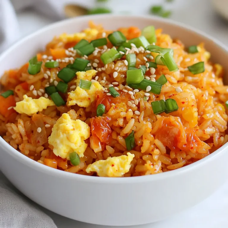 - 2 cups cooked rice (preferably day-old) - 1 cup chopped kimchi - 1/2 cup chopped green onions (reserve some for garnish) - 1/2 cup finely diced carrots - 2 tablespoons vegetable oil - 1 tablespoon gochujang (Korean chili paste) - 1 tablespoon soy sauce - 1 teaspoon sesame oil - 2 large eggs - Salt and pepper to taste - Sesame seeds for garnish To make spicy kimchi fried rice, gather these ingredients. Using day-old rice is key. The rice should be cold and dry. Fresh rice can be too sticky. Kimchi adds a tangy and spicy kick. You can use your favorite type of kimchi for this dish. Chopped green onions give freshness and flavor. They also add color when you garnish. The carrots add a nice crunch and sweetness. The oil helps cook the ingredients. Gochujang is the star here, bringing heat and depth. Soy sauce gives umami, while sesame oil adds richness. The eggs provide protein and creaminess. You can always add more salt and pepper to taste. Finally, sesame seeds are perfect for extra crunch. With these ingredients, you create a tasty and colorful meal that’s ready in no time! {{ingredient_image_1}} - Heat 2 tablespoons of vegetable oil in a large skillet over medium heat. - Add 1/2 cup of finely diced carrots and sauté for 3-4 minutes until they soften. - Stir in 1 cup of chopped kimchi and cook for another 2-3 minutes. This helps the flavors blend together. - Next, add 2 cups of cooked rice to the skillet. Break up any clumps as you stir. - Push the rice mixture to one side of the skillet. Crack 2 large eggs on the empty side. Scramble the eggs until fully cooked, then mix them into the rice. - Now, stir in 1 tablespoon of gochujang, 1 tablespoon of soy sauce, and 1 teaspoon of sesame oil. - Mix well until everything is coated with the sauce. Adjust the seasoning with salt and pepper to taste. - Finally, remove the skillet from heat and stir in 1/2 cup of chopped green onions, saving some for garnish. Serve your spicy kimchi fried rice hot, garnished with reserved green onions and a sprinkle of sesame seeds for a delightful crunch. Enjoy your meal! Using day-old rice is key for great texture. Fresh rice is too soft and sticky. Day-old rice has dried out a bit, making it perfect for frying. To prepare fresh rice for stir-fry, spread it out on a baking sheet. Let it cool for about 30 minutes. This helps it dry out a little before cooking. You can adjust the spice level to fit your taste. If you like it milder, use less gochujang. Adding a bit of sugar can balance the heat. For more flavor, try adding garlic or ginger. You can also use different veggies, like bell peppers or peas. Mixing in a splash of lime juice adds a nice zing! Pro Tips Use Day-Old Rice: Day-old rice is ideal for fried rice recipes as it is drier and helps achieve the perfect texture without becoming mushy. Customize Your Veggies: Feel free to add other vegetables like peas or bell peppers to enhance the flavor and nutrition of your dish. Adjust the Spice Level: If you prefer a milder dish, reduce the amount of gochujang or serve with additional soy sauce on the side. Garnish for Presentation: A sprinkle of sesame seeds and fresh herbs not only adds a pop of color but also enhances the overall flavor of the dish. {{image_2}} You can easily make a vegetarian version of spicy kimchi fried rice. If you want to skip the eggs, just use tofu instead. Firm tofu works best. You can crumble it into bite-sized pieces and cook it like the eggs. Other veggies, like bell peppers or peas, can add color and crunch. Toss in any vegetables you love! Adding protein makes this dish heartier. You can include chicken, shrimp, or beef. If you use chicken, cut it into small pieces and cook it before adding the rice. For shrimp, just sauté them for a few minutes until they turn pink. For beef, thin slices work well. Adjust the cooking time based on the protein you choose, ensuring it's fully cooked. You can control the heat level with your kimchi choice. Mild kimchi works for those who prefer less spice. For a medium kick, regular kimchi is perfect. If you love heat, use spicy kimchi. To boost the heat, you can add more gochujang. Start with half a tablespoon, then taste and add more if you want. This way, you can make it just right for your taste buds. To keep your spicy kimchi fried rice fresh, store it in an airtight container. This prevents air from getting in and keeps the rice tasty. You can keep it in the fridge for up to four days. After that, the flavors may fade, and the rice might dry out. When it's time to enjoy your leftovers, reheating is key. You can use a skillet over medium heat for the best results. Add a splash of water or a bit of oil to help steam the rice. This keeps it from getting soggy. Stir it often to heat evenly. You can also use a microwave, but cover the bowl to trap moisture. This way, your fried rice stays soft and delicious. The best rice for kimchi fried rice is jasmine or short-grain rice. Jasmine rice has a nice aroma and soft texture. Short-grain rice sticks together, helping the dish hold its shape. Both types absorb flavors well. Using day-old rice is ideal. It is drier, which prevents clumping and makes frying easier. You can cook fresh rice, but let it cool first for the best results. Yes, you can make kimchi fried rice without gochujang. If you skip it, the dish will lose some heat and depth. You can use sriracha or chili flakes as alternatives. These options add some spice but may change the flavor. You can also use soy sauce to add saltiness. Experiment to find what suits your taste best. Spicy kimchi fried rice pairs well with many side dishes. Here are some ideas: - Cucumber slices for a fresh crunch - Pickled radish for tanginess - Egg rolls for a crispy bite - Korean fried chicken for extra protein - Miso soup for warmth and comfort These sides balance the spice and enhance your meal. Enjoy mixing and matching! This blog post covered how to make delicious kimchi fried rice. We discussed the main ingredients you need, like rice and kimchi. I provided easy steps for preparation and cooking. You learned useful tips for better flavor and texture. There are also variations to try, including vegetarian options and added proteins. In conclusion, kimchi fried rice is a simple yet tasty dish. It’s perfect for a quick meal or using leftovers. Enjoy creating your version, and don’t be afraid to experiment!
