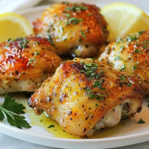 - 4 bone-in, skin-on chicken thighs - 4 tablespoons unsalted butter, softened - 5 cloves garlic, minced - 2 teaspoons fresh rosemary, chopped - 2 teaspoons fresh thyme, chopped - 1 teaspoon smoked paprika - Salt and pepper, to taste - 1 lemon, zested and juiced - Fresh parsley, chopped (for garnish) Gathering the right ingredients makes all the difference. For this dish, you need juicy chicken thighs. I love using bone-in, skin-on thighs. They stay moist and get crispy skin. Next, we have our garlic and herbs. Fresh rosemary and thyme add a wonderful flavor. You will also need minced garlic because it brings out the best taste. Seasonings play an important role too. Smoked paprika adds a hint of smokiness, while salt and pepper enhance the dish. Don't forget the lemon! It brightens the flavors and gives a fresh taste. Lastly, fresh parsley serves as a beautiful garnish and adds color. With these ingredients, you are ready to create a savory dinner delight. {{ingredient_image_1}} 1. Preheat the oven: Set your oven to 400°F (200°C). This makes sure it’s hot enough for crispy skin. 2. Prepare the garlic herb butter mixture: In a small bowl, mix these ingredients: - 4 tablespoons unsalted butter, softened - 5 cloves garlic, minced - 2 teaspoons fresh rosemary, chopped - 2 teaspoons fresh thyme, chopped - 1 teaspoon smoked paprika - Salt and pepper to taste Stir well to blend the flavors. This butter adds a tasty kick to the chicken. 1. Seasoning the chicken thighs: Pat 4 bone-in, skin-on chicken thighs dry with paper towels. This helps the skin get crispy. Season both sides with salt and pepper. Be generous; it makes a big difference. 2. Applying the butter under the skin: Carefully lift the skin of each chicken thigh. Use your fingers or a small spatula to spread some garlic herb butter under the skin. Don’t tear the skin! Then, spread any leftover butter on top of the chicken. 3. Baking the chicken thighs: Place the seasoned chicken thighs in a baking dish. Drizzle lemon juice over them and sprinkle with lemon zest. Bake for 35-40 minutes. Check that the internal temperature hits 165°F (75°C) and the skin is golden brown. 1. Resting the chicken before serving: Once baked, take the chicken out of the oven. Let it rest for 5-10 minutes. This helps the juices stay in the meat, making it juicy and tender. 2. Garnishing tips: Right before serving, sprinkle freshly chopped parsley on top. This adds color and freshness to your dish. You can also serve the thighs on a rustic wooden board with lemon wedges. It looks great and tastes even better! - Ensuring crispy skin: Start by patting the chicken thighs dry. Removing moisture helps the skin crisp up nicely. Season both sides well with salt and pepper. The salt draws out more moisture, which gives you that perfect crispy texture. - Checking for doneness: Use a meat thermometer to check the chicken. The safe internal temperature is 165°F (75°C). Insert the thermometer into the thickest part of the thigh for an accurate reading. The skin should also be golden brown and crackly when done. - Recommended side dishes: Garlic herb butter chicken pairs well with simple sides. Try roasted vegetables or creamy mashed potatoes. A fresh salad with bright greens adds a nice contrast. You can also serve it with rice or quinoa for a hearty meal. - Visual presentation tips: Presentation matters! Serve the chicken on a rustic wooden board. Add lemon wedges on the side for a pop of color. Sprinkle extra fresh herbs on top for a vibrant look. This makes your dish not just tasty but also visually appealing. Pro Tips Butter Temperature: Ensure the butter is softened to room temperature for easy mixing with the herbs and garlic. Crispy Skin: Patting the chicken thighs dry before seasoning helps achieve a beautifully crispy skin when baked. Herb Variations: Feel free to experiment with different herbs like sage or oregano for a unique flavor profile. Lemon Zest Boost: Zesting the lemon before juicing maximizes the citrus flavor and adds a fragrant aroma to the dish. {{image_2}} You can switch up the herbs to change the flavor. Here are some ideas: - Oregano: This gives a warm, earthy taste. - Basil: It adds a fresh and sweet note. - Dill: It brings a bright, tangy flavor. Using fresh herbs adds more taste. Dried herbs work too but they are less strong. If you use dried herbs, use less than fresh. A good rule is to use one-third the amount of dried herbs compared to fresh. If you want to try different cooking methods, here are two great options: - Grilling Option: Marinate the chicken with the herb butter. Preheat the grill to medium-high. Cook the thighs for about 6-8 minutes per side. This gives a nice smoky flavor and crispy skin. - Slow Cooker Method: Place the seasoned thighs in the slow cooker. Add a bit of broth for moisture. Cook on low for 6-8 hours. This makes the chicken very tender and juicy. Feel free to experiment with these methods to find your favorite! After enjoying your garlic herb butter chicken thighs, store any leftovers properly. In the refrigerator, place the chicken in an airtight container. It will stay fresh for up to three days. To keep it tasty, try to cool the chicken first before sealing it. Freezing tips are also useful. Wrap each thigh tightly in plastic wrap. Then, place them in a freezer-safe bag. This method helps prevent freezer burn. You can freeze the chicken for up to three months. Remember to label the bag with the date. For the best reheating methods, use your oven. Preheat it to 350°F (175°C). Place the chicken in a baking dish and cover it with foil. This helps keep it moist. Heat for about 20 minutes or until warmed through. To maintain texture and flavor, avoid using a microwave. Microwaving can make the chicken rubbery. If you have to use a microwave, do so on a low setting. Add a few drops of water to keep it from drying out. Enjoy your delicious chicken just as much as the first time! Can I use boneless chicken thighs? Yes, you can use boneless chicken thighs. They cook faster and stay juicy. Just reduce the baking time to about 25-30 minutes. Check the internal temperature to ensure it reaches 165°F (75°C). How to avoid dry chicken thighs? To avoid dry chicken thighs, keep the skin on. The skin keeps moisture in while it cooks. Also, don’t overcook them. Always use a meat thermometer for accuracy. Resting the chicken after cooking helps it stay juicy. What to serve with garlic herb butter chicken thighs? You can serve garlic herb butter chicken thighs with many sides. Roasted vegetables or a fresh salad work well. Creamy mashed potatoes or fluffy rice also pair nicely. Lemon wedges add a bright touch and enhance the flavor. This post covered all you need to make garlic herb butter chicken thighs. We discussed the key ingredients and shared easy steps for cooking. I provided tips for crispy skin and great serving ideas. Also, you learned variations and storage options for leftovers. Try this recipe to impress your friends and family. Enjoy cooking, and remember, practice makes perfect!