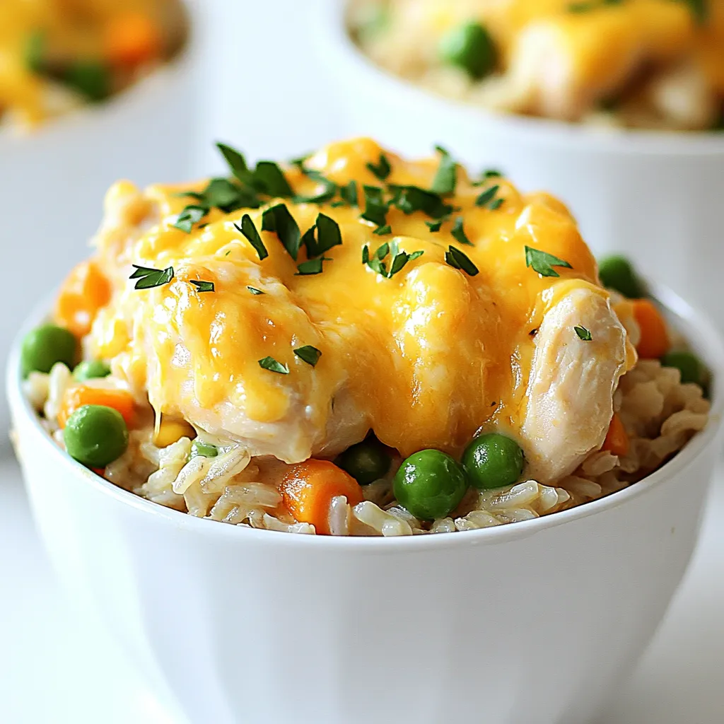 - 2 cups uncooked brown rice - 4 boneless, skinless chicken breasts (about 1.5 lbs) - 1 medium onion, chopped - 2 cloves garlic, minced - 4 cups chicken broth - Olive oil and spices (garlic powder, paprika, thyme) - 1 cup frozen peas and carrots mix - 1 cup shredded cheddar cheese - Fresh parsley for garnish Gathering the right ingredients is key for a tasty chicken and rice casserole. You'll want to start with two cups of uncooked brown rice. This sets the base for your dish. For protein, use four boneless, skinless chicken breasts, weighing about 1.5 pounds. A medium onion, chopped finely, adds great flavor. Next, seasoning matters. You need two cloves of minced garlic, four cups of chicken broth for moisture, and some olive oil. Don't forget the spices! Garlic powder, paprika, and thyme bring warmth and depth. Adjust salt and pepper to your taste. For a colorful twist, add a cup of frozen peas and carrots mix. This not only enhances flavor but also adds nutrition. Lastly, one cup of shredded cheddar cheese will melt into a creamy topping. A sprinkle of fresh parsley will make your dish pop visually. Enjoy the process of gathering these ingredients, as each plays a role in creating a delightful meal! To start, heat olive oil in a large skillet over medium heat. Season the chicken breasts with garlic powder, paprika, thyme, salt, and pepper. This mix boosts the flavor. Sear the chicken for 4-5 minutes on each side. You want them golden brown. After that, remove the chicken from the heat. Slice it into bite-sized pieces. In your slow cooker, add uncooked brown rice, chopped onion, minced garlic, and the frozen peas and carrots. Pour in the chicken broth next. This broth adds great depth to the dish. Mix everything well to ensure even cooking. It’s key to combine all the ingredients. Now, cover the slow cooker. Set it to low for 6-8 hours, or high for 3-4 hours. The rice needs to be tender, and the chicken must be cooked through. About 15 minutes before the cooking ends, sprinkle shredded cheddar cheese on top. Cover again to let the cheese melt. This adds a creamy touch to your casserole. Enjoy your cooking journey! To achieve the best texture for rice, use uncooked brown rice. It absorbs the chicken broth well. If you prefer white rice, add it in the last hour of cooking. This helps prevent mushiness. For flavorful chicken, season it well before cooking. I use garlic powder, paprika, and thyme. Searing the chicken adds a nice crust. This step locks in flavor and moisture. Serve your casserole in colorful bowls. Top it with fresh parsley for a pop of green. You can also add a side salad for crunch and freshness. A simple green salad pairs well with this dish. If your rice is undercooked, add a little more broth. Cook for an extra 30 minutes on low. Fluff the rice with a fork afterward. Adjust seasoning to taste by adding more salt or pepper. You can also sprinkle cheese on top before serving for added flavor. {{image_2}} You can switch out the rice in this recipe. Quinoa works great as a healthy alternative. It cooks fast and adds a nutty flavor. You can also use white rice if you prefer a softer texture. For chicken, consider using thighs instead of breasts. Thighs give more flavor and stay juicy. Rotisserie chicken is another option. Just shred it and mix it in. It saves time and effort. To change the taste, add fresh herbs or spices. Rosemary and oregano blend well with chicken. You can also try some cayenne for a kick. Mix in different vegetables to keep it fresh. Bell peppers, broccoli, or spinach can add color and nutrition. If you need a gluten-free meal, use gluten-free broth. Most brands offer this option. You can also skip the cheese for a dairy-free version. Use nutritional yeast for a cheesy flavor without dairy. This way, everyone can enjoy the dish! To store leftovers, let the casserole cool first. Place it in an airtight container. This keeps moisture in and prevents drying out. You can store it in the fridge for about 3-4 days. When you reheat, use the microwave or oven. If using a microwave, heat in short bursts. Stir between intervals to ensure even heating. To freeze the casserole, let it cool completely. Use a freezer-safe container or wrap it tightly in plastic wrap. Label it with the date for easy tracking. It can last in the freezer for up to 3 months. When you're ready to eat, thaw it in the fridge overnight. Reheat in the oven or microwave until heated through. In the fridge, the casserole lasts 3-4 days. In the freezer, it can last up to 3 months. For the best taste, eat it within these time frames. Always check for signs of spoilage before eating. Enjoy your delicious meal without worry! To make Chicken & Rice Casserole, start with a few steps. First, you sear the chicken. Heat olive oil in a skillet. Add chicken breasts seasoned with spices. Cook each side for 4-5 minutes until golden brown. Slice the chicken into small pieces. Next, combine your ingredients in the slow cooker. Pour in 2 cups of uncooked brown rice, one chopped onion, and minced garlic. Add 1 cup of frozen peas and carrots, then pour 4 cups of chicken broth. Stir well to mix everything. Finally, add the sliced chicken to the rice mixture. Cover the slow cooker and cook on low for 6-8 hours or high for 3-4 hours. About 15 minutes before serving, sprinkle 1 cup of shredded cheddar cheese on top. Cover again until the cheese melts. Yes, you can use different types of rice in this dish. While brown rice works well, you can try white rice too. White rice cooks faster, so adjust your cooking time to 4-5 hours on low or 2-3 hours on high. You can also use quinoa for a gluten-free option. Quinoa adds protein, and it cooks in about the same time as white rice. Chicken & Rice Casserole pairs well with several side dishes. A fresh garden salad adds crunch and color. You can also serve it with steamed green beans or roasted broccoli. These sides balance the meal and give extra nutrients. For a comforting touch, add some warm bread or dinner rolls. This blog post details how to create a tasty chicken and rice casserole. We explored main ingredients like brown rice and chicken. I shared step-by-step instructions for cooking in a slow cooker. You also learned tips for serving and storing leftovers. Remember, you can customize the recipe with different ingredients or flavors. Enjoy this easy meal that brings comfort and warmth to your table. This dish will soon become a family favorite!