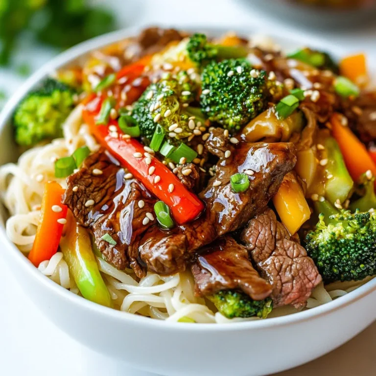 To make Teriyaki Beef Noodle Bowls, gather these ingredients: - 8 oz. rice noodles - 1 lb. beef flank steak, thinly sliced - 1 cup broccoli florets - 1 red bell pepper, sliced - 1 carrot, julienned - 3 green onions, chopped - 2 tablespoons sesame oil - 1/2 cup soy sauce (low sodium) - 1/4 cup honey - 2 cloves garlic, minced - 1 teaspoon fresh ginger, grated - Sesame seeds for garnish Feel free to tweak this recipe! Here are some ideas: - Add snap peas for extra crunch. - Use chicken or tofu for a different protein. - Toss in some sliced mushrooms for earthiness. - Try adding a sprinkle of chili flakes for heat. These Teriyaki Beef Noodle Bowls offer a satisfying meal. Each serving provides: - Approx. 400-500 calories - High in protein from beef and vegetables - Good source of fiber from broccoli and carrots - Low sodium option with low sodium soy sauce This dish balances flavors and nutrients well. Enjoy customizing it to fit your taste! {{ingredient_image_1}} Start by cooking the rice noodles. Follow the package instructions closely. Usually, this takes about 5-7 minutes. Stir them gently to keep them from sticking. Once they are soft, drain them in a colander. Toss the noodles with a bit of sesame oil. This keeps them smooth and tasty. Next, grab a large skillet or wok. Heat 1 tablespoon of sesame oil over medium-high heat. Add the thinly sliced beef flank steak. Stir-fry it for 3-4 minutes until it turns brown. Make sure it cooks evenly. Then, remove the beef from the pan and set it aside. You want it juicy and tender. In the same skillet, add the other tablespoon of sesame oil. Add the broccoli florets, sliced red bell pepper, and julienned carrot. Stir-fry these veggies for 4-5 minutes. They should become tender but still crisp. This step adds color and crunch to your dish. While the veggies cook, make the teriyaki sauce. Mix soy sauce, honey, minced garlic, and grated ginger in a bowl. Once veggies are ready, return the beef to the skillet. Pour the teriyaki sauce over everything. Stir well to combine. Cook for an extra 2-3 minutes until it’s hot. Now, it’s time to assemble your bowls. Place a portion of rice noodles in each bowl. Top with the beef and vegetable mix. Finish by garnishing with chopped green onions and a sprinkle of sesame seeds. This adds a nice crunch and makes it look great! To make the best teriyaki sauce, balance is key. Use low-sodium soy sauce for a milder taste. Honey adds sweetness, while garlic and ginger give depth. Combine these in a bowl and mix well. Taste the sauce; it should be sweet and savory. You can adjust the honey if you want it sweeter. For a bit of heat, add a pinch of red pepper flakes. For tender beef, slice against the grain. This means cutting through the muscle fibers. Thin slices cook quickly and stay juicy. Use high heat in your skillet or wok. This helps to sear the beef, keeping it tender and flavorful. Don't overcrowd the pan; cook in batches if needed. Let the beef rest for a minute before serving to keep it moist. A well-presented bowl makes your meal more appealing. Start with a base of rice noodles. Layer the teriyaki beef and veggies on top. Use bright colors from the red bell pepper and green onions. Sprinkle sesame seeds for texture and crunch. Place a few extra green onions on top for a fresh look. Serve in colorful bowls to make the meal pop. Pro Tips Slice Against the Grain: For the most tender beef, always slice the flank steak against the grain. This breaks up the muscle fibers and ensures each bite is easy to chew. Customize Your Veggies: Feel free to add or substitute other vegetables like snap peas, mushrooms, or bok choy based on your preference or what's in season. Marinate for Extra Flavor: If you have time, marinate the beef in the teriyaki sauce for 30 minutes to amplify the flavors before cooking. Perfect Noodle Texture: Be careful not to overcook the rice noodles; they should be al dente. Rinse them under cold water after cooking to stop the cooking process. {{image_2}} You can switch up the beef in this dish. Chicken or pork works well for teriyaki bowls. Use thin slices of chicken breast or pork tenderloin. Both cook quickly and soak up the sauce nicely. For a fun twist, try shrimp. Just sauté them until pink, and they’ll add a lovely taste. If you want a plant-based meal, use tofu or tempeh. Press and cube the tofu to remove extra moisture. Then, fry it until golden. Tempeh has a nutty flavor and absorbs the sauce well. For a vegan sauce, swap honey with maple syrup or agave nectar. You can still enjoy a tasty teriyaki bowl without meat. Feel free to mix in your favorite veggies. Snap peas, zucchini, or mushrooms add great flavor and color. You can also use bok choy or baby corn for a different texture. Just make sure to cut them into bite-sized pieces. This way, they cook evenly and blend perfectly with the noodles and sauce. To keep your teriyaki beef noodle bowls fresh, store them in airtight containers. Make sure to let the food cool down before sealing. This helps prevent moisture and keeps the noodles from getting soggy. Place the beef and vegetables on top of the noodles or in a separate container. This method helps maintain the texture of the noodles. You can store these bowls in the fridge for up to three days. When you are ready to enjoy your leftovers, reheat them gently. Use a microwave-safe bowl and cover it with a damp paper towel. This keeps the moisture in and avoids dryness. Heat in 30-second intervals, stirring in between, until hot. You can also reheat in a skillet over low heat. Add a splash of water or extra sesame oil if needed. Stir until everything is warmed through. This method helps keep the flavors fresh and vibrant. If you want to save your teriyaki beef noodle bowls for later, freezing is a great option. First, let the dish cool completely. Then, pack portions into freezer-safe bags or containers. Remove as much air as possible to avoid freezer burn. Label the bags with the date and type of dish. You can freeze them for up to three months. When ready to eat, thaw in the fridge overnight. Reheat using the guidelines above for the best results. Yes, you can make Teriyaki Beef Noodle Bowls ahead of time. I suggest cooking the beef and veggies earlier in the day. Store them in the fridge. You can cook the noodles just before serving. This keeps them fresh and avoids a mushy texture. When you are ready to eat, just reheat the beef and veggies. Mix them with the noodles and enjoy! I recommend rice noodles for this recipe. They are quick to cook and have a nice texture. You can also use udon or soba noodles if you prefer. Both options work well with teriyaki sauce. Just remember to follow the cooking time on the package. This ensures you get the best result. You can find great teriyaki sauce at most grocery stores. Look in the Asian foods aisle. I also like to make my own for a fresh taste. Combine soy sauce, honey, garlic, and ginger. This simple mix gives you a tasty sauce. Plus, you can adjust the flavors to your liking! You now have all you need to make Teriyaki Beef Noodle Bowls at home. We covered the key ingredients, step-by-step cooking, and tips for perfecting your dish. You can personalize it with optional ingredients or variations. Remember, storing leftovers and reheating correctly will keep your meal fresh. As you explore this recipe, have fun experimenting and making it your own. Enjoy the tasty and satisfying results of your hard work!