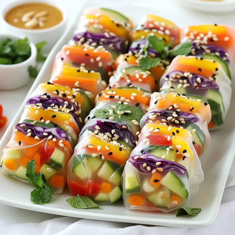 - 8 rice paper wrappers - 1 cup red cabbage, shredded - 1 cup carrots, julienned - 1 cup cucumber, julienned - 1 cup bell peppers (various colors), thinly sliced - 1 cup avocado, sliced - 1 cup fresh mint leaves - 1 cup fresh cilantro leaves To make rainbow veggie spring rolls, you will need fresh ingredients. Start with rice paper wrappers. They are the base for your rolls. Next, you will want to gather colorful veggies. Red cabbage adds a nice crunch. Carrots bring sweetness, while cucumber gives a refreshing taste. Use bell peppers for a pop of color. Avocado adds creaminess and flavor. Fresh herbs are key. Mint leaves add a bright touch, and cilantro gives a fresh taste. These herbs make your rolls vibrant and tasty. - 1/4 cup sesame seeds for garnish - Dipping sauce ingredients: - 1/4 cup hoisin sauce - 2 tablespoons peanut butter - 1 tablespoon lime juice - 1 tablespoon water You can use sesame seeds for a garnish. They add a nutty flavor and nice crunch. For the dipping sauce, mix hoisin sauce and peanut butter. Add lime juice for tang and water to thin it out. This sauce will enhance your rolls' flavor. It’s fun to dip! {{ingredient_image_1}} To start, wash all your vegetables. Use cold water to rinse them well. If you have carrots, peel them before cutting. For the other veggies, just rinse them to keep their fresh taste. Next, it's time to julienne and slice. Take the carrots and cut them into thin strips. For cucumbers and bell peppers, slice them thinly. You want all the pieces to be about the same size. This way, they will roll nicely in the spring roll. Shredding the red cabbage adds a nice crunch and color to your dish. Now, we soak the rice paper. Fill a shallow dish with warm water. Take one rice paper wrapper and dip it in the water. Keep it there for about 15-20 seconds. You want it to feel soft but not mushy. Carefully lift the wrapper out of the water. Place it on a clean, flat surface. Be gentle to avoid any tears. If it sticks, just wet your fingers a bit to help. Let’s layer our colorful veggies! Start with fresh mint and cilantro leaves. Place them at the bottom third of the wrapper. Next, stack your red cabbage, carrots, cucumber, bell peppers, and avocado. Keep everything neat and colorful. For extra flavor, sprinkle some sesame seeds over the veggies. Now, fold in the sides of the wrapper. Start rolling tightly from the bottom up. Make sure not to tear the wrapper. If you feel resistance, stop and adjust. Repeat this for the rest of the wrappers. Enjoy your beautiful rainbow veggie spring rolls! To keep the rice paper intact, start with warm water. Dip the rice paper wrapper for 15-20 seconds. It should feel soft but firm. Place it on a clean surface. If you tear the wrapper, don’t worry! Just use a bit of extra rice paper to patch it up. When rolling, make sure to tuck in the sides tightly. This helps keep all the veggies inside. You can swap veggies for what you have. Try zucchini, radishes, or even sprouts. They add crunch and color too. For dips, use tahini or a simple soy sauce. Both are great for vegan and gluten-free diets. Arrange your spring rolls on a bright plate. It makes them pop! You can add extra herbs around the rolls for color. Drizzle the dipping sauce on the plate for a fun touch. This makes your dish look fancy and inviting. Pro Tips Freshness is Key: Use fresh vegetables for the best flavor and crunch. Always wash and dry your ingredients thoroughly before preparation. Perfecting the Roll: Ensure the rice paper is soft but not overly soggy. A quick dip in warm water is enough; it will continue to soften as you work. Flavor Boost: Experiment with herbs and spices! Adding a pinch of chili flakes or a drizzle of sesame oil can elevate the taste of your spring rolls. Serving Style: Arrange spring rolls on a platter with colorful garnishes like sliced lime or extra herbs for a visually appealing presentation. {{image_2}} You can change the taste of your rainbow veggie spring rolls in many ways. - Adding protein options: Adding shrimp, chicken, or tofu boosts flavor and makes them filling. Simply cook the protein first, then slice it into thin strips. Place it on top of your veggies while you roll. - Spicing it up: If you like heat, add jalapeños or other spicy ingredients. Thinly slice the jalapeños and layer them in with your veggies. This gives a nice zing to each bite. Let’s play with colors and flavors by mixing different veggies and fruits. - Seasonal vegetables: Use fresh, seasonal veggies for variety. Think about adding radishes, snap peas, or even asparagus. Each season brings new colors and tastes that make your rolls exciting. - Colorful fruit additions: Want a sweeter roll? You can add fruits like mango or pineapple. These fruits add a burst of sweetness and a lovely color contrast. Just slice them thin and layer them in with your veggies. These variations will keep your spring rolls fresh and fun! To keep your uncooked spring rolls fresh, follow these steps: - Place a damp paper towel between the rolls. This keeps them from drying out. - Store them in an airtight container. A container with a lid works best. - Keep the rolls in the fridge. They stay fresh for up to two days. For the dipping sauce: - Store it in a sealed jar or container. - Keep it in the fridge for a week. Stir well before using. If you have leftover spring rolls, here’s how to reheat them: - Preheat your oven to 350°F (175°C). - Place the rolls on a baking sheet. Cover them with foil to keep moisture. - Heat for about 10 minutes. This keeps them from drying out. Packing spring rolls for lunch is easy: - Wrap them in parchment paper or foil. This helps keep them fresh. - Include a small container for the dipping sauce. It prevents sogginess. - Add a side of fresh veggies for a balanced meal. To keep rice paper from sticking, layer them with care. Use a clean parchment paper between each rice paper wrapper. This helps them not to touch and stick. When storing them, place a damp cloth over the wrappers. It keeps them moist and fresh. You can also lightly coat them with oil if needed. Yes, you can make spring rolls ahead of time. I suggest you store them in the fridge for up to one day. Cover them with a damp cloth or plastic wrap. This keeps them from drying out. It’s best to eat them fresh, but making them a few hours ahead is okay. If you need a substitute for hoisin sauce, try soy sauce mixed with a touch of sugar. You can also use peanut sauce or teriyaki sauce. Each option gives a different flavor but still tastes great. Feel free to mix and match to find your favorite dip! Making spring rolls at home is simple and fun. You learned about fresh ingredients like rice paper, veggies, and herbs. I shared tips on how to prep, soak, and roll your spring rolls. We also discussed storage and creative flavor combinations. Remember, the key is to be creative and have fun with it. Try different veggies and dips. Whether you're new or experienced, making these rolls can bring joy to your kitchen. Enjoy crafting your perfect spring rolls!