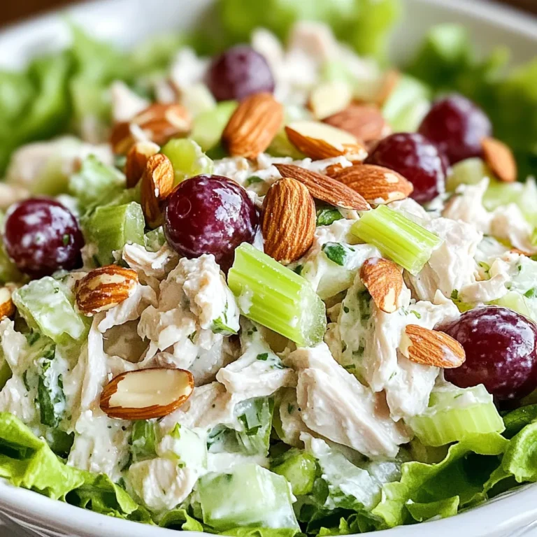- 2 cups cooked chicken breast, shredded - 1 cup plain Greek yogurt - 1/2 cup celery, diced - 1/2 cup red grapes, halved The main ingredients create a base of protein and flavor. Shredded chicken breast gives your salad protein and texture. I prefer using cooked chicken for ease. Plain Greek yogurt acts as a creamy base that keeps it healthy. Celery adds a nice crunch and fresh taste. The diced celery brings a lightness that balances the dish. Red grapes provide a burst of sweetness. Their halved form makes them easy to mix in and eat. - 1/4 cup sliced almonds - 1/4 cup chopped green onion - 1 tablespoon Dijon mustard - 1 tablespoon honey Optional add-ins give you room to be creative. Sliced almonds add a nutty crunch. They also boost the healthy fats in your meal. Chopped green onion brings a mild onion flavor. It adds color and freshness to the dish. Dijon mustard gives a tangy kick. It pairs well with the yogurt. Honey adds sweetness to balance the tangy flavors. You can adjust the amounts to your taste. - 1 tablespoon lemon juice - Salt and pepper to taste - Lettuce leaves for serving (optional) Seasoning is key for flavor. Lemon juice brightens the dish. It adds acidity that cuts through the creaminess. Salt and pepper help enhance all those flavors. Taste as you go to find the right balance. For serving, I recommend using lettuce leaves. They act as a healthy base for the salad. You can also serve it in pita bread or a bowl. A colorful presentation makes it more inviting. {{ingredient_image_1}} Start by shredding your cooked chicken breast. You can use two forks or your hands. Make sure you have about 2 cups of shredded chicken. This gives the salad a nice texture. The chicken adds protein and makes the dish filling. Next, grab a small bowl. Whisk together 1 cup of plain Greek yogurt, 1 tablespoon of Dijon mustard, 1 tablespoon of honey, and 1 tablespoon of lemon juice. Mix until it’s smooth and creamy. This dressing is tasty and healthier than mayonnaise. In a large mixing bowl, combine the shredded chicken and 1/2 cup of diced celery. Pour the yogurt dressing over this mixture. Stir gently until the chicken and celery are well-coated. Now, add in 1/2 cup of halved red grapes, 1/4 cup of sliced almonds, and 1/4 cup of finely chopped green onions. These ingredients add crunch and sweetness. Finally, taste your salad. You may want to add more salt and pepper to balance the flavors. Serve the chicken salad on a bed of lettuce leaves or in pita bread. Enjoy this fresh and healthy dish! For this chicken salad, shredding the chicken is key. Shredded chicken mixes well with the yogurt. It gives a softer bite and blends flavors better. Cubed chicken can be dry and hard to mix. Shredding allows for a creamier texture. Use two forks to shred or your hands for speed. Just be careful not to tear it too much. Seasoning is crucial for flavor. Always taste before serving. If it feels bland, adjust. A pinch more salt or a dash of pepper can make all the difference. Lemon juice adds fresh zest, while Dijon mustard gives it a little kick. You can also add herbs like dill or parsley for more depth. Remember, start small; you can always add more. How you serve matters too! A colorful bowl makes your dish pop. Spoon the chicken salad over fresh lettuce leaves for a nice crunch. If you want something more fun, use pita bread. Fill the bread with the salad for a tasty wrap. Garnish with extra grapes or almonds for a lovely finish. The look will make your meal even more inviting. Pro Tips Use Rotisserie Chicken: For a quicker preparation, consider using store-bought rotisserie chicken. It saves time and adds great flavor. Add Fresh Herbs: Enhance the flavor by incorporating fresh herbs like dill or parsley. They add a refreshing element to the salad. Chill Before Serving: Allow the chicken salad to chill in the refrigerator for at least 30 minutes before serving. This helps the flavors meld together beautifully. Experiment with Add-ins: Feel free to customize your salad with additional ingredients like diced apples, cranberries, or walnuts for extra texture and taste. {{image_2}} You can switch the chicken for turkey. Use cooked turkey breast for a tasty twist. Rotisserie chicken works well too. It saves time and adds flavor. Just shred it and mix it in. Both options give you a quick meal that is still healthy. Greek yogurt is thick and creamy. It gives the salad a rich taste. You can also use regular yogurt if you want. It makes the salad lighter but still yummy. Choose low-fat options if you're watching calories. Both types add great texture to the dish. Want to boost the flavor? Try adding fresh herbs like dill or parsley. They add a bright taste that wakes up the salad. You could also add a squeeze of lime for a zesty kick. Mix and match to find your favorite flavors. To keep your Greek yogurt chicken salad fresh, store it in an airtight container. Make sure the lid is tight to prevent air from getting in. This helps keep the flavors bright and the texture smooth. Place the container in the fridge right after making the salad. If you have leftovers, try to finish them within a few days. This keeps the salad tasty and safe to eat. Greek yogurt chicken salad stays fresh for about three to five days in the fridge. After that, the ingredients may start to lose their taste and texture. Always check for any off smells or changes in appearance before enjoying it again. If you notice anything odd, it’s best to throw it away. Keeping track of the date you made it helps you know when to eat it. You can freeze chicken salad, but I recommend against it. Greek yogurt does not freeze well. It can change the texture once thawed, making it watery. If you do choose to freeze it, use a freezer-safe container. Make sure to eat it within a month. When ready to eat, thaw it in the fridge overnight before serving. Just remember, fresh is always best! Greek yogurt chicken salad is a tasty and healthy dish. It combines shredded chicken, Greek yogurt, and fresh veggies. The Greek yogurt gives it a creamy texture without extra fat. This salad is full of protein and flavor. You get crunch from celery and sweetness from grapes. It’s perfect for lunch or a light dinner. Plus, it’s easy to make and quick to prepare. Greek yogurt chicken salad can last about 3 to 5 days in the fridge. Store it in an airtight container to keep it fresh. It’s best to eat it within the first few days for the best taste. If it starts to smell or look off, throw it away. Always check before you dig in! Yes, you can make Greek yogurt chicken salad ahead of time. It’s great for meal prep! Just mix all the ingredients and store them in the fridge. You can also prepare the chicken and yogurt dressing separately. This way, you keep everything fresh. When you're ready to eat, simply combine them. This makes for a quick meal on busy days. Greek yogurt chicken salad is a simple, tasty dish. We used shredded chicken, Greek yogurt, celery, and grapes. Adding nuts and green onions boosts flavor and crunch. We walked through each step, from prep to serving, making it easy. Remember, you can swap proteins and yogurt types for fun flavors. Store it properly for freshness. This salad is great for meal prep, saving you time. Enjoy this healthy twist on a classic any day of the week!