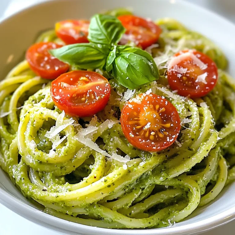 To make creamy avocado pasta, you need fresh and simple ingredients. Here’s what you’ll need: - 2 ripe avocados - 2 cloves garlic, minced - 1 lemon (juice and zest) - 1/4 cup extra virgin olive oil - 1/2 cup fresh basil leaves - 1/4 teaspoon red pepper flakes (optional, for heat) - Salt and pepper to taste - 12 oz pasta of your choice (spaghetti or fettuccine recommended) - Grated Parmesan cheese (optional, for serving) - Cherry tomatoes, halved (for garnish) These ingredients bring together a bright and creamy sauce that pairs perfectly with your pasta. Ripe avocados give the dish its rich texture. Fresh basil adds a lovely aroma. The lemon brightens it up, while garlic gives a nice kick. If you like a bit of heat, the red pepper flakes are a great addition. Don't forget the salt and pepper to enhance all the flavors! {{ingredient_image_1}} First, fill a pot with water and bring it to a boil. Add salt to the water. This step helps flavor the pasta. Next, add your pasta to the boiling water. Cook it according to the package instructions until it is al dente. This means it should be firm but not hard. Before you drain the pasta, save about 1 cup of the pasta water. Set it aside for later. Grab your food processor. Add the ripe avocados, minced garlic, lemon juice, and lemon zest. Next, pour in the extra virgin olive oil and toss in the fresh basil leaves. If you like a bit of heat, add the red pepper flakes. Now, blend everything together until it becomes smooth and creamy. If it is too thick, you can add some of that reserved pasta water. Blend again until you get the right texture. Don’t forget to add salt and pepper to taste! Once your pasta is cooked and drained, return it to the pot. Make sure the pot is off the heat. Pour the creamy avocado sauce over the pasta. Use tongs to toss everything together gently. You want to coat the pasta evenly with the sauce. If the sauce seems thick, add a little more of the reserved pasta water. Mix again until it’s just right. To get the best creaminess, you must adjust the sauce's thickness. If your sauce is too thick, add some reserved pasta water. Start with a little and mix well. Keep adding until you reach your desired smoothness. Balancing flavors with salt and pepper is also key. Taste your sauce before mixing it with the pasta. Add a pinch of salt and pepper. Mix again and taste. Repeat this step until you get the right flavor. When serving, use a large bowl or individual plates. This way, everyone can enjoy their portion. Drizzle a bit of olive oil over the dish. This adds shine and flavor. For garnishing, fresh basil leaves work wonders. You can also add halved cherry tomatoes on top for color. If you like cheese, sprinkle some grated Parmesan. This adds a nice touch and extra flavor. Pro Tips Choose Ripe Avocados: Make sure your avocados are perfectly ripe for a creamy sauce. They should yield slightly when pressed. Unripe avocados will result in a chunky and less flavorful sauce. Customize Your Pasta: While spaghetti or fettuccine works great, feel free to experiment with whole grain or gluten-free pasta to suit your dietary preferences. Adjust Consistency: If your avocado sauce is too thick, gradually add the reserved pasta water until you achieve the desired creamy consistency. Garnish for Flavor: Adding freshly halved cherry tomatoes and a drizzle of olive oil not only enhances the visual appeal but also adds a burst of flavor to your dish. {{image_2}} You can make creamy avocado pasta even better by adding protein. Grilled chicken or shrimp works great. They add a nice texture and flavor. Just grill them and slice into pieces. Toss them with the pasta for a hearty meal. If you prefer a vegetarian option, try chickpeas. They are high in protein and easy to add. Just rinse canned chickpeas and mix them in. This way, you still get a filling dish without meat. To boost the taste, try incorporating different herbs. Fresh parsley or cilantro can add a new twist. Basil is great, but don’t be afraid to mix things up. Just chop the herbs and toss them in your sauce. You can also add sun-dried tomatoes or spinach. Sun-dried tomatoes give a sweet and tangy kick. Chop them and mix with the sauce. Spinach adds color and nutrients. Just toss in fresh spinach leaves right before serving. They will wilt slightly and blend beautifully with the pasta. To keep your creamy avocado pasta fresh, store it in an airtight container. Place it in the fridge right after serving. This dish is best eaten within three days. If you wait too long, the avocado can turn brown and affect the taste. When reheating, avoid the microwave if you can. Instead, warm it on the stovetop. Add a splash of olive oil or a bit of reserved pasta water. This helps keep the sauce creamy and smooth. Stir gently over low heat until warmed through. Enjoy your meal just like the first time! Yes, you can use many types of pasta. While I recommend spaghetti or fettuccine, you can try: - Penne - Farfalle - Fusilli - Zucchini noodles for a low-carb option Each shape offers a unique texture and holds the sauce well. Choose what you like best! Absolutely! This recipe works great for meal prep. Here are some tips: - Cook the pasta and sauce separately. - Store them in airtight containers for up to 3 days. - Reheat the pasta and mix with the sauce just before eating. This keeps the pasta fresh and the sauce creamy. Making this dish vegan is easy! Here are some swaps you can make: - Omit the grated Parmesan cheese. - Use nutritional yeast for a cheesy flavor. - Ensure your pasta is egg-free. These simple changes keep the dish tasty and plant-based! This blog post covered a delicious avocado pasta dish. We explored the key ingredients, including ripe avocados, garlic, and lemon juice. You learned step-by-step instructions for cooking the pasta and making the sauce. I shared tips for the perfect creamy texture and fun variations, like adding proteins or different herbs. Finally, we went over storage and reheating tips. Try this easy recipe to impress your family and friends. Enjoy your cooking!