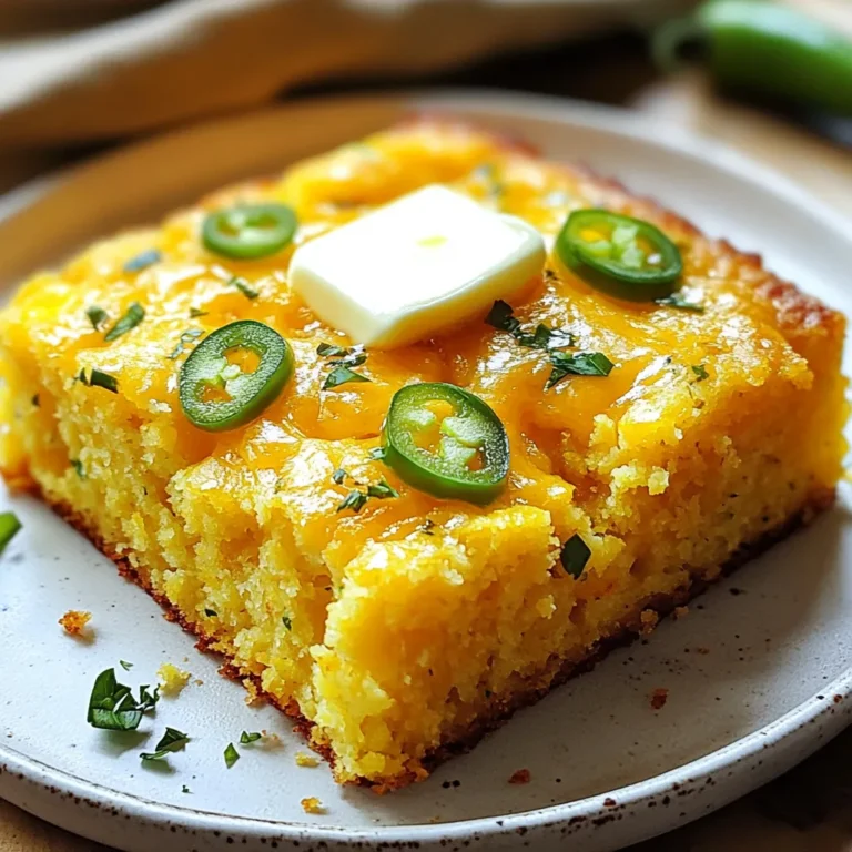 - 1 cup cornmeal - 1 cup all-purpose flour - 1 tablespoon baking powder - ½ teaspoon salt - ½ teaspoon baking soda - 2 large eggs - 1 cup buttermilk (or milk with 1 tablespoon lemon juice) - ¼ cup unsalted butter, melted - 1 cup sharp cheddar cheese, shredded - 1-2 jalapeños, finely chopped (adjust for spice preference) - 2 tablespoons honey (optional) These ingredients come together to create a tasty cornbread. Each one plays an important role in flavor and texture. If you want to make a few swaps, you can. Here are some ideas: - Cornmeal: You can use polenta or masa harina for a different texture. - All-Purpose Flour: Whole wheat flour works too, but it will change the taste. - Buttermilk: Regular milk with lemon juice is a great substitute. You can also use yogurt or a plant-based milk. - Unsalted Butter: Use olive oil or coconut oil if you prefer a dairy-free option. - Sharp Cheddar: Any cheese you like can work. Pepper jack adds spice! These substitutes let you adjust the recipe to fit your taste or what you have at home. Choosing the right jalapeños and cheese makes a big difference. Here’s how you can select the best: - Jalapeños: Look for firm peppers that are bright green. They should feel heavy for their size. Avoid any that are wrinkled or soft. - Cheddar Cheese: Go for a block of cheese instead of pre-shredded. Block cheese melts better and tastes fresher. Look for cheese labeled "sharp" for a strong flavor. With fresh ingredients, your cornbread will taste amazing! {{ingredient_image_1}} First, set your oven to 400°F (200°C). This temperature helps the cornbread rise well. Next, grease an 8-inch square or round baking pan. You can use butter or cooking spray for this. Greasing the pan stops the cornbread from sticking. In a large bowl, whisk together the dry ingredients. You need 1 cup of cornmeal, 1 cup of all-purpose flour, 1 tablespoon of baking powder, ½ teaspoon of salt, and ½ teaspoon of baking soda. Make sure these ingredients mix well. This step ensures your cornbread has a nice texture. In another bowl, crack 2 large eggs and beat them. Add 1 cup of buttermilk, or make your own with regular milk and 1 tablespoon of lemon juice. Then, pour in ¼ cup of melted butter and 2 tablespoons of honey if you want a sweet touch. Mix these until they are smooth. The wet mix gives flavor and moisture. Now, pour the wet mixture into the dry bowl. Mix gently until just combined; it’s okay if the batter is a bit lumpy. Overmixing will make the cornbread tough. Then, fold in 1 cup of shredded sharp cheddar cheese and 1-2 finely chopped jalapeños. Adjust the jalapeños based on how spicy you want the cornbread to be. Pour the batter into your prepared pan, spreading it out evenly. Bake your cornbread for 20-25 minutes. Check if it’s done by inserting a toothpick in the center. If it comes out clean, it’s ready! Once baked, take it out and let it cool for about 5 minutes. This cooling time helps with slicing. Serve warm, adding a pat of butter on top and some extra jalapeño slices for a pop of color. Enjoy this tasty twist on a classic dish! To keep your cornbread moist, use buttermilk. Buttermilk adds richness and flavor. If you don’t have buttermilk, mix regular milk with lemon juice. Let it sit for five minutes to sour. This simple trick works well. After mixing, don’t overmix the batter. Overmixing can make the cornbread dry. Stir gently until combined. A few lumps are okay. This keeps your cornbread light and fluffy. Jalapeños add a nice kick. You can control the heat by adjusting the amount. Use one jalapeño for mild heat. For more spice, add two. To lessen the heat, remove the seeds and ribs from the jalapeño. This part holds most of the spice. Finely chop the jalapeños to blend them well into the batter. This ensures even heat throughout. Serve your cornbread warm for the best taste. It pairs well with butter. Just add a pat on top and let it melt. You can also offer honey on the side. A drizzle of honey adds a sweet touch. For a colorful look, garnish with extra jalapeño slices. This cornbread works great with chili or soup. Enjoy it as a side dish to your favorite meals. Pro Tips Use Fresh Jalapeños: Fresh jalapeños will provide the best flavor and heat. If available, opt for locally sourced ones for a fresher taste. Check Doneness: To ensure your cornbread is perfectly baked, insert a toothpick into the center; it should come out clean when done. Let It Rest: Allow the cornbread to cool for a few minutes before slicing. This will help it set and make it easier to cut. Experiment with Cheese: While sharp cheddar is excellent, try mixing in other cheeses like pepper jack or gouda for a unique flavor twist. {{image_2}} You can make this cornbread even better by adding fun extras. Sweet corn adds texture and a pop of sweetness. For a savory twist, toss in chopped green onions. These additions provide layers of flavor and a colorful look. You can use about 1 cup of fresh or frozen corn. For green onions, about ¼ cup, finely chopped, works well. Mix them into the batter with the jalapeños and cheese. If you need a gluten-free option, it’s easy! You can swap all-purpose flour with a gluten-free blend. Just ensure the blend includes xanthan gum. This will help maintain the cornbread’s texture. For the cornmeal, make sure it's also gluten-free. Follow the same recipe for the rest of the ingredients. Your gluten-free cornbread will still be delicious and fluffy. To make a vegan version, substitute eggs and dairy. Use flax eggs instead of regular eggs. Mix 1 tablespoon of ground flaxseed with 2.5 tablespoons of water, and let it sit for a few minutes. For the buttermilk, mix non-dairy milk with 1 tablespoon of vinegar or lemon juice. Use vegan butter in place of regular butter. For cheese, try a vegan cheddar alternative. This way, everyone can enjoy this tasty cornbread! To store your jalapeño cheddar cornbread, let it cool first. Once it’s cool, wrap it tightly in plastic wrap. You can also place it in an airtight container. This keeps it fresh and moist. Store it at room temperature for up to two days. For longer storage, freeze it. When you're ready to enjoy your cornbread again, preheat your oven to 350°F (175°C). Remove the cornbread from its wrap. Place it in the oven for about 10-15 minutes. This warms it up nicely. You can also microwave it for 20-30 seconds. If you use the microwave, it may not stay as crispy. In the fridge, your cornbread lasts for about a week. Make sure it’s sealed well. In the freezer, it can last for up to three months. Just be sure to wrap it tightly to avoid freezer burn. When you’re ready to eat it, thaw it in the fridge overnight before reheating. Yes, you can use regular milk. To mimic buttermilk, add one tablespoon of lemon juice to one cup of milk. Let it sit for five minutes. This will give your cornbread the same tangy taste. To add more heat, increase the number of jalapeños. You can also use spicier pepper varieties, like serrano or habanero. If you want a different flavor, try adding crushed red pepper flakes or cayenne pepper. This cornbread goes well with chili and stews. It also complements soups like butternut squash or potato leek. For a fun twist, serve it with barbecue or grilled meats. Yes, you can make cornbread a day ahead. Just store it in an airtight container at room temperature. To reheat, place it in the oven at 350°F for about 10 minutes. It will taste fresh and warm. This blog explored how to make tasty Jalapeño Cheddar Cornbread. We covered key ingredients, fresh tips, and helpful substitutions. You learned about prep steps, mixing, and baking. We also shared tips for moist cornbread and ways to adjust spice levels. You can try fun variations and proper storage methods to keep it fresh. Now you have everything needed to bake a delicious cornbread. Enjoy experimenting and sharing this dish at your next meal!