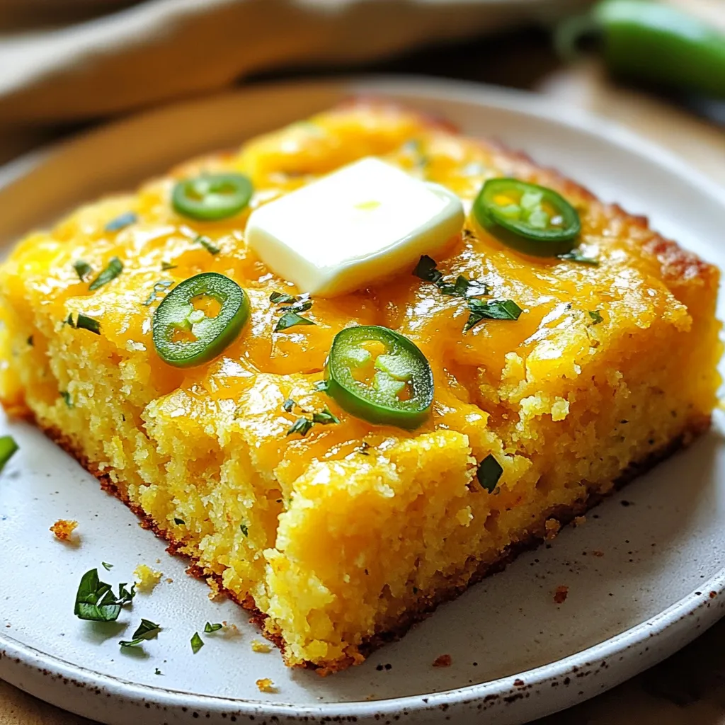 - 1 cup cornmeal - 1 cup all-purpose flour - 1 tablespoon baking powder - ½ teaspoon salt - ½ teaspoon baking soda - 2 large eggs - 1 cup buttermilk (or milk with 1 tablespoon lemon juice) - ¼ cup unsalted butter, melted - 1 cup sharp cheddar cheese, shredded - 1-2 jalapeños, finely chopped (adjust for spice preference) - 2 tablespoons honey (optional) These ingredients come together to create a tasty cornbread. Each one plays an important role in flavor and texture. If you want to make a few swaps, you can. Here are some ideas: - Cornmeal: You can use polenta or masa harina for a different texture. - All-Purpose Flour: Whole wheat flour works too, but it will change the taste. - Buttermilk: Regular milk with lemon juice is a great substitute. You can also use yogurt or a plant-based milk. - Unsalted Butter: Use olive oil or coconut oil if you prefer a dairy-free option. - Sharp Cheddar: Any cheese you like can work. Pepper jack adds spice! These substitutes let you adjust the recipe to fit your taste or what you have at home. Choosing the right jalapeños and cheese makes a big difference. Here’s how you can select the best: - Jalapeños: Look for firm peppers that are bright green. They should feel heavy for their size. Avoid any that are wrinkled or soft. - Cheddar Cheese: Go for a block of cheese instead of pre-shredded. Block cheese melts better and tastes fresher. Look for cheese labeled "sharp" for a strong flavor. With fresh ingredients, your cornbread will taste amazing! {{ingredient_image_1}} First, set your oven to 400°F (200°C). This temperature helps the cornbread rise well. Next, grease an 8-inch square or round baking pan. You can use butter or cooking spray for this. Greasing the pan stops the cornbread from sticking. In a large bowl, whisk together the dry ingredients. You need 1 cup of cornmeal, 1 cup of all-purpose flour, 1 tablespoon of baking powder, ½ teaspoon of salt, and ½ teaspoon of baking soda. Make sure these ingredients mix well. This step ensures your cornbread has a nice texture. In another bowl, crack 2 large eggs and beat them. Add 1 cup of buttermilk, or make your own with regular milk and 1 tablespoon of lemon juice. Then, pour in ¼ cup of melted butter and 2 tablespoons of honey if you want a sweet touch. Mix these until they are smooth. The wet mix gives flavor and moisture. Now, pour the wet mixture into the dry bowl. Mix gently until just combined; it’s okay if the batter is a bit lumpy. Overmixing will make the cornbread tough. Then, fold in 1 cup of shredded sharp cheddar cheese and 1-2 finely chopped jalapeños. Adjust the jalapeños based on how spicy you want the cornbread to be. Pour the batter into your prepared pan, spreading it out evenly. Bake your cornbread for 20-25 minutes. Check if it’s done by inserting a toothpick in the center. If it comes out clean, it’s ready! Once baked, take it out and let it cool for about 5 minutes. This cooling time helps with slicing. Serve warm, adding a pat of butter on top and some extra jalapeño slices for a pop of color. Enjoy this tasty twist on a classic dish! To keep your cornbread moist, use buttermilk. Buttermilk adds richness and flavor. If you don’t have buttermilk, mix regular milk with lemon juice. Let it sit for five minutes to sour. This simple trick works well. After mixing, don’t overmix the batter. Overmixing can make the cornbread dry. Stir gently until combined. A few lumps are okay. This keeps your cornbread light and fluffy. Jalapeños add a nice kick. You can control the heat by adjusting the amount. Use one jalapeño for mild heat. For more spice, add two. To lessen the heat, remove the seeds and ribs from the jalapeño. This part holds most of the spice. Finely chop the jalapeños to blend them well into the batter. This ensures even heat throughout. Serve your cornbread warm for the best taste. It pairs well with butter. Just add a pat on top and let it melt. You can also offer honey on the side. A drizzle of honey adds a sweet touch. For a colorful look, garnish with extra jalapeño slices. This cornbread works great with chili or soup. Enjoy it as a side dish to your favorite meals. Pro Tips Use Fresh Jalapeños: Fresh jalapeños will provide the best flavor and heat. If available, opt for locally sourced ones for a fresher taste. Check Doneness: To ensure your cornbread is perfectly baked, insert a toothpick into the center; it should come out clean when done. Let It Rest: Allow the cornbread to cool for a few minutes before slicing. This will help it set and make it easier to cut. Experiment with Cheese: While sharp cheddar is excellent, try mixing in other cheeses like pepper jack or gouda for a unique flavor twist. {{image_2}} You can make this cornbread even better by adding fun extras. Sweet corn adds texture and a pop of sweetness. For a savory twist, toss in chopped green onions. These additions provide layers of flavor and a colorful look. You can use about 1 cup of fresh or frozen corn. For green onions, about ¼ cup, finely chopped, works well. Mix them into the batter with the jalapeños and cheese. If you need a gluten-free option, it’s easy! You can swap all-purpose flour with a gluten-free blend. Just ensure the blend includes xanthan gum. This will help maintain the cornbread’s texture. For the cornmeal, make sure it's also gluten-free. Follow the same recipe for the rest of the ingredients. Your gluten-free cornbread will still be delicious and fluffy. To make a vegan version, substitute eggs and dairy. Use flax eggs instead of regular eggs. Mix 1 tablespoon of ground flaxseed with 2.5 tablespoons of water, and let it sit for a few minutes. For the buttermilk, mix non-dairy milk with 1 tablespoon of vinegar or lemon juice. Use vegan butter in place of regular butter. For cheese, try a vegan cheddar alternative. This way, everyone can enjoy this tasty cornbread! To store your jalapeño cheddar cornbread, let it cool first. Once it’s cool, wrap it tightly in plastic wrap. You can also place it in an airtight container. This keeps it fresh and moist. Store it at room temperature for up to two days. For longer storage, freeze it. When you're ready to enjoy your cornbread again, preheat your oven to 350°F (175°C). Remove the cornbread from its wrap. Place it in the oven for about 10-15 minutes. This warms it up nicely. You can also microwave it for 20-30 seconds. If you use the microwave, it may not stay as crispy. In the fridge, your cornbread lasts for about a week. Make sure it’s sealed well. In the freezer, it can last for up to three months. Just be sure to wrap it tightly to avoid freezer burn. When you’re ready to eat it, thaw it in the fridge overnight before reheating. Yes, you can use regular milk. To mimic buttermilk, add one tablespoon of lemon juice to one cup of milk. Let it sit for five minutes. This will give your cornbread the same tangy taste. To add more heat, increase the number of jalapeños. You can also use spicier pepper varieties, like serrano or habanero. If you want a different flavor, try adding crushed red pepper flakes or cayenne pepper. This cornbread goes well with chili and stews. It also complements soups like butternut squash or potato leek. For a fun twist, serve it with barbecue or grilled meats. Yes, you can make cornbread a day ahead. Just store it in an airtight container at room temperature. To reheat, place it in the oven at 350°F for about 10 minutes. It will taste fresh and warm. This blog explored how to make tasty Jalapeño Cheddar Cornbread. We covered key ingredients, fresh tips, and helpful substitutions. You learned about prep steps, mixing, and baking. We also shared tips for moist cornbread and ways to adjust spice levels. You can try fun variations and proper storage methods to keep it fresh. Now you have everything needed to bake a delicious cornbread. Enjoy experimenting and sharing this dish at your next meal!