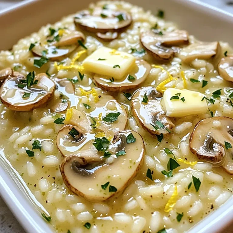 - 1 cup Arborio rice - 4 cups vegetable broth - 2 tablespoons unsalted butter - 1 tablespoon olive oil - 1 medium onion, finely chopped - 3 cloves garlic, minced - 8 ounces cremini mushrooms, sliced - 1/2 cup grated Parmesan cheese - 1/4 cup fresh parsley, chopped - Salt and pepper to taste - Zest of 1 lemon - A squeeze of lemon juice For this creamy and flavorful risotto, I love using Arborio rice. It is short-grained and has a lot of starch. This starch gives the risotto its rich and creamy texture. You will also need fresh vegetable broth. Homemade broth adds a depth of flavor. Butter and olive oil are key for sautéing. They add richness and help cook the onion and garlic. Chopped onion and minced garlic give the dish its base flavor. When cooked together, they create a sweet and savory mix. Cremini mushrooms are my favorite because they have a deep, earthy taste. You will slice them thinly to cook evenly. For a finishing touch, we add grated Parmesan cheese. It brings a nutty flavor that pairs well with the mushrooms. Fresh parsley adds color and brightness to the dish. You will chop it finely to mix in at the end. The zest and juice of a lemon brighten the flavors, making them pop. Finally, salt and pepper help to enhance all the tastes. Gather these ingredients before you start cooking. This way, you can focus on creating a delicious risotto. Heat 4 cups of vegetable broth in a medium saucepan. Keep it warm over low heat. This step is key. Warm broth helps the rice cook evenly and absorb flavors better. In a large skillet, heat olive oil and 1 tablespoon of butter on medium heat. Add the finely chopped onion and minced garlic. Cook until the onion turns translucent, about 3-4 minutes. This step builds a flavorful base for your risotto. Next, add 8 ounces of sliced cremini mushrooms to the skillet. Sauté them for 5-7 minutes until they are golden brown and tender. A pinch of salt and pepper adds a nice touch here. The mushrooms bring a rich, earthy flavor to the dish. Now, stir in 1 cup of Arborio rice. Lightly toast the rice for 1-2 minutes. This step enhances the flavor. The rice should absorb the nice aroma from the mushrooms and aromatics. Start adding the warm vegetable broth, one ladle at a time. Stir constantly as you add each ladle. Wait until most of the broth is absorbed before adding more. This process takes about 18-20 minutes. The rice should become creamy and al dente. Once the rice is cooked, remove the skillet from heat. Stir in the remaining tablespoon of butter, 1/2 cup of grated Parmesan cheese, lemon zest, and a squeeze of lemon juice. Adjust salt and pepper to taste. These ingredients add a burst of flavor and creaminess. Fold in 1/4 cup of chopped parsley and let the risotto sit for a minute. Serve warm in shallow bowls. Drizzle extra melted garlic butter on top and finish with parsley for a fresh touch. This makes your risotto not only tasty but also beautiful. To get creamy risotto, you must stir constantly. This helps the rice release its starch. Starch makes the dish smooth and rich. When you add broth, wait until most of it soaks in before adding more. This process takes about 18-20 minutes. Keep stirring, and you will see the risotto become velvety. You can customize the flavor by adding herbs or other ingredients. Fresh thyme or basil works well. For a spicy kick, try adding red pepper flakes. You can also mix in peas or spinach for extra color and nutrition. Just be sure to add these near the end of cooking, so they stay bright and fresh. To tell when the risotto is done, taste it. The rice should be creamy but still have a slight bite, called "al dente." If it feels too firm, cook for one or two more minutes. The texture is key to a good risotto. Once it’s perfect, remove it from the heat and finish with butter and cheese for extra creaminess. {{image_2}} You can use many types of mushrooms in risotto. Each one brings a unique taste. For a rich flavor, try shiitake mushrooms. They add depth and earthiness. If you want a milder taste, go for button mushrooms. They are easy to find and work well. You can also mix different kinds. A blend of cremini and oyster mushrooms can create a tasty dish. This mix adds both texture and flavor. If you want a vegetarian risotto, simply skip the cheese. You can replace Parmesan with nutritional yeast. This gives a cheesy flavor without dairy. For a vegan version, use plant-based butter. Coconut oil is a great option too. It adds a nice touch of flavor. Be sure to use vegetable broth that is free from animal products. This way, your dish stays true to vegan standards. You might want to add some protein to your risotto. Chicken is a great choice. Cook it in the skillet before adding the rice. Shrimp can also work well. Just sauté them until they turn pink and then mix them in. If you prefer a plant-based protein, tofu is perfect. Press and cube the tofu, then sauté it until golden. Stir it in with the rice for a hearty meal. Adding protein makes the risotto even more filling and satisfying. To store leftover risotto, wait until it cools down. Use an airtight container to keep it fresh. Place it in the fridge. It will stay good for about 3 days. Make sure not to leave it out for too long, as it can spoil quickly. When reheating risotto, you want to keep it creamy. The best method is to use a skillet. Add a splash of broth or water to help it regain its texture. Heat over low heat and stir often. You can also use the microwave, but add a little liquid first. Cover it with a lid or a damp paper towel to keep moisture in. You can freeze risotto if you want to save some for later. Use a freezer-safe container and leave some space at the top. Risotto expands when frozen. It can last for about 1 month in the freezer. When ready to eat, thaw it in the fridge overnight. Reheat gently, adding a bit of broth to bring back the creaminess. The best rice for risotto is Arborio rice. Arborio has a high starch content. This gives risotto its creamy texture. The rice grains are short and plump. They absorb liquid well while staying firm. This means you get that perfect al dente bite. Other types, like Carnaroli and Vialone Nano, also work. But Arborio is the most common choice for home cooks. Yes, you can make risotto ahead of time. To prep in advance, cook it just until it is al dente. Then let it cool. Store it in an airtight container in the fridge. When you are ready to eat, reheat it on low heat. Add a bit of broth to bring back creaminess. Stir until it is hot and smooth. To make a vegetarian version, use vegetable broth. You can also skip the cheese or use a vegan option. Try nutritional yeast for a cheesy flavor. Add more veggies like spinach or peas for extra color. This way, you keep the dish flavorful and rich while staying plant-based. Yes, risotto is gluten-free. Arborio rice does not contain gluten. However, always check your broth and cheese labels. Some brands may add gluten-containing ingredients. If you stick to pure vegetable broth and cheese, your risotto will be safe for those avoiding gluten. In this guide, we covered how to make a rich, creamy risotto. We discussed essential ingredients like Arborio rice and fresh mushrooms. You learned step-by-step instructions for cooking and tips for perfecting the texture. Variations for different diets and storage tips were also included. Remember, risotto is versatile and can suit any taste. With practice, you’ll master this dish. Enjoy your cooking journey!