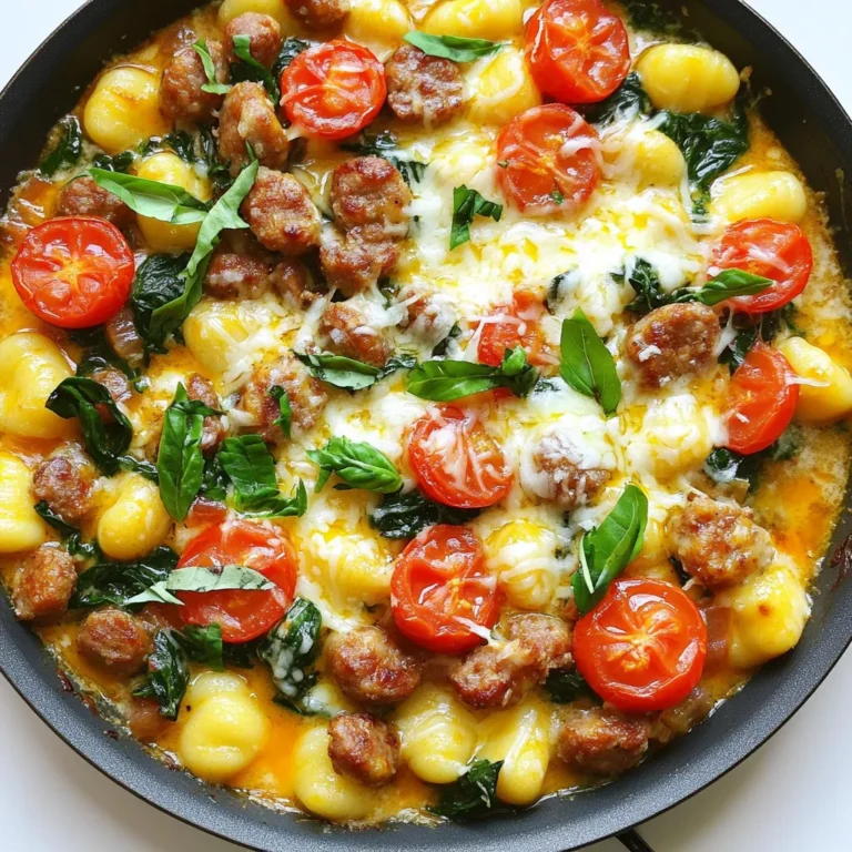 To make Cheesy Sausage Gnocchi One Pan, you will need: - 1 lb Italian sausage (mild or spicy) - 1 package (16 oz) gnocchi (store-bought or homemade) - 2 cups cherry tomatoes, halved - 1 cup baby spinach - 1 cup shredded mozzarella cheese - 1/2 cup grated Parmesan cheese - 2 tablespoons olive oil - 2 cloves garlic, minced - 1 teaspoon Italian seasoning - 1/2 teaspoon red pepper flakes (optional) - Salt and pepper to taste - Fresh basil or parsley for garnish You can easily swap some ingredients based on your taste or what you have. - Use chicken sausage if you want a lighter option. - For a twist, try using sweet potatoes instead of gnocchi. - Replace mozzarella with cheddar for a sharper flavor. - If you don't have cherry tomatoes, use diced regular tomatoes. - Spinach can be swapped for kale or arugula for a different taste. Fresh ingredients make a big difference. Here’s how to pick the best: - Choose Italian sausage that feels firm and has a fresh smell. - Look for gnocchi that is plump and has a smooth texture. - Pick tomatoes that are bright and firm to the touch. - For spinach, select leaves that are crisp and vibrant green. - When buying cheese, look for packages that are sealed and cold. - Always check for any signs of spoilage or bruising. By following these tips, you ensure your Cheesy Sausage Gnocchi One Pan tastes amazing! 1. Brown the Sausage: Start by heating 2 tablespoons of olive oil in a large skillet over medium heat. Add 1 pound of Italian sausage. Break it up with a spatula. Cook until it is browned and cooked through, about 6 to 8 minutes. This gives a nice flavor base. 2. Add Garlic & Tomatoes: Next, stir in 2 cloves of minced garlic and 2 cups of halved cherry tomatoes. Cook these for another 2 to 3 minutes until the tomatoes soften. This step adds sweetness and depth to the dish. 3. Combine Gnocchi: Now, add 1 package of gnocchi to the pan. Pour in enough water to cover the gnocchi, about 2 to 3 cups. Add 1 teaspoon of Italian seasoning, and season with salt and pepper. If you like heat, sprinkle in 1/2 teaspoon of red pepper flakes. Stir everything well to mix. 4. Simmer: Bring the mix to a gentle simmer. Cover the pan with a lid and let it cook for about 5 to 7 minutes. Stir occasionally to prevent sticking. The gnocchi should be soft and tender. 5. Add Spinach & Cheeses: After the gnocchi is cooked, remove the lid and fold in 1 cup of baby spinach until it wilts. Then, sprinkle 1 cup of shredded mozzarella cheese and 1/2 cup of grated Parmesan cheese over the top. Cover again for a few minutes to let the cheese melt. 6. Final Touches: When the cheese is gooey and melted, taste your dish. Adjust salt and pepper if needed. Then, remove from heat. 7. Garnish & Serve: Divide the cheesy gnocchi among plates. Garnish with fresh basil or parsley for a pop of color. - Prep Time: This dish takes just 10 minutes to prepare. - Cook Time: The total cook time is around 30 minutes. - Serving Size: This recipe serves 4 people. Stirring is key to avoid sticking. It helps the gnocchi cook evenly. Timing is also crucial. Overcooking can make the gnocchi mushy. Follow the suggested times for the best results. Enjoy your meal! To get a creamy cheese sauce, start with the right cheeses. Use mozzarella and Parmesan, as they melt well. Add the cheeses after cooking the gnocchi. Cover the pan to help the cheese melt evenly. This keeps it smooth and gooey. Stir the cheese in gently to combine. One common mistake is adding too much water. Only add enough to cover the gnocchi. Too much water makes the dish watery, not creamy. Also, avoid cooking the spinach too long. It should just wilt in the heat. Overcooking can make it lose flavor and color. One-pan cooking is fun and easy. Start by browning the sausage well. This builds great flavor. Use a large enough pan to avoid crowding. Stir the ingredients often to prevent sticking. Covering the pan helps cook everything evenly. This keeps the flavors locked in and makes cleanup a breeze! {{image_2}} You can make this dish even better with some add-ins. Try adding mushrooms for extra flavor. Peppers or zucchini also work well. They add color and nutrition. You can mix in some peas or corn for a sweet touch. If you want more heat, toss in jalapeños or extra red pepper flakes. While Italian sausage shines in this recipe, other meats can fit too. Ground turkey or chicken makes a lighter choice. For a smoky flavor, use chorizo. If you want a richer taste, try using pancetta or bacon. Each meat brings a unique flavor, so choose what you love. To make this dish vegetarian, swap the sausage for plant-based sausage. You can also use beans or lentils for protein. For a vegan option, replace cheese with a vegan version. Nutritional yeast gives a cheesy taste without dairy. You can also add more veggies for extra flavor and texture. To keep your Cheesy Sausage Gnocchi fresh, store it in an airtight container. This helps prevent moisture loss. Make sure it cools down before sealing. Place it in the fridge. It will last for about 3 to 4 days. To reheat, you can use the stove or microwave. For the stove, add a splash of water to a pan. Heat it on low, stirring gently. This helps keep the gnocchi soft. In the microwave, use a microwave-safe dish. Cover it with a damp paper towel. Heat in short bursts, stirring in between. If you want to freeze leftovers, do it soon after cooking. Use a freezer-safe container or bag. It’s best to freeze in single servings. This makes it easy to thaw what you need. It can last up to 3 months in the freezer. To thaw, move it to the fridge overnight before reheating. Yes, you can prepare this dish ahead of time. Cook it fully and let it cool. Store it in an airtight container in the fridge for up to three days. When ready to eat, reheat it on the stove over medium heat. Add a splash of water to keep it moist. This meal pairs well with a simple green salad. A light Caesar salad works great too. You can add garlic bread for a crunchy side. If you want a drink, try a nice red wine. It complements the flavors well. To spice it up, add more red pepper flakes. You can also use spicy Italian sausage. For extra heat, toss in sliced jalapeños or hot sauce while cooking. Start with a little, then taste as you go. Adjust to your spice level. Yes, you can use gluten-free gnocchi. Many stores sell gluten-free options now. Make sure to check labels for gluten-free Italian sausage too. This way, you can enjoy the dish without gluten. This blog post walks you through making a tasty dish with cozy ingredients. We explored ingredient choices, cooking steps, and how to keep your meal creamy. You learned tips to avoid mistakes and ways to customize your cooking. We also covered how to store leftovers and answered common questions. Use these insights to create your own cheesy sausage gnocchi. Enjoy making it perfect each time!