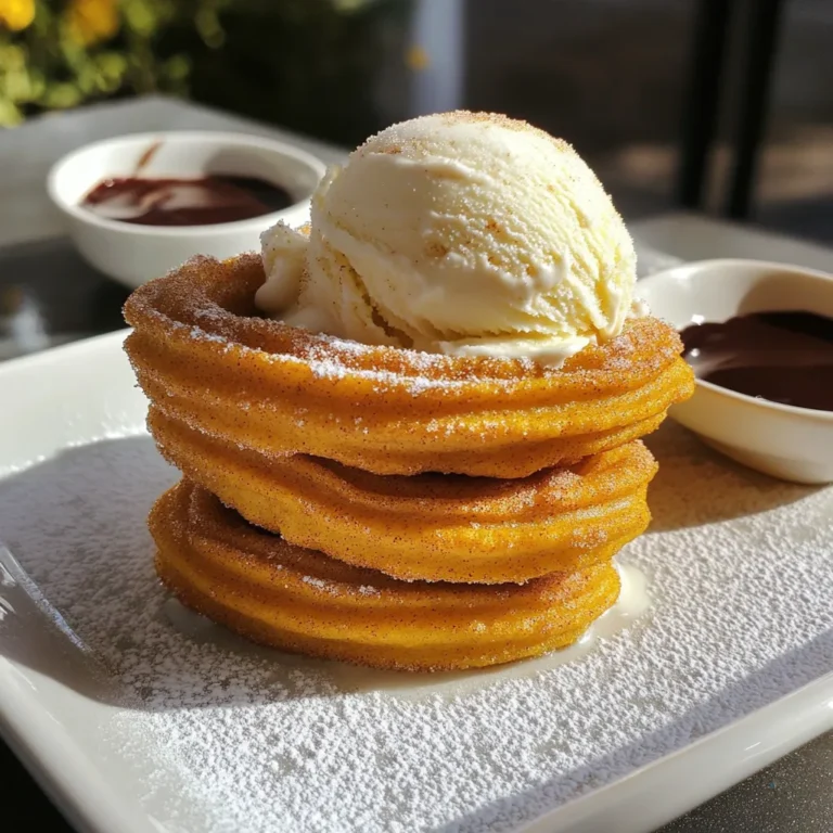 For the best pumpkin churro ice cream sandwiches, gather these main ingredients: - 1 cup all-purpose flour - 1/2 cup pumpkin puree - 1/4 cup sugar - 1/2 teaspoon cinnamon - 1/4 teaspoon nutmeg These ingredients create a rich dough with warm flavors. The pumpkin puree adds moisture and a lovely fall taste. The cinnamon and nutmeg bring warmth and spice. Next, you’ll need some additional ingredients: - 1/2 teaspoon baking powder - 1/4 teaspoon salt - 1/2 cup water - 2 cups ice cream (your choice of flavor, vanilla works great) The baking powder helps the churros puff up when frying. Salt balances the sweetness. Water binds the dough together, making it easy to pipe. Choose your favorite ice cream flavor for filling these tasty sandwiches. Finally, don’t forget the toppings: - 1/4 cup unsalted butter, melted (for brushing) - 1/4 cup sugar (for rolling) - 1 teaspoon cinnamon (for rolling) Brushing the churros with melted butter adds richness. The cinnamon-sugar mixture gives that classic churro taste. These toppings make your ice cream sandwiches even more delicious! 1. In a large bowl, whisk together: - 1 cup all-purpose flour - 1/4 cup sugar - 1/2 teaspoon cinnamon - 1/4 teaspoon nutmeg - 1/2 teaspoon baking powder - 1/4 teaspoon salt This step gives your churros a warm, spiced flavor. 2. In a separate bowl, combine: - 1/2 cup pumpkin puree - 1/2 cup water Mix these well until they blend smoothly. 3. Gradually add the wet mix to the dry mix. Stir until a dough forms. It should be smooth and slightly sticky. 1. Heat oil in a deep pot or frying pan to 350°F (175°C). 2. Once the oil is hot, use a piping bag with a large star nozzle. Pipe 4 to 5-inch strips of dough into the hot oil. Fry them until they turn golden brown, which takes about 2-3 minutes per side. Use a slotted spoon to remove the churros and let them drain on paper towels. 1. In a small bowl, mix: - 1/4 cup sugar - 1 teaspoon cinnamon 2. While the churros are warm, brush them with 1/4 cup melted unsalted butter. Roll them in the cinnamon sugar mix to coat well. 3. Let the churros cool completely. 4. To assemble, take one churro and place a scoop of ice cream on one end. Top it with another churro to make a sandwich. Repeat this with the remaining churros and ice cream. 5. For extra fun, you can roll the edges of the ice cream in more cinnamon sugar or drizzle with chocolate syrup. Enjoy your tasty treat! - The best oil temperature for frying is 350°F (175°C). This helps the churros cook evenly and turn golden brown. - To achieve the perfect churro shape, use a piping bag fitted with a large star nozzle. This gives the churros their classic ridged look. Pipe 4 to 5-inch strips directly into the hot oil. - For presentation, serve the churro ice cream sandwiches on a nice platter. Dust them with powdered sugar for a fun touch. - Offer a small bowl of chocolate or caramel sauce on the side. This allows everyone to dip their sandwiches for extra flavor. - To store leftover churros and ice cream sandwiches, wrap them tightly in plastic wrap. Place them in an airtight container in the fridge. - For reheating, place churros in the oven at 350°F (175°C) for about 5-10 minutes. This helps keep them crispy. Avoid microwaving, as it makes them soggy. {{image_2}} You can get creative with ice cream flavors. Try chocolate, caramel, or pumpkin spice. Each flavor adds a unique twist. You can also mix in chocolate chips or nuts to the churro dough. This adds texture and flavor to your treat. Just fold them in after you form the dough. If you need gluten-free options, use gluten-free flour. This swap works well for the churros. For a vegan treat, choose dairy-free ice cream. Coconut or almond-based ice cream can be delicious. Always check labels to ensure they fit your needs. Add festive spices like ginger or cloves for a seasonal touch. These spices bring warmth and flavor to your churros. You can also try incorporating seasonal ingredients, like maple syrup or cranberries, for a fun twist. These additions can make your pumpkin churro ice cream sandwiches perfect for fall celebrations. Can I make the churro batter ahead of time? Yes, you can make the churro batter ahead. Store it in the fridge for up to two days. Just let it warm up a bit before frying. How do I keep churros crispy after frying? To keep churros crispy, avoid stacking them right after frying. Place them on a wire rack to cool. This helps air circulate and keeps them crunchy. What is the best way to serve these sandwiches? Serve these sandwiches chilled. Place them on a nice platter. Dust with powdered sugar for a lovely look. Add dips like chocolate or caramel sauce for fun! Can they be frozen for later use? Yes, you can freeze the churro ice cream sandwiches. Wrap them in plastic wrap. Store in an airtight container. Enjoy them later, but eat them within a month for best flavor. Why did my churros not rise? Churros may not rise if the oil is not hot enough. Aim for 350°F (175°C). Also, check that you used baking powder. This helps the churros puff up. What do I do if the dough is too sticky? If your dough is sticky, add a little more flour. Do this slowly, so you don’t make it too dry. A smooth dough helps with piping and frying. You now have all the steps to make delicious churro ice cream sandwiches. From the key ingredients to frying tips, every detail matters. Use fresh spices and quality ice cream for best results. Remember to experiment with flavors and dietary options. Keep your churros crispy by storing them properly. Enjoy these treats at any time of year, and share them with friends. Whether you try a seasonal twist or a new topping, these sandwiches will impress everyone. Enjoy your tasty creations!