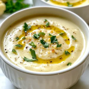 To make Garlic Parmesan Roasted Cauliflower Soup, you will need: - 1 large head of cauliflower, cut into florets - 4 tablespoons olive oil, divided - 1 large onion, diced - 5 cloves garlic, minced - 4 cups vegetable broth - 1 cup heavy cream or coconut cream for a vegan option - 1 cup grated Parmesan cheese (use nutritional yeast for vegan) - Salt and black pepper to taste - Fresh parsley, chopped (for garnish) You can swap ingredients based on your needs. For a dairy-free version, use coconut cream and nutritional yeast instead of cheese. If you want a richer taste, add butter instead of olive oil. You can also change the broth to chicken broth if you prefer. If you don’t have fresh parsley, try using dried herbs like thyme or rosemary for some extra flavor. Each serving of this soup offers a comforting mix of nutrients: - Calories: 350 - Protein: 9g - Total Fat: 28g - Saturated Fat: 15g - Carbs: 22g - Fiber: 4g - Sugars: 3g This soup is great for a warm meal. It fills you up while also being healthy. Adjust the cream and cheese to lower the calories if needed. Enjoy this rich soup that is packed with flavor and nutrition! {{ingredient_image_1}} Start by preheating your oven to 425°F (220°C). Take your large head of cauliflower and cut it into small florets. This helps them roast evenly. In a big bowl, toss the florets with 2 tablespoons of olive oil, salt, and black pepper. Make sure every piece is coated. Spread the florets on a baking sheet in a single layer. Roast them in the oven for 25-30 minutes. You want them golden and tender. Remember to stir them halfway through for even cooking. While the cauliflower roasts, grab a large pot and heat the remaining 2 tablespoons of olive oil over medium heat. Add the diced onion and sauté until it turns translucent, about 5-7 minutes. This step builds a nice base for your soup. Then, add the minced garlic and cook for 2 more minutes. The garlic should smell amazing at this point. Once your cauliflower is roasted, add it to the pot with the onions and garlic. Pour in 4 cups of vegetable broth and stir well. Bring this mixture to a gentle simmer and cook for about 10 minutes. After that, remove the pot from heat. Now, use an immersion blender to puree the soup until it's smooth and creamy. If you don’t have an immersion blender, you can carefully transfer it to a blender in batches. Just be cautious with hot liquids. Return the pot to low heat, and stir in 1 cup of heavy cream (or coconut cream for a vegan option) and 1 cup of grated Parmesan cheese. Mix until fully melted. Add more salt and pepper to taste. Your soup is ready to serve! Roasting the cauliflower right makes a big difference. First, cut the cauliflower into small florets. This helps them cook evenly. Toss the florets in olive oil, salt, and pepper. I use two tablespoons of oil for a rich taste. Spread the florets on a baking sheet. Make sure they are in a single layer. This allows them to roast well. Bake at 425°F (220°C) for 25 to 30 minutes. Stir the cauliflower halfway through to ensure even browning. When it turns golden brown, you know it’s ready! To make the soup creamy, I use heavy cream. If you want a vegan option, coconut cream works great too. After blending the roasted cauliflower with broth, add the cream. Return the pot to low heat and stir. This step brings the soup together. It ensures the flavors meld well. Always taste and adjust seasoning with salt and pepper. For more flavor, I love adding garlic. Sauté it with the onions until fragrant. Using fresh parsley as a garnish adds a nice touch. You can also sprinkle extra Parmesan cheese on top. If you want a kick, try a pinch of red pepper flakes. This simple addition can elevate your soup’s flavor. Pro Tips Roasting Technique: Ensure the cauliflower is spread out in a single layer on the baking sheet to promote even roasting and achieve that perfect golden color. Vegan Option: Substitute heavy cream with coconut cream and use nutritional yeast instead of Parmesan cheese for a creamy, dairy-free alternative. Immersion Blender Tip: If using an immersion blender, let the soup cool slightly before blending to avoid splatters, or blend in small batches if transferring to a regular blender. Garnishing Ideas: Consider adding toasted croutons or a drizzle of olive oil on top of the soup for added texture and flavor. {{image_2}} To make this soup vegan, swap heavy cream for coconut cream. It adds a nice richness. Instead of Parmesan cheese, use nutritional yeast. This keeps the cheesy flavor without dairy. You can still enjoy the same creamy texture and taste. Want to boost flavor? Add a squeeze of lemon juice. It brightens the soup and adds depth. You can also mix in some roasted garlic for a sweeter taste. A handful of spinach or kale will add nutrition and color. They will wilt nicely into the hot soup. If you like heat, add some red pepper flakes. Start with a pinch and adjust to your taste. For a milder soup, skip the spice altogether. You can also try adding smoked paprika for a smoky flavor without heat. Each option brings a new twist to the dish. You can store leftover soup in the fridge. Place it in an airtight container. It will stay fresh for about 3 to 4 days. Make sure to let it cool before sealing the lid. This helps keep the soup creamy and tasty. You can freeze this soup for later use. Allow it to cool completely first. Pour the soup into freezer-safe containers. Leave some space at the top, as it will expand when frozen. It can last for up to 3 months in the freezer. When you're ready to eat, just thaw it overnight in the fridge. Reheating this soup is easy. For the best taste, use a pot on the stove. Heat on low and stir often until warm. If it seems thick, add a bit of broth or water. You can also microwave it in a safe bowl. Cover it loosely and heat in short bursts. Stir between each burst to warm evenly. Enjoy your delicious soup again! To make this soup vegan, swap the heavy cream for coconut cream. You can also use nutritional yeast instead of Parmesan cheese. These changes keep the soup creamy and rich without dairy. When you cook the soup, follow the same steps as in the recipe. The flavor will still be amazing! Coconut cream adds a slight sweetness, while nutritional yeast gives it a cheesy taste. Yes, you can! Feel free to use any broth you like. Chicken broth or mushroom broth can add depth. Just remember, using vegetable broth keeps it vegan. For cream, coconut cream is a great choice. You can also try cashew cream or almond milk for a lighter soup. Each option brings a unique flavor to the dish. This soup lasts about 4 to 5 days in the fridge. Store it in an airtight container to keep it fresh. You can also freeze the soup for up to 3 months. Just make sure to let it cool first. When you’re ready to eat, thaw it overnight in the fridge. Reheat it on the stove or in the microwave until hot. This blog post walked you through making a delicious garlic Parmesan roasted cauliflower soup. We covered the key ingredients, healthy swaps, and detailed preparation steps. You learned tips for perfect roasting, achieving creaminess, and enhancing flavors. Variations allow you to customize the soup, and we discussed proper storage for leftovers. In my experience, this soup is easy and rewarding to make. Enjoy the cooking process and share it with friends. Happy cooking!