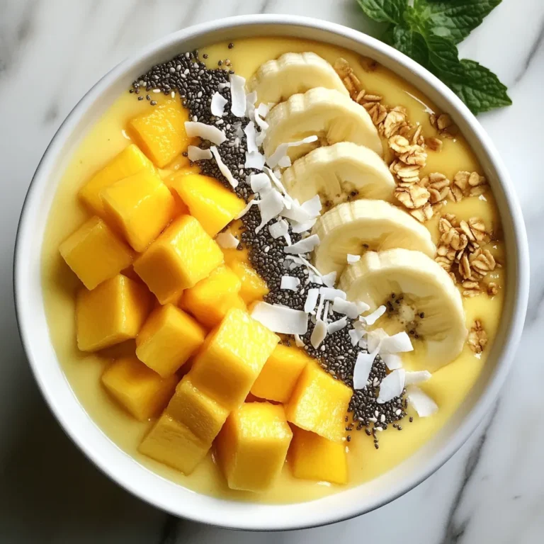To make a Coconut Mango Smoothie Bowl, gather these fresh ingredients: - 1 ripe mango, diced - 1 cup coconut milk (canned or carton) - 1 frozen banana - 1/2 cup Greek yogurt (optional for creaminess) - 1 tablespoon honey or maple syrup (adjust for sweetness) - 1/4 teaspoon vanilla extract - Toppings: sliced banana, diced mango, shredded coconut, chia seeds, granola, and nuts (e.g., almonds or walnuts) You can mix in some optional ingredients to add more flavor: - A pinch of cinnamon for warmth - A squeeze of lime for zing - Spinach for extra nutrition and color - A scoop of protein powder for a boost Each serving of this smoothie bowl is packed with nutrients: - Calories: About 300 - Protein: 8 grams - Fat: 10 grams - Carbohydrates: 45 grams - Fiber: 5 grams - Sugars: 20 grams This bowl not only tastes great but also gives you a healthy start to your day! {{ingredient_image_1}} Start by gathering your ingredients. You will need: - 1 ripe mango, diced - 1 cup coconut milk (canned or carton) - 1 banana, frozen - 1/2 cup Greek yogurt (optional for creaminess) - 1 tablespoon honey or maple syrup (adjust for sweetness) - 1/4 teaspoon vanilla extract In a blender, combine the diced mango, coconut milk, frozen banana, Greek yogurt, honey, and vanilla extract. Blend until smooth. The mixture should look creamy and thick. If it is too thick, add more coconut milk. Taste it to see if it needs more sweetness. You can add more honey or syrup if you like. To get that perfect creamy texture, use a high-speed blender. This helps all the ingredients blend well. If your blender struggles, stop it and stir the mixture. Then, blend again. If the smoothie is still too thick, splash in a bit more coconut milk. This will help it blend easier. Once the smoothie base is ready, pour it into a bowl. Use the back of a spoon or spatula to smooth the top. Now comes the fun part—adding toppings! Arrange sliced banana and diced mango on top. Then sprinkle shredded coconut, chia seeds, granola, and nuts. You can be creative with your designs. Serve it right away with a spoon. Enjoy the fresh flavors of your coconut mango smoothie bowl! To pick a ripe mango, look for a slight give when you press it. The skin color can vary, but a golden hue often means it’s ripe. Avoid mangos with dark spots or wrinkles. A sweet smell near the stem is also a good sign. Ripe mangos taste sweet and juicy, which will brighten your smoothie bowl. You can adjust the sweetness easily. If you like it sweeter, add more honey or maple syrup. Start with one tablespoon, then taste it. If it needs more, add a little at a time. Remember, the ripe mango and banana will add natural sugar, so be careful. Balance is key to a perfect smoothie bowl. To make this smoothie bowl vegan, skip the Greek yogurt. Use only coconut milk and a frozen banana. You can replace honey with maple syrup for sweetness. This keeps the flavor bright and fresh while being plant-based. Enjoy a delicious and creamy vegan smoothie bowl that everyone will love! Pro Tips Use Ripe Mangoes: Ensure your mangoes are fully ripe for the best flavor and sweetness. A ripe mango will yield slightly to pressure and have a sweet aroma. Freeze Your Banana: Using a frozen banana gives your smoothie bowl a creamy texture and keeps it cold, making it a refreshing treat. Adjust Consistency: If your smoothie is too thick, gradually add more coconut milk until you reach your desired consistency. It should be thick enough to hold toppings but smooth enough to eat with a spoon. Get Creative with Toppings: Mix and match your toppings based on your preferences or what you have on hand. Fresh fruits, nuts, seeds, and granola not only enhance flavor but also add nutritional value. {{image_2}} You can change the taste of your coconut mango smoothie bowl by adding other fruits. Try berries like strawberries or blueberries for a pop of color and flavor. Peaches or pineapples also blend well and give a tropical twist. Simply dice your chosen fruit and toss it into the blender with the mango. This small change can make your smoothie bowl even more exciting. If you want to switch up the base, there are many milk options to consider. Almond milk or oat milk can add a different taste. These options are great for those who want to avoid coconut. You can also use soy milk to add creaminess without using dairy. Just remember to pick unsweetened versions to control the sweetness. Toppings can elevate your smoothie bowl to a new level. You can use sliced bananas or diced mango for a fresh look. Shredded coconut adds a nice crunch, while chia seeds give a boost of nutrition. Granola can add texture and a sweet bite. Nuts like almonds or walnuts provide healthy fats and a satisfying crunch. Mix and match your toppings based on what you have at home or what you enjoy most! If you have leftover smoothie bowl, store it in the fridge. Use an airtight container to keep it fresh. This will help it last for up to one day. If you notice any change in color or smell, it is best to discard it. You can freeze extra smoothie ingredients for later use. Simply chop the ripe mango and banana, then place them in a freezer bag. Make sure to remove excess air before sealing. You can freeze coconut milk in ice cube trays. This way, you can easily add it to your smoothies later. Just remember to use them within three months for the best taste. Always choose ripe fruits for the best flavor. Check the mango for a sweet smell and slight give when you press it. Keep your smoothies bright and fresh by using fresh coconut milk. If you buy canned coconut milk, store it in the fridge after opening. Use it within a week for the best quality. Yes, you can use frozen mango. It makes the smoothie colder and thicker. Just add it to your blender with the other ingredients. You may need to adjust the coconut milk for the right texture. Frozen mango is a great option if fresh mango is not available. To make this smoothie bowl dairy-free, skip the Greek yogurt. Use coconut yogurt or almond yogurt instead. Both options add creaminess without any dairy. You can also check the coconut milk labels to ensure they are dairy-free. This way, you can still enjoy a rich and tasty smoothie. Many toppings work great with a smoothie bowl. You can use sliced strawberries, blueberries, or kiwi. Nuts like almonds or walnuts add crunch. Try adding seeds like pumpkin or sunflower seeds for extra nutrition. A drizzle of honey or agave syrup can add sweetness. Be creative and mix your favorite toppings! You can create a tasty coconut mango smoothie bowl with fresh ingredients. We discussed key items for the base, blending tips, and many serving ideas. You now know how to choose ripe mangoes, adjust sweetness, and make it vegan. I shared fun variations, storage tips, and answered common questions. Enjoy making your own smoothie bowl! Explore flavors, be creative, and share your yummy mixes. Happy blending!