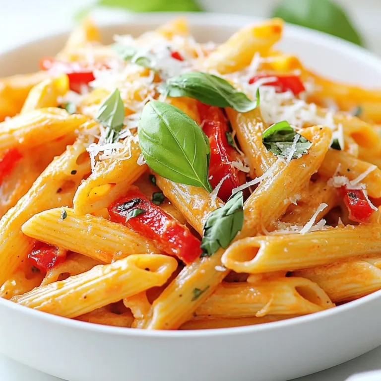 To make Roasted Red Pepper Penne, gather these items: - 12 oz penne pasta - 2 large red bell peppers, roasted and peeled - 1 cup heavy cream - 1/2 cup fresh basil leaves, chopped - 1/4 cup grated Parmesan cheese - 2 cloves garlic, minced - 2 tablespoons olive oil - 1 teaspoon red pepper flakes (optional for heat) - Salt and pepper to taste - Fresh basil leaves for garnish Using fresh ingredients makes a big difference in flavor. Fresh red peppers add sweetness and depth. They create a rich and vibrant sauce. Fresh basil brings a bright aroma, enhancing every bite. The heavy cream gives the dish its creamy texture. This combination ensures a delicious meal that feels special. If you have dietary needs, you can make swaps. For a lighter version, try low-fat cream instead of heavy cream. If you are dairy-free, use coconut cream or a nut-based cream. For gluten-free eaters, choose gluten-free penne pasta. If you want a vegan option, use plant-based cheese and skip the cream. These swaps can keep the dish tasty while meeting your needs. {{ingredient_image_1}} To start, we need to roast the red bell peppers. You can do this under a broiler or on a grill. Place the peppers on the grill or a baking sheet. Turn them often until the skin gets charred and blistered. This should take about 15 minutes. Once roasted, put the peppers in a bowl. Cover the bowl with plastic wrap. Let them steam for about 10 minutes. This helps loosen the skin. After steaming, peel off the skin. Discard the seeds and chop the peppers into small pieces. Next, grab a large pot and fill it with water. Add salt to the water and bring it to a boil. Once boiling, add the penne pasta. Cook it according to the package instructions until it is al dente. This usually takes around 10-12 minutes. When the pasta is done, drain it in a colander and set it aside. Now, we move to the sauce. Take a blender or food processor. Add the roasted red peppers, heavy cream, fresh basil leaves, and minced garlic. Also, add the grated Parmesan cheese, and a pinch of salt and pepper. Blend all these ingredients until smooth and creamy. This sauce is rich and full of flavor. In a large skillet, heat the olive oil over medium heat. Once hot, pour in the creamy red pepper sauce. Let it simmer for about 5 minutes. Stir it occasionally to keep it from sticking. After the sauce warms up, add the cooked penne pasta to the skillet. Toss the pasta well, making sure each piece is coated in the sauce. If you like some heat, sprinkle in red pepper flakes. Finally, taste the dish and adjust the salt and pepper if needed. Serve hot, and don’t forget to garnish with fresh basil leaves and some extra Parmesan cheese if you want! Roasting peppers gives them a rich taste. Here are my best tips for perfect roasting: - Choose fresh peppers: Look for firm, shiny red bell peppers. - Use high heat: A broiler or grill works best. - Rotate often: Keep turning the peppers until the skin chars evenly. - Steam post-roasting: Place them in a bowl and cover with plastic wrap. This helps the skin come off easily. After roasting, let the peppers cool. This makes peeling easier. Then, chop them for your sauce. Cooking pasta right is key for this dish. Here’s how to get it just right: - Use plenty of water: A large pot helps the pasta move freely. - Salt the water: This adds flavor to the pasta as it cooks. - Follow package time: Check the pasta after the suggested time for al dente. - Do not rinse: Rinsing removes the starch. This helps the sauce stick. Drain the pasta but save some cooking water. You can add it to the sauce later for a creamier texture. To elevate your creamy sauce, try these suggestions: - Add spices: A pinch of red pepper flakes gives a nice kick. - Mix in more herbs: Fresh parsley or oregano can brighten the flavor. - Use different cheeses: Swap Parmesan for goat cheese or feta for a twist. - Add protein: Toss in grilled chicken or shrimp for a hearty meal. These enhancements make your Roasted Red Pepper Penne even more delightful. Enjoy experimenting with flavors! Pro Tips Roasting Peppers Perfectly: Ensure even roasting by turning the red bell peppers frequently while they are under the broiler or on the grill. This prevents burning on one side and ensures a consistent charred flavor. Blending for Creaminess: For an ultra-smooth sauce, blend the ingredients until completely creamy, and consider adding a splash of pasta water to loosen the sauce if it becomes too thick. Seasoning to Taste: Always taste the sauce after adding the pasta and adjust the seasoning as needed. A pinch of salt can elevate the flavors significantly. Garnishing Wisely: Fresh basil is not only for garnish but enhances the dish’s flavor. Tear the basil leaves instead of chopping to release more essential oils and aroma. {{image_2}} You can easily add protein to your roasted red pepper penne. Grilled chicken pairs well with the creamy sauce. Just cube cooked chicken and mix it in. Shrimp also works great. Sauté shrimp in olive oil until they turn pink, then toss them with the pasta. For a heartier meal, consider adding sautéed sausage or even tofu for a vegetarian option. These proteins boost flavor and make the dish more filling. If you want a vegan version, swap out the cream and cheese. Use coconut cream or cashew cream for a rich texture. Nutritional yeast can replace Parmesan cheese, adding a cheesy flavor without dairy. Choose a plant-based pasta too. You can still enjoy that creamy sauce without animal products. Garnish with fresh basil for added flavor and color. To level up the flavor, try adding spices and herbs. Fresh herbs like thyme or oregano brighten the dish. A pinch of paprika or smoked paprika can add depth and warmth. For heat, increase the red pepper flakes. You can also squeeze in some lemon juice for a zing. Experiment with your favorite herbs to create a unique twist on this creamy delight! After you enjoy your Roasted Red Pepper Penne, store any leftovers in an airtight container. Allow the pasta to cool to room temperature first. Then, seal the container and place it in the fridge. It will stay fresh for about 3 to 4 days. Make sure to label it with a date for easy reference. When you're ready to eat the leftovers, you have a few options. The microwave works well for quick reheating. Place the pasta in a microwave-safe bowl and heat in short bursts, stirring in between. You could also reheat it on the stove. Add a splash of cream or water to a skillet, then add the pasta. Heat over low until warm, stirring often to prevent sticking. If you want to freeze your Roasted Red Pepper Penne, start by letting it cool completely. Transfer the pasta into a freezer-safe container or a zip-top bag. This dish can last in the freezer for up to 3 months. When you’re ready to eat, thaw it overnight in the fridge. Reheat it using the microwave or stove as outlined above for a tasty meal anytime. You can pair this dish with a fresh salad. A simple mixed greens salad works great. Add some cherry tomatoes and cucumbers for crunch. A light vinaigrette adds a nice touch. Garlic bread is another tasty option. It soaks up the creamy sauce well. For protein, grilled chicken or shrimp makes a perfect match. You can even serve it with a glass of white wine for a lovely meal. To spice up your penne, add more red pepper flakes. Start with a teaspoon and taste as you go. If you want more heat, double it. You can also add diced jalapeños or a dash of hot sauce. Another great way is to use spicy Italian sausage. Sauté the sausage before mixing it with the pasta. Remember, you can always adjust the spice level to your taste! Yes, jarred roasted red peppers work well in this recipe. They save time and still offer great flavor. Rinse them under cold water to remove excess oil. Pat them dry before blending. You can use about 2 cups of jarred peppers. This swap will still give you a creamy and tasty dish. It’s a great option for busy cooks! This blog covered how to make a fresh and tasty roasted red pepper penne. We explored key ingredients, cooking steps, and helpful tips. You learned how to make substitutions for your dietary needs and add proteins or vegan options. Don't forget proper storage for leftovers. With these simple steps, you can enjoy a delicious meal anytime. Try it out and let the flavors inspire your cooking journey!