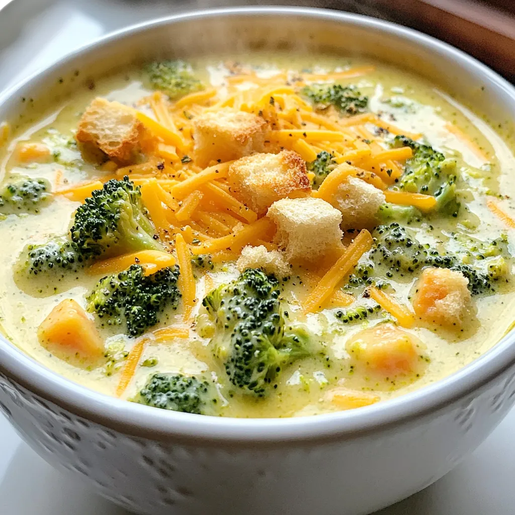 - 2 cups fresh broccoli florets - 1 cup diced carrots - 1 medium chopped onion - 3 cloves minced garlic - 4 cups vegetable broth - 1 cup heavy cream (or coconut cream) - 2 cups grated sharp cheddar cheese - 1 teaspoon Dijon mustard - 1 teaspoon thyme (dried or fresh) - Salt and pepper to taste - 2 tablespoons olive oil - 2 tablespoons all-purpose flour (or gluten-free flour) - Optional: croutons and extra cheese for garnish Gathering these ingredients is key to making a rich, creamy soup. Fresh broccoli florets offer a bright color and taste. Diced carrots not only add sweetness but also enhance the texture. Chopped onion and minced garlic create a savory base. For a hearty soup, use vegetable broth. Heavy cream or coconut cream adds smoothness, while grated sharp cheddar gives a cheesy kick. Dijon mustard adds depth, and thyme provides an earthy aroma. Don’t forget salt and pepper to enhance all the flavors. Olive oil keeps everything moist as you cook. The flour helps thicken the soup. If you want a twist, consider adding croutons and extra cheese on top! These ingredients combine to create a warm, satisfying dish perfect for any occasion. {{ingredient_image_1}} - Sauté onions and garlic - Add vegetables and flour - Incorporate broth and simmer - Blend the soup - Finish with cream and cheese 1. Heat 2 tablespoons of olive oil in a large pot over medium heat. Add 1 medium chopped onion. Cook it for about 3-4 minutes until it turns clear. 2. Next, add 3 minced garlic cloves. Cook for 1 minute until you smell the garlic. 3. Stir in 1 cup of diced carrots and 2 cups of fresh broccoli florets. Cook for 5 minutes. You want them soft but not mushy. 4. Sprinkle 2 tablespoons of all-purpose flour over the veggies. Stir well to coat everything. Cook this for 1-2 minutes to get rid of the raw flour taste. 5. Gradually pour in 4 cups of vegetable broth while stirring. This helps to avoid lumps. Bring this to a boil. Once boiling, lower the heat and let it simmer for 15 minutes. The veggies should be tender by now. 6. Use an immersion blender to blend the soup until smooth. If you don't have one, carefully transfer it to a blender in small batches. 7. Now, stir in 1 cup of heavy cream and 2 cups of grated sharp cheddar cheese. Mix until the cheese melts. Add 1 teaspoon of Dijon mustard and 1 teaspoon of thyme. Season with salt and pepper to your taste. 8. If you prefer a thicker soup, let it simmer for another 5 minutes. 9. Serve the soup hot. You can add croutons and more cheese on top if you like. To achieve the best blend, use an immersion blender. It makes the process easy and quick. You can also use a traditional blender, but be careful. Hot soup can splash and burn you. For a creamier texture, add more heavy cream or coconut cream. You can also let the soup simmer longer. This adds depth and richness to the flavor. Spices can enhance your soup. Try adding a pinch of nutmeg or cayenne pepper. These spices give your soup a warm kick. If you want a dairy-free soup, use coconut cream instead of heavy cream. For cheese, try nutritional yeast. It adds a cheesy flavor without dairy. You can also swap in other vegetables. Spinach or kale can boost nutrition. They add color and taste too. For a gluten-free option, use gluten-free flour. It thickens the soup just like regular flour. You may notice a slight change in texture, but it will still be delicious. Pro Tips Choosing the Right Cheese: Use a sharp cheddar for a richer flavor, but feel free to experiment with other cheeses like Gruyère or a blend for a unique twist. Vegan Option: Substitute heavy cream with coconut cream for a vegan version without sacrificing creaminess. This adds a lovely tropical flavor! Prepping Ahead: You can prepare the soup base in advance and store it in the fridge. Just reheat and add the cream and cheese when ready to serve. Texture Preference: For a chunkier soup, reserve some cooked broccoli and carrots before blending, and stir them back in after blending for added texture. {{image_2}} You can easily switch up the flavor of your creamy broccoli cheddar soup. Here are a few ideas: - Adding protein: Try adding cooked chicken for a hearty meal. Tofu is a great option too for a plant-based choice. Just toss in diced pieces when you blend the soup. - Spice it up: If you enjoy heat, add chili powder or cayenne pepper. A pinch can give your soup a nice kick without overpowering it. - Herb alternatives: Fresh herbs can brighten the soup. Oregano, basil, or parsley can all work well. Add them in when you stir in the cream and cheese. Seasonal ingredients can make your soup even better. Here are some great ideas: - Summer: Fresh tomatoes add a bright taste. Chop them up and throw them in with the broccoli for a colorful dish. - Winter: Root vegetables like potatoes or parsnips can add sweetness. Dice them and cook along with the carrots for a warming twist. - Fall: Pumpkin brings a lovely flavor and creaminess. Add it in when blending for a fun fall version of this soup. To keep your creamy broccoli cheddar soup fresh, follow these tips: - Refrigeration: Store the soup in an airtight container. It will last up to 3-4 days in the fridge. Make sure it cools down before sealing it. - Freezing: If you want to save it longer, freeze the soup in freezer-safe containers. It can stay fresh for 2-3 months in the freezer. Leave some space in the container for expansion. - Freshness: Always check for signs of spoilage before eating. If it smells off or has changed color, it's best to toss it. You can easily reheat your soup using these methods: - Stovetop: Pour the soup into a pot. Heat it on medium-low. Stir often to prevent sticking. This method keeps the texture nice. - Microwave: Use a microwave-safe bowl. Heat in 1-minute intervals, stirring in between. This helps the soup heat evenly. To maintain the soup’s creamy texture, add a splash of water or broth if it thickens too much. Enjoy the rich flavors as they warm up! Can I make this soup vegan? Yes, you can easily make this soup vegan. Replace the heavy cream with coconut cream. Use vegan cheese instead of sharp cheddar. These swaps keep the soup rich and creamy. How can I thicken my soup without flour? You can thicken the soup by pureeing some of the vegetables. Use an immersion blender. This makes the soup smooth and creamy without extra flour. You can also add a mashed potato for thickness. Is there a low-carb option for this recipe? Yes, to make a low-carb version, skip the carrots. Use cauliflower instead for a great taste. The soup will still be creamy and flavorful without the extra carbs. Can I use frozen broccoli instead of fresh? Yes, frozen broccoli works well in this soup. Just add it directly to the pot. It cooks down nicely and saves you prep time. What cheese works best if I want a different flavor? Try using gouda or gruyère cheese for a different taste. Both melt well and add a nice depth of flavor. How can I adjust the recipe for more servings? To serve more people, double the ingredients. This way, you keep the same balance of flavors. Just make sure your pot is large enough to hold everything. This blog post guides you in making a healthy broccoli soup. We covered essential ingredients, preparation steps, and helpful tips. Remember to blend well for a smooth texture and adjust flavors to your taste. Try adding proteins or seasonal veggies to change things up. Store leftovers properly for future enjoyment. Now, get cooking and enjoy a delicious bowl of soup that warms your soul!